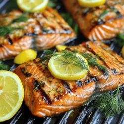 For a delicious Lemon Dill Grilled Salmon, gather these key items: - 4 salmon fillets (6 oz each) - 2 tablespoons extra virgin olive oil - 2 tablespoons freshly squeezed lemon juice - Zest of 1 medium lemon - 2 tablespoons fresh dill, finely chopped - 2 cloves garlic, minced - Sea salt and freshly ground black pepper to taste - Lemon slices for garnish These ingredients create a bright and fresh taste. The lemon juice adds a zing, while dill brings an herby note. Fresh garlic boosts the flavor and aroma. You can add some items to make your dish even better: - 1 tablespoon honey (for a touch of sweetness) - 1 teaspoon Dijon mustard (for a bit of tang) - 1 teaspoon red pepper flakes (for some heat) These optional ingredients can elevate your salmon. Honey balances the tartness, while mustard adds depth. Red pepper flakes give it a spicy kick. To make a full meal, consider these sides: - Mixed greens - Roasted vegetables (like asparagus or bell peppers) - Quinoa or rice - Garlic bread These sides complement the salmon well. Mixed greens add crunch, while roasted vegetables bring color. Quinoa or rice provide a hearty base. You can even serve the salmon on a bed of greens for a nice look. For the full recipe, check out the details above. To start, I mix my marinade. In a small bowl, combine these ingredients: - 2 tablespoons extra virgin olive oil - 2 tablespoons freshly squeezed lemon juice - Zest of 1 medium lemon - 2 tablespoons fresh dill, finely chopped - 2 cloves garlic, minced - Sea salt and freshly ground black pepper to taste Whisk these together until smooth. This blend is key to flavoring the fish. Next, I prepare the salmon fillets. I use 4 salmon fillets, each about 6 ounces. I place them in a shallow dish or a resealable bag. Pour the marinade over the salmon, ensuring every piece is well coated. Cover or seal and refrigerate for at least 30 minutes. This time helps the flavors soak in. I often let it marinate longer for a deeper taste. For grilling, I preheat the grill to medium-high, about 400°F (200°C). I oil the grill grates with a paper towel soaked in cooking oil. This step keeps the salmon from sticking. Once the grill is ready, I take the salmon out of the marinade. I let any extra marinade drip off. I place the fillets skin-side down on the grill. I grill them for 5-7 minutes without moving them. Then, I gently flip them with a spatula. I continue grilling for another 4-5 minutes. The salmon is done when it looks opaque and flakes easily with a fork. After grilling, I remove the salmon and let it rest for a few moments. This helps the juices settle. Serve the salmon hot, garnished with fresh lemon slices. You can also add extra chopped dill for a bright look. For the full recipe, check out the complete guide! To keep salmon from sticking, oil the grill grates well. Use a paper towel soaked in cooking oil. Wipe down the grates before heating them. This simple step helps create a non-stick surface. Always preheat the grill to medium-high heat first. A hot grill sears the fish quickly, which also prevents sticking. To check if salmon is done, use a fork. Gently poke the thickest part of the fillet. If it flakes easily, it is ready. The color should change from bright pink to a more opaque hue. You can also use a meat thermometer. The ideal internal temperature for salmon is 145°F (63°C). You can boost flavor by adding more herbs. Fresh parsley, chives, or tarragon work well with salmon. Try mixing these into the marinade for more depth. You can also sprinkle herbs on top after grilling. This adds a fresh touch and a burst of color. Experiment with your favorite herbs to find your perfect blend. {{image_4}} You can add honey for a sweet twist. Just mix in 1-2 tablespoons of honey with the marinade. This step adds a nice balance between sweet and tangy. The honey caramelizes on the grill, giving the salmon a lovely glaze. It’s perfect for those who enjoy a hint of sweetness in their meals. If you love heat, try adding red pepper flakes or cayenne pepper. Mix 1 teaspoon of either into your marinade. This spice level makes each bite exciting and bold. You can adjust the amount to suit your taste. The heat pairs well with the fresh lemon and dill flavors, creating a vibrant dish. You can also bake this salmon if you prefer. Preheat your oven to 400°F (200°C). Place the marinated salmon on a lined baking sheet. Bake for 12-15 minutes until the fish flakes easily. This method works well when the weather doesn’t allow for grilling. It still brings out those lovely flavors from the marinade. For the full recipe, view the preparation steps and details. You can store leftover salmon in an airtight container. Make sure it cools first. Place it in the fridge for up to three days. If you want it to last longer, consider freezing it. To reheat, use your oven or a skillet. Preheat the oven to 275°F (135°C). Place the salmon on a baking sheet and cover it with foil. Heat it for about 15 minutes. If using a skillet, add a bit of oil and gently warm the salmon over medium heat. This helps keep it moist. If you want to freeze the salmon, wrap each piece tightly in plastic wrap. Then, place the wrapped salmon in a freezer bag. It can stay fresh for up to three months. When you are ready to eat it, thaw it overnight in the fridge before reheating. For more details, check the Full Recipe. The best salmon for grilling is wild-caught sockeye or king salmon. These types have rich flavor and firm texture. Farmed salmon also works well, but it may have more fat. Look for bright color and shiny skin when buying. Choosing fresh salmon makes a big difference in taste. Yes, you can use dried dill. However, fresh dill has a brighter taste. Use about one-third of the amount if using dried. Fresh herbs bring out the flavors better, so I recommend fresh when possible. Marinate salmon for at least 30 minutes. This allows flavors to soak in well. You can marinate it for up to 2 hours for more flavor. Avoid marinating for too long, as it can change the texture. Salmon is packed with omega-3 fatty acids, which are great for your heart. It also has high-quality protein, which helps build muscle. Salmon is rich in vitamins B12 and D. Eating salmon can boost your mood and brain health, too. Great sides for lemon dill grilled salmon include: - Steamed asparagus - Roasted vegetables - Quinoa salad - Couscous with herbs - Mixed greens with lemon vinaigrette These sides complement the fresh flavors of the salmon. You can find more ideas in the Full Recipe section. Lemon dill grilled salmon is simple and tasty. We covered key ingredients and how to marinate properly. You learned grilling tips, like preventing sticking and checking doneness. We also explored flavor variations and storage methods. With this knowledge, you can impress at your next meal. Enjoy cooking and experimenting with this delicious dish. Your salmon will stand out and leave everyone wanting more.