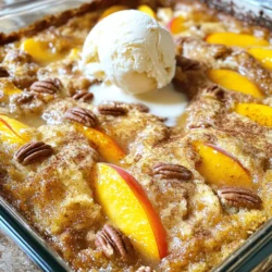 - 2 cans (15 oz each) sliced peaches in syrup - 1 box yellow cake mix - 1/2 cup unsalted butter, melted Peach Cobbler Dump Cake is simple yet delightful. The main ingredients create a wonderful balance of sweet and buttery flavors. You start with the peaches, which bring juicy goodness to the dish. The yellow cake mix gives structure and a lovely texture. The melted butter helps everything bind together and forms a beautiful crust. - 1 tsp ground cinnamon - 1/2 tsp ground nutmeg - 1 cup pecans, roughly chopped (optional) Adding spices like cinnamon and nutmeg enhances the flavor of the cake. They add warmth and depth, making each bite more enjoyable. If you like a bit of crunch, sprinkle in some pecans. They are optional but add a nice touch. You can also mix in other spices if you want more flavor. - Vanilla ice cream (for serving) Serving this cake warm with vanilla ice cream is a must. The cold ice cream melts slightly on the hot cake, creating a delicious mix. It’s a classic pairing that everyone loves. This contrast makes each bite even more satisfying. For the full recipe, check out the details above. Enjoy making this Peach Cobbler Dump Cake! 1. Preheat your oven to 350°F (175°C). This step is key for even baking. 2. Get a 9x13 inch baking dish ready. You can grease it lightly if you like. 1. Open one can of peaches and drain the slices. Keep the syrup from the second can. 2. Spread the drained peach slices evenly in the baking dish. This forms the base layer. 3. Pour the syrup from the second can over the peaches. It adds extra sweetness and flavor. 1. In a bowl, combine ground cinnamon and nutmeg with the yellow cake mix. This gives a warm flavor. 2. Sprinkle the cake mix evenly over the peaches. Make sure it covers them well. 3. Drizzle the melted butter across the cake mix. This helps it bake into a crust. 1. If you want, sprinkle pecans on top for a nice crunch. This is optional. 2. Place the dish in the oven and bake for 45-50 minutes. Look for a golden brown top. You can find the full recipe for Peach Cobbler Dump Cake in the section above. Enjoy your delicious creation! To get the best texture, evenly distribute the melted butter. This step makes sure every bite is soft and tasty. If you like a softer cake, bake it a bit less. For a crispier top, add a few extra minutes to the bake time. You can boost the flavor with spices. Try adding a pinch of allspice or ginger. Fresh peaches bring a brighter taste than canned ones. If you choose fresh peaches, slice them thin for even cooking. Pair your Peach Cobbler Dump Cake with sweet tea or lemonade. The light drink balances the cake's sweetness. For ice cream, vanilla is classic, but you can also try peach or cinnamon flavors. These choices add fun twists to every scoop. {{image_4}} You can switch up the fruit in your Peach Cobbler Dump Cake. Try using blueberries or cherries for a fun twist. These fruits add a nice burst of flavor and color. You can also mix different fruits together. For example, try combining peaches with blackberries or raspberries. This blend creates a sweet and tangy taste that everyone will love. If you need a gluten-free option, look for a gluten-free cake mix. Many brands offer good choices that taste great. You can find these mixes at most grocery stores. For a dairy-free option, use a dairy-free butter. Many brands make butter substitutes from plants, like coconut or almond. These will work well in your dump cake. Want to add some crunch? Nuts are a great choice! You can use pecans, walnuts, or almonds. Just chop them roughly and sprinkle them on top. This adds a lovely texture to your cake. For creaminess, consider using whipped cream instead of ice cream. This change can make your dessert feel lighter and more airy. You can also try flavored whipped creams for a twist. If you want the full recipe for Peach Cobbler Dump Cake, check out the complete guide for more tips! To keep your Peach Cobbler Dump Cake fresh, refrigerate it. First, let the cake cool at room temperature. Next, cover it tightly with plastic wrap. You can also use a lid if your dish has one. This helps to keep moisture in and odors out. For best results, use glass or plastic containers. These containers seal well and protect the cake from drying out. When you want to enjoy your cake again, reheating is easy. The best way is to use an oven. Preheat the oven to 350°F (175°C). Place the cake in an oven-safe dish. Cover it with foil to prevent it from getting too dry. Heat for about 15 to 20 minutes. If you prefer the microwave, use a microwave-safe plate. Heat in short bursts of 30 seconds. Check after each burst to avoid overheating. If you have more cake than you can eat, freezing is a great option. To freeze leftovers, let the cake cool completely. Cut it into single servings for easy thawing. Wrap each piece tightly in plastic wrap. Then, place the wrapped pieces in a freezer-safe bag or container. For the best taste, eat it within three months. When you're ready to enjoy it, take a piece out and let it thaw in the fridge overnight. You can also thaw it at room temperature for a few hours. Enjoy your Peach Cobbler Dump Cake as good as new! A dump cake is a simple dessert. You layer ingredients in a dish and bake it. You don’t need to mix or stir. This makes it fast and easy. The name comes from "dumping" the ingredients in the dish. You can use fruits, cake mix, and butter. It creates a sweet, gooey treat. Yes, you can use fresh peaches! Fresh peaches give a bright flavor. Slice and peel the peaches before using them. You will need about 6 to 8 fresh peaches. If they are not very sweet, add some sugar. Keep in mind that fresh peaches may need more time to cook. Peach Cobbler Dump Cake lasts for about 3 to 4 days in the fridge. Store it in an airtight container. It may lose some texture after a day or two. You can also freeze it for up to 3 months. Let it cool before freezing, then wrap it well. You can prepare this recipe ahead of time. Layer the ingredients and cover the dish. Keep it in the fridge for up to 24 hours before baking. When you are ready, just pop it in the oven. This makes it perfect for parties or gatherings. Yes, you can make this cake dairy-free! Use a dairy-free butter substitute. There are many brands available that taste great. You can also try coconut oil for a different flavor. Just ensure that your cake mix is dairy-free too. This blog post covered the Peach Cobbler Dump Cake recipe in detail. You learned about key ingredients, like peaches and cake mix, along with preparation tips. I shared ways to enhance flavor and texture. You can also explore variations using different fruits and dietary options. In my view, this cake is simple and rewarding. It’s perfect for gatherings or dessert cravings. Whether fresh or canned, you’ll enjoy the taste. Happy baking!