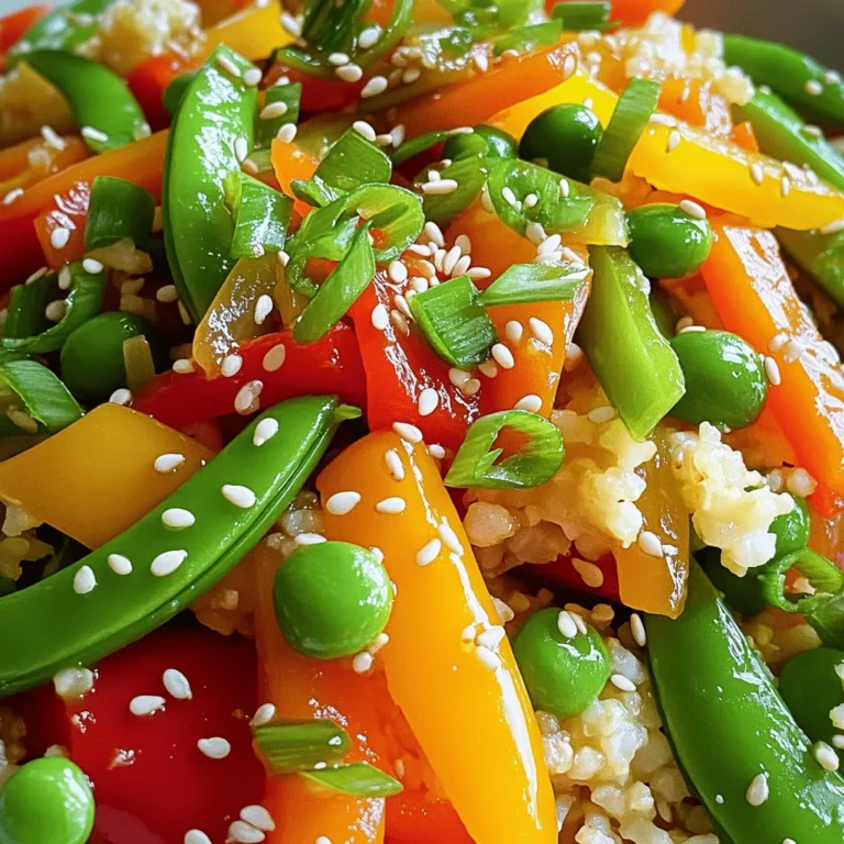 To make a tasty cauliflower rice stir-fry, you need a few key ingredients: - 1 medium head of cauliflower, grated or processed into rice-sized pieces - 1 cup mixed bell peppers, diced (red, yellow, and green) - 1 cup snap peas, trimmed - 1 medium carrot, julienned - 1/2 cup green onions, sliced - 3 cloves garlic, finely minced - 2 tablespoons fresh ginger, minced - 2 tablespoons soy sauce (or tamari for a gluten-free option) - 1 tablespoon sesame oil - 1 tablespoon olive oil - Salt and freshly cracked black pepper to taste - Sesame seeds for garnish - Optional: 1/2 cup cubed tofu or cooked chicken for added protein If you have allergies or dietary concerns, there are great substitutes. For soy sauce, use coconut aminos or liquid aminos. If you're avoiding gluten, tamari is a perfect choice. For oil, swap sesame oil with avocado oil for a different flavor. You can also replace tofu with chickpeas or skip protein for a lighter dish. To make your stir-fry even tastier, consider adding these options: - A splash of lime juice for brightness - Chopped cilantro for a fresh touch - Crushed red pepper flakes for heat - Chopped nuts like cashews or almonds for crunch By mixing and matching these ingredients, you can create a unique dish each time you cook. For the full recipe, check out the detailed steps provided. To make cauliflower rice, start with a medium head of cauliflower. Remove the leaves and stem first. Break the cauliflower into smaller florets. Place the florets in a food processor. Pulse them until they look like rice grains. You want them to be small and fluffy. Once done, set the cauliflower rice aside in a bowl. Next, grab a large non-stick skillet or wok. Heat two tablespoons of olive oil over medium-high heat. Wait until the oil shimmers, then add three cloves of minced garlic and two tablespoons of minced ginger. Sauté for about 30 seconds. Stir constantly to keep them from burning. You'll know it’s ready when the kitchen smells amazing. Now it’s time for the veggies. Add one cup of diced bell peppers and one medium julienned carrot to the skillet. Stir-fry these colorful vegetables for about 3-4 minutes. You want them to soften a bit but still have some crunch. After that, toss in one cup of trimmed snap peas. Stir-fry for another 2 minutes. Mix everything well. Now, it's time to bring it all together. Add the cauliflower rice to the skillet. Mix it thoroughly with the vegetables. Cook for about 5-7 minutes. Stir frequently until the cauliflower is tender but not mushy. Drizzle two tablespoons of soy sauce and one tablespoon of sesame oil over the mix. Stir to coat all the ingredients well. Finally, season with salt and freshly cracked black pepper to taste. If you want added protein, fold in half a cup of cubed tofu or cooked chicken during the last 2 minutes of cooking. Remove the skillet from heat. Garnish with sliced green onions and sesame seeds. Serve your delicious cauliflower rice stir-fry in individual bowls for a bright and appetizing meal. For the full recipe, check out the earlier section! To get the best cauliflower rice, start with a fresh head of cauliflower. Remove the leaves and stem, then break it into smaller florets. Use a food processor to pulse the florets until they look like rice grains. Avoid over-processing; you want small, fluffy pieces, not mush. If you don’t have a food processor, you can grate the cauliflower using a box grater. To boost the flavor, add some extra seasonings. Try a splash of lime juice or a sprinkle of chili flakes for heat. Fresh herbs like cilantro or basil can give a bright taste. You can also use coconut aminos instead of soy sauce for a sweeter flavor. Remember, the key is to taste as you go. This helps you find the balance that suits your palate. Save time by prepping your veggies in advance. Chop your bell peppers, carrots, and green onions the day before. Store them in airtight containers in the fridge. You can also make the cauliflower rice ahead of time. Just keep it in a sealed bag or container until you’re ready to cook. This way, you can whip up your Cauliflower Rice Stir-Fry in no time. Want to know more? Check out the Full Recipe for extra tips! {{image_4}} You can easily make this dish vegan. Simply skip the chicken or tofu. Instead, use chickpeas or tempeh for protein. Both add great texture and taste. You can also add more veggies, like mushrooms or zucchini. They boost flavor and nutrition. Use coconut aminos instead of soy sauce for a sweeter touch. If you want more protein, you have many options. Cubed tofu works well and absorbs flavors nicely. You can also use cooked chicken, shrimp, or beef. Just add them in the last few minutes of cooking. This way, they heat up without getting overcooked. Seasonal veggies can spice up your stir-fry. In spring, use asparagus or green beans. Summer calls for corn or eggplant. In fall, try butternut squash or Brussels sprouts. Winter is great for root veggies like carrots and parsnips. Using seasonal vegetables not only adds flavor but also keeps your meal fresh and exciting. Check the Full Recipe for more ideas! To store your leftover cauliflower rice stir-fry, let it cool first. Place it in an airtight container. This keeps the dish fresh. You can store it in the fridge for up to three days. Make sure to use a clean spoon when serving to avoid any bacteria. For reheating, you have a few good options. You can use the microwave for quick warmth. Just cover the dish with a damp paper towel to keep it moist. Heat in 30-second bursts until warm. Alternatively, you can reheat in a skillet over medium heat. Add a splash of water to steam it slightly and keep it tender. If you want to freeze your stir-fry, it works well! Pack it in a freezer-safe container. Leave some space at the top as the food will expand. It can last up to three months in the freezer. When you're ready to eat, thaw it in the fridge overnight. Reheat it on the stove or in the microwave. Enjoy a quick, healthy meal anytime! For the full recipe, check the earlier section. Yes, you can use frozen cauliflower rice. It saves time and cooks quickly. Just add it straight to the pan without thawing. This will keep the stir-fry fast and easy. Frozen cauliflower rice can have a softer texture, so watch the cooking time. You can use tamari for gluten-free options. Coconut aminos is another great choice. It’s a bit sweeter and less salty. If you want a homemade option, mix water with a bit of vinegar and a pinch of salt. This can mimic the salty flavor of soy sauce. Cauliflower rice lasts about 3 to 5 days in the fridge. Store it in an airtight container to keep it fresh. If you notice any moisture, pat it dry with a paper towel. This helps prevent spoilage and keeps your meal prep easy. Yes, you can make this dish ahead of time. Cook it fully and store it in the fridge. Reheat it in a pan or microwave when you’re ready to eat. The flavors will blend even more, making it taste great. Just remember to add fresh toppings like green onions when serving. For the full recipe, check the previous section. Cauliflower rice stir-fry is quick, healthy, and easy to customize. You learned about essential ingredients, substitutes, and flavorful add-ins. Following the step-by-step guide, you can prepare a tasty dish in no time. Remember the tips for perfect texture and seasoning. Explore variations with vegan options and proteins for diverse meals. Lastly, proper storage ensures your leftovers stay fresh. Embrace this versatile dish; it's a great addition to your meals. Enjoy your cooking!