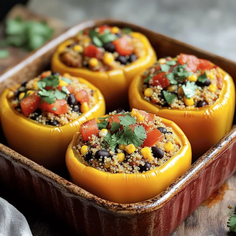 - 4 large bell peppers (any vibrant color) - 1 cup quinoa, thoroughly rinsed - 2 cups vegetable broth - 1 can black beans, rinsed and drained - 1 cup corn kernels (fresh or frozen) - 1 small red onion, finely diced - 2 cloves garlic, minced - 1 tablespoon olive oil - 1 teaspoon ground cumin - 1 teaspoon smoked paprika - Sea salt and pepper, to taste - 1 cup diced tomatoes - Fresh cilantro or parsley leaves When I make stuffed bell peppers with quinoa, I love choosing colorful peppers. The vibrant hues make the dish look lively and fun. You can use red, yellow, or green peppers. Each one adds its own unique taste. Next, I prepare the quinoa. Rinsing it is key. This step removes bitterness and helps the grains cook perfectly. I like to use vegetable broth instead of water. It adds extra flavor to the quinoa. Black beans are another star of this dish. They add protein and fiber, making the meal hearty. I always rinse and drain the beans to keep things fresh. Corn kernels, whether fresh or frozen, bring a sweet crunch that balances the flavors. Now, I move on to the aromatics. A small red onion and garlic are essential. When they sauté in olive oil, they create a warm, inviting aroma. The spices—ground cumin and smoked paprika—add depth. A little sea salt and pepper elevate all the flavors. Finally, I garnish the peppers with diced tomatoes and fresh herbs like cilantro or parsley. This adds a burst of freshness. Each ingredient plays a role in creating a delicious and healthy meal. For the full recipe, check out the details provided! - Preheat the oven to 375°F (190°C). - Prepare quinoa: Bring vegetable broth to a boil and add quinoa. First, let’s get started by preheating the oven. This step ensures that our stuffed peppers cook perfectly. Next, bring the vegetable broth to a rolling boil in a medium saucepan. Once boiling, stir in the rinsed quinoa, then reduce the heat to low. Cover the saucepan and let it simmer for about 15 minutes. This will make the quinoa fluffy and delicious. - Sauté onion: Heat olive oil, add diced onion, and garlic. - Mix ingredients: Combine quinoa, onion mixture, beans, corn, tomatoes, and spices. While the quinoa cooks, heat olive oil in a skillet over medium heat. Add the diced onion and sauté for about 3–4 minutes until it turns soft and clear. Then, add minced garlic and cook for another minute until it smells amazing. In a large bowl, mix the fluffy quinoa, sautéed onion and garlic, black beans, corn, diced tomatoes, cumin, smoked paprika, and a pinch of salt and pepper. Stir well to blend all the flavors. - Prep the peppers: Cut off tops and remove seeds. - Stuff and bake: Pack quinoa mixture into peppers, cover with foil, and bake for 25 minutes. Now it’s time to prep the bell peppers. Cut off the tops and remove the seeds. Arrange them cut side up in a baking dish. Next, generously stuff each pepper with the quinoa mixture. Press it down lightly to pack it in. Cover the dish with aluminum foil to keep the moisture in, and bake in the preheated oven for 25 minutes. After 25 minutes, take off the foil and bake for an extra 10 minutes. The peppers should be tender and slightly charred. Enjoy the delightful aroma filling your kitchen as they bake! - Always rinse quinoa to remove its natural bitterness. This step is key for flavor. - Choose bell peppers in different colors for a bright, inviting dish. It makes serving fun! - For a cheesy touch, sprinkle cheese on top before the final bake. It melts beautifully! - Add a drizzle of lime juice or your favorite hot sauce for a flavor kick. - Pair stuffed peppers with a fresh side salad or your favorite dipping sauce. It balances the meal. - Serve with creamy avocado slices or guacamole for a delicious complement. I love to experiment with these tips when making stuffed peppers. Each choice adds a layer of flavor and fun! For the complete recipe, check out the Full Recipe section. {{image_4}} You can change up the recipe easily. Instead of quinoa, try brown rice or couscous. These grains give a great texture. If you want to switch the black beans, lentils or kidney beans work well too. Each swap adds a unique taste. To make it vegan, choose plant-based cheese or leave out the cheese. You can also boost the filling by adding veggies like zucchini or spinach. These extra veggies not only add color but also more nutrients. Want to mix things up? Add taco seasoning for a fun Mexican twist. It brings a punch of flavor. For a Mediterranean vibe, incorporate feta cheese and olives. This gives a salty, rich taste that pairs well with the peppers. You can find the full recipe for stuffed bell peppers with quinoa above. After you finish cooking your stuffed peppers, let them cool completely before storing. This step helps keep them fresh. Place the peppers in an airtight container. They will stay good in the fridge for up to 4 days. This timing makes it easy to enjoy leftovers. If you want to save some for later, wrap each stuffed pepper in plastic wrap. This helps keep them from getting freezer burn. You can freeze them for up to 3 months. When you want to eat them, just thaw them in the fridge overnight. This method ensures they stay tasty and safe. To reheat, the oven is the best choice. Set it to 350°F (175°C) and warm the peppers until they are heated through. This will keep them from getting soggy. If you need a quicker option, use the microwave. Heat individual servings for a fast meal. Enjoy your stuffed peppers just like they were freshly made! Yes, you can assemble them a day in advance and bake when ready. This is a great way to save time on busy days. Just make sure to cover them well and store them in the fridge. When you’re ready, pop them in the oven to bake. Other options include farro, barley, or even rice. Each grain brings a unique taste and texture. Quinoa is my favorite for its nutty flavor and protein content, but feel free to experiment! Add diced jalapeños or use spicy seasonings in the filling. You can also sprinkle some chili flakes on top before baking. Spice adds a fun kick to your dish, making it even more exciting to eat! They should be tender and slightly charred on top, usually after 35-40 minutes total baking time. You can test them with a fork. If they feel soft, they are ready to enjoy! Stuffed peppers combine vibrant veggies and healthy grains for a tasty meal. We covered ingredients, cooking steps, and storage tips. These peppers are easy to customize with swaps, spices, and more. Enjoy this dish fresh or prepare it ahead for busy days. With endless variations, you can make them suit your style. Dive into this simple recipe and share it with friends. You’ll create a delicious and healthy meal everyone will love.