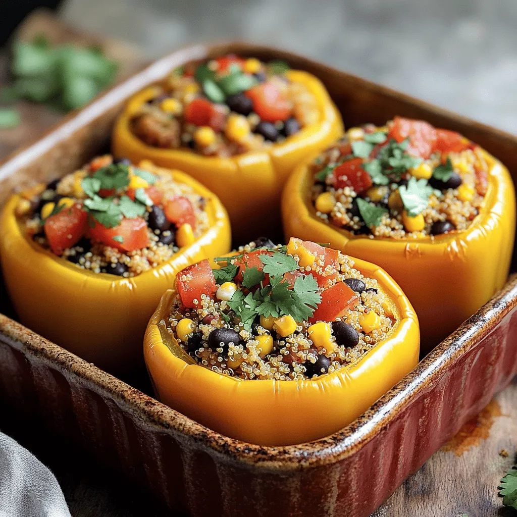 - 4 large bell peppers (any vibrant color) - 1 cup quinoa, thoroughly rinsed - 2 cups vegetable broth - 1 can black beans, rinsed and drained - 1 cup corn kernels (fresh or frozen) - 1 small red onion, finely diced - 2 cloves garlic, minced - 1 tablespoon olive oil - 1 teaspoon ground cumin - 1 teaspoon smoked paprika - Sea salt and pepper, to taste - 1 cup diced tomatoes - Fresh cilantro or parsley leaves When I make stuffed bell peppers with quinoa, I love choosing colorful peppers. The vibrant hues make the dish look lively and fun. You can use red, yellow, or green peppers. Each one adds its own unique taste. Next, I prepare the quinoa. Rinsing it is key. This step removes bitterness and helps the grains cook perfectly. I like to use vegetable broth instead of water. It adds extra flavor to the quinoa. Black beans are another star of this dish. They add protein and fiber, making the meal hearty. I always rinse and drain the beans to keep things fresh. Corn kernels, whether fresh or frozen, bring a sweet crunch that balances the flavors. Now, I move on to the aromatics. A small red onion and garlic are essential. When they sauté in olive oil, they create a warm, inviting aroma. The spices—ground cumin and smoked paprika—add depth. A little sea salt and pepper elevate all the flavors. Finally, I garnish the peppers with diced tomatoes and fresh herbs like cilantro or parsley. This adds a burst of freshness. Each ingredient plays a role in creating a delicious and healthy meal. For the full recipe, check out the details provided! - Preheat the oven to 375°F (190°C). - Prepare quinoa: Bring vegetable broth to a boil and add quinoa. First, let’s get started by preheating the oven. This step ensures that our stuffed peppers cook perfectly. Next, bring the vegetable broth to a rolling boil in a medium saucepan. Once boiling, stir in the rinsed quinoa, then reduce the heat to low. Cover the saucepan and let it simmer for about 15 minutes. This will make the quinoa fluffy and delicious. - Sauté onion: Heat olive oil, add diced onion, and garlic. - Mix ingredients: Combine quinoa, onion mixture, beans, corn, tomatoes, and spices. While the quinoa cooks, heat olive oil in a skillet over medium heat. Add the diced onion and sauté for about 3–4 minutes until it turns soft and clear. Then, add minced garlic and cook for another minute until it smells amazing. In a large bowl, mix the fluffy quinoa, sautéed onion and garlic, black beans, corn, diced tomatoes, cumin, smoked paprika, and a pinch of salt and pepper. Stir well to blend all the flavors. - Prep the peppers: Cut off tops and remove seeds. - Stuff and bake: Pack quinoa mixture into peppers, cover with foil, and bake for 25 minutes. Now it’s time to prep the bell peppers. Cut off the tops and remove the seeds. Arrange them cut side up in a baking dish. Next, generously stuff each pepper with the quinoa mixture. Press it down lightly to pack it in. Cover the dish with aluminum foil to keep the moisture in, and bake in the preheated oven for 25 minutes. After 25 minutes, take off the foil and bake for an extra 10 minutes. The peppers should be tender and slightly charred. Enjoy the delightful aroma filling your kitchen as they bake! - Always rinse quinoa to remove its natural bitterness. This step is key for flavor. - Choose bell peppers in different colors for a bright, inviting dish. It makes serving fun! - For a cheesy touch, sprinkle cheese on top before the final bake. It melts beautifully! - Add a drizzle of lime juice or your favorite hot sauce for a flavor kick. - Pair stuffed peppers with a fresh side salad or your favorite dipping sauce. It balances the meal. - Serve with creamy avocado slices or guacamole for a delicious complement. I love to experiment with these tips when making stuffed peppers. Each choice adds a layer of flavor and fun! For the complete recipe, check out the Full Recipe section. {{image_4}} You can change up the recipe easily. Instead of quinoa, try brown rice or couscous. These grains give a great texture. If you want to switch the black beans, lentils or kidney beans work well too. Each swap adds a unique taste. To make it vegan, choose plant-based cheese or leave out the cheese. You can also boost the filling by adding veggies like zucchini or spinach. These extra veggies not only add color but also more nutrients. Want to mix things up? Add taco seasoning for a fun Mexican twist. It brings a punch of flavor. For a Mediterranean vibe, incorporate feta cheese and olives. This gives a salty, rich taste that pairs well with the peppers. You can find the full recipe for stuffed bell peppers with quinoa above. After you finish cooking your stuffed peppers, let them cool completely before storing. This step helps keep them fresh. Place the peppers in an airtight container. They will stay good in the fridge for up to 4 days. This timing makes it easy to enjoy leftovers. If you want to save some for later, wrap each stuffed pepper in plastic wrap. This helps keep them from getting freezer burn. You can freeze them for up to 3 months. When you want to eat them, just thaw them in the fridge overnight. This method ensures they stay tasty and safe. To reheat, the oven is the best choice. Set it to 350°F (175°C) and warm the peppers until they are heated through. This will keep them from getting soggy. If you need a quicker option, use the microwave. Heat individual servings for a fast meal. Enjoy your stuffed peppers just like they were freshly made! Yes, you can assemble them a day in advance and bake when ready. This is a great way to save time on busy days. Just make sure to cover them well and store them in the fridge. When you’re ready, pop them in the oven to bake. Other options include farro, barley, or even rice. Each grain brings a unique taste and texture. Quinoa is my favorite for its nutty flavor and protein content, but feel free to experiment! Add diced jalapeños or use spicy seasonings in the filling. You can also sprinkle some chili flakes on top before baking. Spice adds a fun kick to your dish, making it even more exciting to eat! They should be tender and slightly charred on top, usually after 35-40 minutes total baking time. You can test them with a fork. If they feel soft, they are ready to enjoy! Stuffed peppers combine vibrant veggies and healthy grains for a tasty meal. We covered ingredients, cooking steps, and storage tips. These peppers are easy to customize with swaps, spices, and more. Enjoy this dish fresh or prepare it ahead for busy days. With endless variations, you can make them suit your style. Dive into this simple recipe and share it with friends. You’ll create a delicious and healthy meal everyone will love.