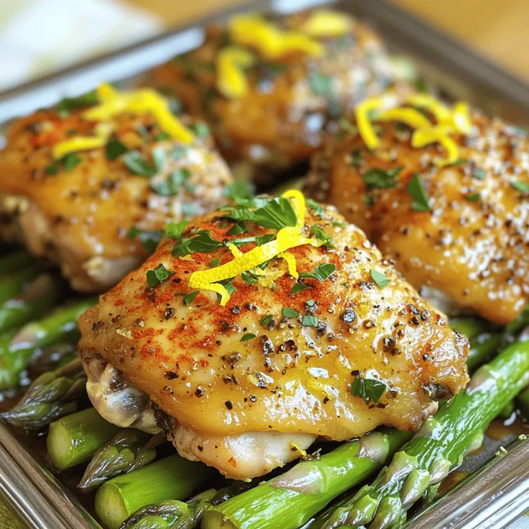 - 4 boneless, skinless chicken thighs - 1 bunch of asparagus, trimmed - 4 cloves of garlic, minced - Zest and juice of 1 large lemon - 2 tablespoons extra virgin olive oil - 1 teaspoon dried oregano - 1 teaspoon smoked paprika - Salt and freshly ground black pepper, to taste - Fresh parsley, finely chopped, for garnish For this dish, I love using fresh chicken thighs. They stay juicy and tender. Asparagus adds a nice crunch and bright color. The garlic and lemon bring a zesty punch that wakes up all the flavors. I recommend using a good-quality olive oil. It makes a big difference in taste. Dried oregano adds a warm, herbaceous note. Smoked paprika gives a mild, sweet smokiness that enhances the dish. Don’t forget the salt and pepper. They help balance the flavors. Fresh parsley is not just for looks. It adds freshness and a hint of earthiness to the final dish. For the complete recipe, check out the Zesty Lemon Garlic Chicken & Asparagus Delight . Enjoy your cooking! - Preheat oven to 400°F (200°C). - Prepare the marinade in a mixing bowl. Start by heating your oven. This step is key for a tasty dish. Gather your mixing bowl and add the olive oil, minced garlic, lemon zest, and lemon juice. Next, toss in the dried oregano, smoked paprika, salt, and pepper. Whisk it well until all the flavors blend together. - Coat the chicken thighs with the marinade. - Let the chicken marinate for 15 minutes. Take the chicken thighs and coat them in the marinade. Make sure each piece is covered. Set the chicken aside for about 15 minutes. This time allows the flavors to soak in. You can use this time to get ready for the next steps. - Arrange asparagus in an oven-safe pan and season. - Nestle marinated chicken on top. While the chicken marinates, grab your asparagus. Place the trimmed spears in a large oven-safe pan. Drizzle with a little olive oil and sprinkle with salt and pepper. Toss the asparagus gently to coat. Now, carefully nestle the marinated chicken thighs on top of the asparagus. This creates a lovely mix of flavors. - Bake for 25-30 minutes until chicken is cooked. - Broil for an additional 2-3 minutes for a golden crust. Once everything is arranged, slide the pan into the preheated oven. Bake for 25-30 minutes. Check the chicken for a golden color and an internal temperature of 165°F (75°C). For an extra touch, turn on the broiler for 2-3 minutes. This gives the chicken a nice, crispy crust. Keep an eye on it so it doesn’t burn! - Allow to rest and garnish before serving. After baking, remove the pan from the oven. Let the dish rest for a few minutes. This helps the juices settle. Before serving, sprinkle fresh parsley on top for a burst of color. Enjoy this delightful dish with family or friends! For the best taste, let your chicken marinate for at least 15 minutes. This time helps the flavors soak in well. If you have extra time, marinating for up to 2 hours in the fridge can add even more depth to the dish. When seasoning, balance is key. Use a mix of salt and black pepper to enhance the chicken's flavor. The lemon juice adds brightness, so don’t skip it. The smoked paprika gives a warm touch that complements the garlic and lemon. Adjust the spices to match your taste. To bake chicken perfectly, preheat your oven to 400°F (200°C). This temperature ensures even cooking. Arrange the chicken thighs in a single layer to avoid steam. This method helps the chicken become golden and juicy. As for asparagus, avoid overcooking it. Bake it for only 20 minutes with the chicken. This keeps it tender yet crisp. If you like a bit of crunch, toss the asparagus in just a splash of oil and season well before baking. For sides, consider serving this dish with fluffy rice or crusty bread. Both options soak up the tasty juices well. A light salad with fresh greens pairs well too, adding a nice contrast. For presentation, serve on a large platter. Arrange the chicken and asparagus neatly. Drizzle any leftover pan juices over the dish for extra flavor. Garnish with lemon wedges and chopped parsley for a bright touch. This will make your meal look as great as it tastes! {{image_4}} You can easily swap chicken thighs for chicken breasts. Breasts cook faster, so adjust your time. If you want a leaner cut, go for breasts. They still stay juicy with the marinade. You can also change the veggies. Broccoli, green beans, or bell peppers work great. Each gives a new twist to the dish. Just make sure to cut them into similar sizes for even cooking. Try adding fresh herbs like thyme or rosemary. They bring a nice aroma and flavor. You can also use spices like cumin or chili powder for heat. These small changes can make a big difference. If you love cheese, sprinkle some feta or parmesan on top. Adding cheese can make the dish creamy and rich. Just remember to add it near the end of baking for the best melt. To make it gluten-free, ensure your spices have no gluten. Most spices are safe, but check the labels. This dish is also low-carb, so it fits many diets. If you want a vegetarian option, use chickpeas or tofu instead of chicken. Both options soak up the marinade well. Cook them until they are golden and crispy for the best taste. To store leftovers, let the dish cool. Place it in an airtight container. Make sure to cover it well. This helps keep the flavors fresh. Store it in the fridge for up to three days. You can freeze the chicken and asparagus together. First, let the dish cool completely. Then, put it in a freezer-safe container. Press out as much air as you can. This prevents freezer burn. You can freeze it for up to three months. To reheat, thaw it overnight in the fridge. Then, heat it in the oven at 350°F (175°C) until warm. Adding a splash of water helps keep it moist. Cover the dish with foil to avoid drying out. In the fridge, the dish lasts for three days. In the freezer, it stays good for three months. For the best taste, eat it within these times. Enjoy your meal again without losing flavor! Can I use frozen chicken for this recipe? Yes, you can use frozen chicken. Just thaw it first. Thawing ensures even cooking. I recommend marinating the chicken after it is fully thawed. This adds flavor and helps keep it juicy. What is the recommended internal temperature for chicken? The safe internal temperature for chicken is 165°F (75°C). Use a meat thermometer for accuracy. It ensures the chicken is cooked through and safe to eat. What can I use instead of fresh garlic? If you don’t have fresh garlic, garlic powder is a good swap. Use 1/8 teaspoon of garlic powder for each clove needed. This gives a nice garlic flavor, though it won’t be as strong. Can I use other citrus fruits instead of lemon? Yes, other citrus fruits work well. Try lime or orange for a different taste. Each fruit will change the flavor, but they will still taste great with chicken and asparagus. How many servings does this recipe yield? This recipe serves four. It’s perfect for a family meal or dinner with friends. You can easily double the recipe for larger gatherings. What is the approximate calorie count per serving? Each serving has about 350 calories. This makes it a healthy choice for dinner. Pair it with a salad for a balanced meal. For the complete recipe and details, refer to the Zesty Lemon Garlic Chicken & Asparagus Delight . You now have a fun and easy recipe for Zesty Lemon Garlic Chicken and Asparagus. We covered fresh ingredients, a simple marinade, and easy steps for cooking. I shared tips to keep the flavors perfect and ideas for variations that suit your taste. Remember, balancing flavors is key. Enjoy each bite and don’t hesitate to make it your own. This dish is not just tasty but also great for any meal. Get cooking, and impress your friends and family!