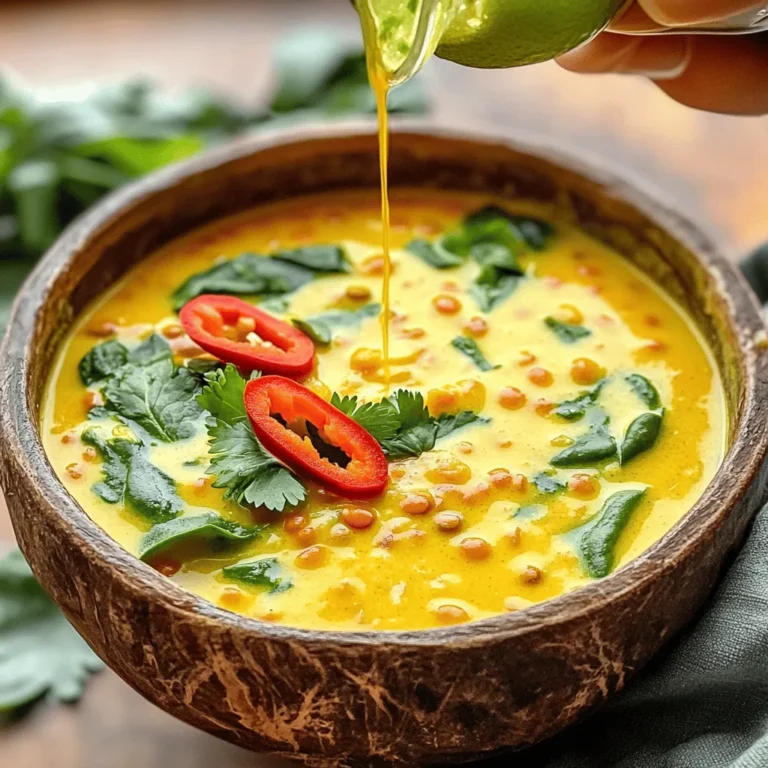 - 1 tablespoon coconut oil - 1 medium onion, finely chopped - 3 cloves garlic, minced - 1 tablespoon fresh ginger, grated - 1 cup dried red lentils, thoroughly rinsed These ingredients form the base of your coconut curry lentil soup. The coconut oil adds a rich flavor and helps sauté the onions, garlic, and ginger. The onion brings sweetness, while garlic and ginger provide warmth and depth. Dried red lentils cook quickly and give the soup a hearty texture. - 1 tablespoon red curry paste - 1 (14 oz) can of coconut milk - 4 cups vegetable broth - 1 tablespoon soy sauce (or tamari for gluten-free) - Juice of 1 lime These flavor builders elevate the dish. Red curry paste gives it a spicy kick. Coconut milk adds creaminess, balancing the heat. Vegetable broth enhances the soup's umami. Soy sauce adds saltiness, and lime juice brightens all the flavors. - 2 cups fresh spinach, roughly chopped - Fresh cilantro leaves, for garnish - Sliced chili peppers (optional, for added heat) - Salt and black pepper to taste These optional add-ins allow you to customize your soup. Fresh spinach adds nutrition and color. Cilantro gives a fresh finish. Chili peppers can spice things up if you like heat. Finally, salt and black pepper help you adjust the flavor to your liking. For the full details on how to bring these ingredients together, check out the Full Recipe. 1. Sauté the Aromatics: Start by heating 1 tablespoon of coconut oil in a large pot over medium heat. Add 1 medium onion, finely chopped. Sauté the onion for about 5 minutes until it becomes soft and clear. This step gives your soup a great start. 2. Add Flavor with Garlic and Ginger: Next, stir in 3 cloves of minced garlic and 1 tablespoon of fresh ginger, grated. Also, add 1 tablespoon of red curry paste. Cook this mix for 2 minutes. You will smell the wonderful spices filling your kitchen! 3. Incorporate Lentils: Now, add 1 cup of dried red lentils, rinsed well. Stir them into the onion and spice mix. Ensure all lentils get coated in the flavors. 4. Add Liquids and Bring to a Boil: Pour in 1 (14 oz) can of coconut milk and 4 cups of vegetable broth. Stir everything together and bring it to a rapid boil. This step combines all the flavors beautifully. 5. Simmer for Tenderness: Once it boils, lower the heat and let it simmer uncovered for about 20 to 25 minutes. Stir occasionally until the lentils are soft and cooked through. This step is crucial for a tasty soup. 6. Finish with Greens and Seasonings: Stir in 2 cups of chopped fresh spinach and 1 tablespoon of soy sauce. Cook for another 5 minutes. The spinach will wilt and blend into the soup. After that, squeeze the juice of 1 lime into the mixture and add salt and black pepper to taste. 7. Serve and Garnish: Ladle your warm soup into bowls. Top with fresh cilantro leaves for a pop of color. If you like heat, add sliced chili peppers on top. For a full recipe with more details, check the [Full Recipe]. Enjoy your Coconut Curry Lentil Soup! You can adjust the cooking time for lentils based on type. Red lentils cook fast, about 20-25 minutes. For green or brown lentils, aim for 30-40 minutes. Always check for tenderness before serving. Enhance flavor during cooking by adding spices early. Sauté the onion, garlic, and ginger to unlock their full taste. Consider adding a splash of soy sauce while the soup simmers. This boosts the umami taste. Presentation matters! Serve your soup in deep bowls. Add lime wedges on the side; they give a fresh kick. Drizzle some coconut milk on top for a creamy look. Pair the soup with warm naan or rice. A side salad adds crunch and freshness. Top your soup with crispy chili flakes for some heat. Lentils are packed with protein and fiber. They help keep you full longer. They also support heart health and digestion. Coconut milk adds healthy fats. It can boost your energy and keep your skin glowing. For a low-calorie option, use light coconut milk. This keeps the flavor while reducing calories. {{image_4}} Want your soup a bit milder? Use less red curry paste. You can start with one teaspoon instead of one tablespoon. This lets you control the heat level. If you like it spicy, add sliced chili peppers. They bring an extra kick. You can also try different curry pastes. Green curry paste or yellow curry paste works well too. Each has a unique flavor that changes the dish. Need a gluten-free option? Use tamari instead of soy sauce. This keeps the soup safe for those with gluten issues. For a vegan alternative, check the broth. Some vegetable broths contain animal products. Choose a brand that’s clearly labeled vegan. This way, you keep it plant-based and delicious. Add more nutrition with extra veggies. Carrots and bell peppers are great choices. They add color and crunch. You can also use seasonal vegetables, like zucchini in summer or sweet potatoes in fall. Just chop them small so they cook well. This gives your soup a hearty feel. Plus, it makes it even more flavorful. To keep your Coconut Curry Lentil Soup fresh, store it properly. If you have leftovers, refrigerate them. Use a sealed container. This keeps the soup safe and tasty for up to five days. If you want to save it longer, freeze the soup. Use freezer-safe containers or bags. This way, it can last for about three months. You can reheat the soup in different ways. The microwave is fast and easy. Just pour your soup into a bowl and heat for two minutes. Stir it halfway to ensure even heating. The stovetop is another great option. Pour the soup into a pot and heat over medium. Stir often until it’s warm. To keep the soup's texture, do not boil it. Boiling can make the lentils mushy. Instead, heat it gently. If the soup seems too thick after reheating, add a little water or broth. This helps restore its creamy texture. For best results, check your soup often while reheating. Enjoy your warm, flavorful Coconut Curry Lentil Soup! For the full recipe, refer back to the section above. How long does Coconut Curry Lentil Soup last in the fridge? Coconut Curry Lentil Soup can last about five days in the fridge. Just make sure to store it in an airtight container. This keeps the soup fresh and tasty. If you want to eat it later, freeze it for up to three months. Can I use different types of lentils? You can use other lentils, but the cooking time will change. Red lentils cook fast and break down, making the soup creamy. Green or brown lentils take longer to cook and stay firmer. Adjust your cooking time if you choose different lentils. What’s the best way to thicken the soup? If you want a thicker soup, blend part of it. Use an immersion blender for a quick mix. This creates a nice, creamy texture. You can also add more lentils or reduce the liquid while cooking. Can I make this soup ahead of time? Yes, you can make this soup ahead of time. It tastes even better the next day as the flavors blend. Just store it in the fridge after it cools down. Reheat it gently when you are ready to eat. Is Coconut Curry Lentil Soup safe for a gluten-free diet? Yes, this soup is gluten-free if you use tamari instead of soy sauce. Always check labels to ensure no gluten sneaks in. The main ingredients, like lentils and coconut milk, are naturally gluten-free. What are the vegan-friendly aspects of this recipe? Coconut Curry Lentil Soup is naturally vegan. It uses no animal products and gets its creaminess from coconut milk. It’s a great option for those who want a hearty, plant-based meal. Enjoy this soup guilt-free! For the full recipe, check out the detailed instructions above. In this post, I covered how to make a delicious Coconut Curry Lentil Soup. We discussed essential ingredients like coconut oil and dried lentils, along with flavor builders like curry paste and coconut milk. I shared steps to prepare and complete the dish, plus tips for perfecting your soup. Don't forget to try different spice adjustments and veggie add-ins. Store leftovers properly for the best taste. Enjoy exploring this simple yet tasty recipe that can be tailored to your needs and preferences!