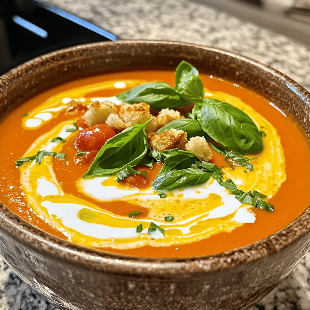 To create a rich and tasty creamy tomato basil soup, you need these key items: - 2 tablespoons extra virgin olive oil - 1 medium onion, finely diced - 3 cloves of garlic, minced - 28 ounces canned whole tomatoes, including their juice - 2 cups vegetable broth (low-sodium preferred) - 1 teaspoon granulated sugar - 1 teaspoon dried oregano - Sea salt and freshly ground black pepper, to taste - 1 cup heavy cream or coconut cream (for a dairy-free alternative) - 1/4 cup fresh basil leaves, roughly chopped These ingredients work together to create a smooth and savory flavor. While the soup is delicious on its own, you can elevate it with some fun garnishes: - Homemade or store-bought croutons for crunch - Extra basil leaves for color and zest - A drizzle of olive oil for richness These add-ons can make your soup look and taste even better. Having the right tools makes cooking easier. For this recipe, I suggest: - A large, heavy-bottomed pot for even cooking - An immersion blender for quick and easy blending - A cutting board and sharp knife for prep work - Measuring cups and spoons for accuracy These tools help you create a perfect creamy tomato basil soup. For the full recipe, check out the detailed instructions above. Start by heating 2 tablespoons of extra virgin olive oil in a large pot. You want this on medium heat until it shimmers. Next, add 1 medium onion that you finely diced. Sauté the onion for about 5 minutes. Stir it often until it softens and turns translucent. Then, stir in 3 cloves of minced garlic. Cook this for 1 more minute, stirring constantly. This helps the garlic release its flavor without burning. Now, pour in 28 ounces of canned whole tomatoes, including their juice. Add 2 cups of low-sodium vegetable broth, 1 teaspoon of granulated sugar, and 1 teaspoon of dried oregano. Mix everything well, then bring it to a gentle simmer. Let this cook for 15 to 20 minutes. Stir occasionally so it doesn’t stick to the pot. This time lets all the flavors blend nicely. Once the soup has simmered, it’s time to blend it. Use an immersion blender to puree the soup until it’s smooth and creamy. If you don’t have one, you can carefully transfer the soup to a countertop blender. Let it cool a bit first to avoid splattering. After blending, return the soup to the pot. Now stir in 1 cup of heavy cream or coconut cream for a dairy-free option. Warm the soup gently over low heat. Stir it often, but don’t let it boil. This keeps the creamy texture just right. Season the soup with sea salt and freshly ground black pepper to taste. Just before serving, stir in 1/4 cup of roughly chopped fresh basil. This adds a bright flavor and beautiful color. Serve the soup in bowls. You can garnish with extra basil leaves and croutons for added crunch. Enjoy this comforting dish that I love to make, from the [Full Recipe](#). To boost flavor, use fresh herbs. Fresh basil adds a bright taste. You can also try adding a splash of balsamic vinegar. This gives a nice depth. For a richer taste, roast your tomatoes before adding them. This brings out their sweetness. One mistake is overcooking the garlic. Cook it just until fragrant. If you burn it, the soup can taste bitter. Another common error is not seasoning properly. Always taste your soup before serving. Adjust the salt and pepper as needed. When sautéing onions, keep the heat medium. This helps them cook evenly. Stir them often to avoid burning. Once they are soft, add garlic. Cook for only a minute. This method builds a great base for your soup. For the full recipe, check out the Creamy Tomato Basil Dream Soup. {{image_4}} If you want a dairy-free version, use coconut cream instead of heavy cream. It adds a nice coconut flavor. You can also use almond milk for a lighter soup. Just remember to adjust the seasoning. A little extra salt may help balance the taste. You can boost the nutrition by adding more veggies. Carrots, bell peppers, or spinach work great. Chop them finely and sauté them with the onions. This adds color and health benefits. You can also add zucchini for a lovely texture. For those who love spice, add crushed red pepper flakes. Start with a pinch and taste as you go. You can also blend in some jalapeños for a bolder kick. This twist makes the soup exciting. It pairs well with a slice of crusty bread. Try these variations to make the soup your own. For the full recipe, check the link above! To store your creamy tomato basil soup, first let it cool down. Then, pour it into an airtight container. Keep it in the fridge for up to three days. Label the container with the date. This way, you know when to eat it. You can freeze this soup for later. Use freezer-safe containers or bags. Make sure to leave some space at the top for expansion. The soup can last up to three months in the freezer. When ready to enjoy, move it to the fridge overnight to thaw. When you want to reheat the soup, do it gently. Pour it into a pot and warm it over low heat. Stir often to prevent sticking. If the soup is thick, add a splash of vegetable broth or water to thin it. This keeps it creamy and delicious. For a quick option, use the microwave. Heat it in short bursts, stirring in between. Enjoy your soup warm and fresh! You can find the full recipe to make this delicious soup right here. Yes, you can use fresh tomatoes. Use about 2 pounds of ripe tomatoes. First, score the tomatoes and blanch them in boiling water for a minute. Then, place them in cold water to peel easily. After that, chop them up and add them to your pot. The flavor will be bright and fresh, perfect for this soup. If you want a dairy-free option, use coconut cream. It gives a rich, creamy texture. You can also try cashew cream. Simply blend soaked cashews with water until smooth. This will add a nice flavor without dairy. The soup will last about 3 to 5 days in the fridge. Store it in an airtight container. Make sure it cools down before putting it in the fridge. This way, you keep it fresh for your next meal. To make it vegan, you simply need to swap out the heavy cream for coconut cream or cashew cream. The rest of the ingredients are already vegan-friendly. This way, everyone can enjoy the delicious flavors. Tomato basil soup goes well with many dishes. Here are some great options: - Grilled cheese sandwiches - Garlic bread - Fresh salad with greens - Crispy croutons on top of the soup These sides will make your meal even better! For the full recipe, check out the [Full Recipe]. This blog post covered making creamy tomato basil soup from start to finish. We explored essential ingredients, tools, and step-by-step instructions for a tasty meal. I shared tips to avoid common mistakes and variations for different diets. Now you can cook this soup with confidence. Enjoy your flavorful dish and impress your friends and family!