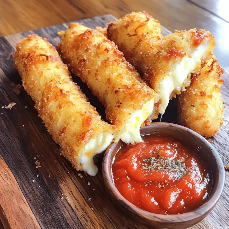 - 12 string cheese sticks - 1 cup all-purpose flour - 2 large eggs, beaten - 1 cup breadcrumbs (use seasoned or panko for extra crunch) - 1 teaspoon garlic powder - 1 teaspoon onion powder - 1 teaspoon dried oregano - 1/2 teaspoon paprika - Salt and pepper to taste - Oil for frying (vegetable or canola) - Marinara sauce for dipping If you're out of string cheese, try mozzarella balls or cubes. You can also swap all-purpose flour for gluten-free flour. For a richer flavor, use whole eggs instead of beaten eggs. If you prefer a vegan option, check for vegan cheese and use a plant-based egg substitute. Always choose fresh cheese for the best taste. Look for cheese that is firm and not overly soft. When selecting breadcrumbs, pick those with no added sugars or preservatives. Opt for high-quality oil, as it directly affects the frying process. The oil should be fresh for the best flavor and frying results. Start by slicing each string cheese stick in half. You will get 24 shorter sticks. Lay them out on a baking sheet. Place this sheet in the freezer for about 30 minutes. Freezing the cheese helps it keep its shape when frying. While the cheese sticks freeze, prepare your breading area. Use three bowls for this: - In the first bowl, add the all-purpose flour. - In the second bowl, pour in the beaten eggs. - In the last bowl, mix breadcrumbs with garlic powder, onion powder, dried oregano, paprika, salt, and pepper. This mix gives a tasty coating. Once the cheese sticks freeze, remove them from the freezer. Follow this three-step breading method: - First, cover each stick in flour. - Next, dip it into the beaten eggs. - Lastly, roll it in the breadcrumb mix, pressing gently to stick well. Repeat this for all cheese sticks. For extra crunch, you can double-dip. Just coat them in egg and breadcrumbs again. In a deep skillet, heat oil over medium heat until it reaches 350°F (175°C). You can test the oil by sprinkling in a few breadcrumbs. If they sizzle, it’s ready. Fry the mozzarella sticks in batches. Do not overcrowd the pan. Cook each side for about 1-2 minutes, or until golden brown. Once fried, use a slotted spoon to lift them out. Place the sticks on a paper towel-lined plate to drain excess oil. Serve warm with marinara sauce for dipping. Enjoy your crispy and cheesy delight! [Full Recipe] To get that perfect crispy crust, choose the right breadcrumbs. I prefer using panko breadcrumbs. They add extra crunch and texture. Make sure to coat each stick well. Press the breadcrumbs onto the sticks gently. This helps them stick better. Fry in hot oil; the temperature should be around 350°F. If the oil is too cool, the sticks will soak up grease. The key to a gooey inside is freezing the cheese sticks before frying. Freezing allows the cheese to hold its shape. Slice your string cheese sticks in half and freeze them for 30 minutes. This way, the cheese melts slowly, giving you that cheesy pull when you bite in. Don’t rush this step! Many people skip the freezing step, which is a big mistake. It leads to messy frying and burnt cheese. Another common mistake is overcrowding the pan. Fry in small batches to keep the oil temperature steady. Also, remember to use a slotted spoon to drain excess oil. This helps keep them crispy. For more details, check the Full Recipe. {{image_4}} You can enjoy mozzarella sticks without frying. Baking them makes them lighter. Preheat your oven to 400°F (200°C). After breading the sticks, place them on a baking sheet. Use parchment paper for easy cleanup. Spray the sticks lightly with cooking oil. Bake for 10-12 minutes. This method gives you a crispy texture with less oil. Want to spice things up? Add some heat! Mix cayenne pepper into your breadcrumbs. Or, try adding red pepper flakes. For a fresh twist, mix in dried herbs like basil or thyme. You can even use Italian seasoning for more flavor. These variations keep the dish fun and exciting. While mozzarella is classic, you can try other cheeses. Cheddar gives a sharp taste, while pepper jack adds heat. Gouda melts beautifully and adds a rich flavor. If you're vegan, use plant-based cheese sticks. Each cheese brings a unique twist to your sticks. Choose what you love! For the full recipe, check out the Irresistible Mozzarella Sticks section. To keep your mozzarella sticks fresh, cool them first. Place them in an airtight container. Store them in the fridge for up to three days. If you plan to eat them later, avoid stacking them to keep them from sticking together. When you reheat mozzarella sticks, you want them crispy again. Preheat your oven to 375°F (190°C). Place the sticks on a baking sheet. Bake for 10–12 minutes. This method helps keep them crunchy and gooey inside. Avoid microwaving, as it can make them soggy. If you want to store mozzarella sticks longer, freezing is a great option. After breading, lay the sticks on a baking sheet in a single layer. Freeze them for about 1 hour until firm. Then, transfer them to a freezer bag. They can stay frozen for up to three months. When ready to cook, fry them straight from the freezer for the best results. You can make these mozzarella sticks healthier by baking them instead of frying. Use a baking sheet lined with parchment paper. Spray the sticks lightly with cooking oil for a crispy finish. You can also use whole wheat flour and whole grain breadcrumbs for better nutrition. Adding herbs to the breadcrumb mixture boosts flavor without extra calories. Yes, you can freeze the cheesy sticks before frying. Freezing them helps the cheese hold its shape during cooking. After breading, place the sticks on a baking sheet and freeze for about 30 minutes. This step is key to avoiding gooey messes in the oil. You can fry them directly from the freezer for extra convenience. Marinara sauce is a classic choice for dipping. It adds a nice tangy contrast to the cheesy sticks. You can also try ranch dressing, garlic aioli, or even spicy marinara for a kick. For a unique twist, use pesto or a creamy cheese sauce. Choose your favorite, and enjoy every gooey bite! In this article, we explored how to make delicious mozzarella sticks. I covered the key ingredients, preparation steps, and cooking techniques. You learned tips for the perfect crunch and gooey inside. I also shared healthier baking options and tasty flavor twists. Finally, I provided storage tips to keep your treats fresh. Making mozzarella sticks is fun and easy. These tips ensure satisfying results every time. Enjoy your cheesy creations!