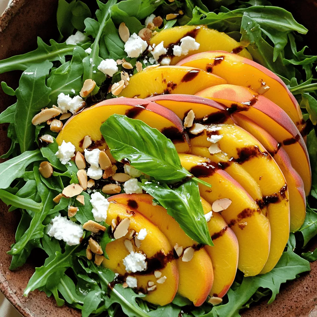 - Ripe peaches - Fresh basil leaves - Arugula - Feta cheese Peach and basil salad shines with its main ingredients. Ripe peaches provide sweetness and juiciness. Fresh basil leaves add a fragrant herb taste. Arugula gives a peppery bite, while feta cheese offers a creamy texture. Each ingredient plays a role in making this dish fresh and vibrant. - Sliced almonds - Balsamic glaze - Extra virgin olive oil Adding sliced almonds brings a nice crunch. They also have a nutty flavor that complements the peaches. Balsamic glaze adds sweetness and tang. Extra virgin olive oil gives the salad richness and depth. Together, these components enhance the overall taste. - Salt - Freshly ground pepper Seasoning is key to a flavorful salad. A pinch of salt brings out the natural flavors. Freshly ground pepper adds a subtle heat. These simple seasonings make a big difference. Use them wisely to elevate your peach and basil salad. For the full recipe, check out the [Full Recipe]. 1. Start by preparing your ingredients. Slice three ripe peaches into wedges. Wash and drain two cups of fresh arugula. Tear one cup of fresh basil leaves into smaller pieces. This helps release their fragrant oils. Toast one-fourth cup of sliced almonds in a dry skillet over medium heat. Stir them for about three to four minutes until they turn golden brown. This step adds a nice crunch. 2. In a large salad bowl, create the salad base. Combine the fresh arugula with the torn basil leaves. The arugula gives peppery notes, while basil adds a fresh, herbal flavor. This mix sets the stage for your salad. 1. Carefully fold in the peach slices and crumbled feta cheese. Use a gentle touch to keep the peaches intact. You want the flavors to mix, but not to mush everything together. 2. Drizzle two tablespoons of balsamic glaze and one tablespoon of extra virgin olive oil over the salad. The glaze adds sweetness and acidity. The olive oil brings richness, balancing the flavors beautifully. 1. Season the salad lightly with salt and freshly ground pepper. This step enhances all the flavors. Toss everything together gently, making sure not to bruise the peaches. Each bite should burst with flavor. 2. Just before serving, sprinkle the toasted almonds on top. This adds a satisfying crunch and nutty flavor. You’ll love how this simple salad comes together. For the full recipe, check it out [here](#). To choose ripe peaches, look for a few signs. First, they should feel slightly soft when you press gently. Next, check for a sweet aroma; this shows they are ready to eat. The skin should have a rich color, often a mix of yellow and red. Avoid peaches with blemishes or dark spots. For storing peaches, keep them at room temperature if they are not ripe. Once ripe, place them in the fridge to slow down the ripening process. Use them within a few days for the best taste. To store fresh basil, place it in a glass of water like a bouquet. Cover the leaves loosely with a plastic bag. This method helps keep the leaves fresh for longer. You can also store basil in the fridge, but it may lose some flavor. Using basil creatively can add a twist to many dishes. Try adding it to pasta, pizza, or even smoothies for a fresh taste. You can also make a basil pesto for a rich sauce. For this salad, I recommend a few seasonings. A pinch of salt and fresh pepper will brighten the flavors. You might also try a sprinkle of red pepper flakes for a kick. If you want to play with dressings, consider alternatives like lemon vinaigrette or honey mustard. These options can enhance the sweetness of the peaches and the richness of the feta. For the full recipe, check out the Peach Basil Bliss Salad for more ideas! {{image_4}} You can boost your Peach and Basil Salad with add-ons. Try adding nuts for crunch. Sliced almonds bring a lovely nutty taste. Walnuts or pecans also work well. Each nut adds its own charm to the salad. You can also explore different cheeses. Feta cheese gives a creamy touch. If you want a stronger flavor, try goat cheese. For a milder taste, use mozzarella. Each cheese choice offers a new experience. Seasonal fruits can change the salad's vibe. In summer, ripe peaches shine. In fall, try apples or pears instead. These fruits add a different sweetness and texture. You can also substitute greens based on the season. Arugula works great in summer. In cooler months, use spinach or kale. Each green offers a unique flavor and nutrition profile. Making this salad vegan is simple. Just skip the feta cheese. You can add avocado for creaminess instead. It brings a rich texture that compliments the other flavors. For gluten-free options, check your balsamic glaze. Most brands are safe, but it’s good to read the label. This salad is naturally gluten-free, so it’s a perfect choice for everyone. Try the Full Recipe for a delicious experience! To keep your Peach and Basil Salad fresh, store it in the fridge. Use an airtight container to prevent air from wilting the greens. Make sure to add the almonds just before serving. This keeps them crunchy. If you have leftovers, eat them within two days for the best taste. You can prepare this salad in advance. Slice the peaches and store them in a bowl with some lemon juice. This keeps them from browning. Wash and dry the arugula and basil ahead of time. For storage, use glass containers. They help keep your salad fresh and allow you to see the colors. Remember to layer the ingredients carefully. Keep the dressing separate until you're ready to eat. This way, your salad stays crisp and delicious. For the [Full Recipe], revisit the ingredients and steps to enjoy this salad at its best! To make your salad vegan, swap feta cheese for tofu. You can also use a cashew cream or a vegan cheese that melts well. For dressings, choose a vegan balsamic glaze. It adds the same great taste without any animal products. Balsamic vinaigrette works great with this salad. It balances the sweet peaches and basil flavor. You can also try a lemon vinaigrette for a fresh twist. Another option is a honey mustard dressing, but skip this if you want it vegan. Yes, you can prep the ingredients the night before. Keep the arugula and basil separate from the peaches. Mix it all together just before serving. This keeps everything fresh and crisp. Peaches are rich in vitamins A and C. They help boost your immune system. Basil has antioxidants that fight inflammation. It also adds a nice flavor with few calories. Together, they make a healthy and tasty salad. You can check the Full Recipe for more detailed steps and tips! This blog post detailed how to make a Peach and Basil Salad. We explored key ingredients, like ripe peaches, fresh basil, and feta. I shared step-by-step instructions to combine these flavors perfectly. Helpful tips on choosing the best peaches and enhancing flavors added value. Variations allow you to tailor the dish to your taste, and storing leftovers is easy. Try this salad for a refreshing dish that offers great taste and nutrition. Enjoy the burst of flavors with every bite!