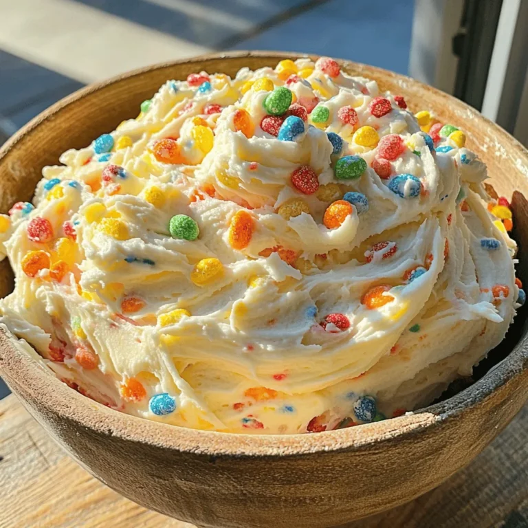 - 1 cup unsalted butter, softened - 4 cups powdered sugar, sifted - 3 tablespoons heavy cream - 1 teaspoon pure vanilla extract - 1 cup Fruity Pebbles cereal - Pinch of fine sea salt Fruity Pebbles frosting is a fun and colorful treat that brightens up any dessert. You need just a few simple ingredients. Start with one cup of unsalted butter. Let it soften at room temperature for easy mixing. Next, you’ll need four cups of sifted powdered sugar. Sifting helps make the frosting smooth. Add three tablespoons of heavy cream. This gives the frosting a nice, creamy texture. Don’t forget one teaspoon of pure vanilla extract for flavor. The star of this frosting is one cup of Fruity Pebbles cereal. It adds color and crunch. Finally, include a pinch of fine sea salt. This balances the sweetness of the sugar. Use the full recipe to make this delightful frosting. You will see how easy and tasty it is, perfect for cupcakes or cookies. 1. Start with one cup of softened butter. Place it in a large mixing bowl. 2. Use an electric mixer on medium speed. Beat the butter until it is creamy. This should take about two minutes. 3. Gradually add four cups of sifted powdered sugar. Mix on low speed to avoid a sugar cloud. 4. Once all sugar is in, increase the speed to medium-high. Beat until fully combined. 5. Pour in three tablespoons of heavy cream. Add one teaspoon of pure vanilla extract. 6. Mix on medium-high speed for another two to three minutes. You want it light and fluffy. 1. Add a pinch of fine sea salt. This balances the sweetness of the frosting well. 2. Mix briefly until the salt is fully blended in. 3. Now, gently fold in one cup of Fruity Pebbles cereal. Be careful not to crush them. You want to keep them colorful and crunchy. 1. Use the frosting right away to decorate cakes, cupcakes, or cookies. 2. If you won’t use it immediately, store it in an airtight container. Keep it in the fridge for up to one week. 3. Before using, re-whip the frosting to restore its fluffy texture. You can find the full recipe for more details and tips! To get the right thickness for your Fruity Pebbles frosting, start with heavy cream. Add it slowly to your mixture. If your frosting feels too thick, just add more cream, one tablespoon at a time. This method helps you control the texture. You want it spreadable but not runny. Mixing can be messy if you’re not careful. When adding powdered sugar, do it slowly. Start your mixer on low speed to avoid a powdered sugar cloud. Once it is mostly mixed, you can raise the speed. This keeps your kitchen clean and helps the sugar blend well. For a fun look, sprinkle extra Fruity Pebbles on top of your frosting. This adds color and a nice crunch. It also makes your treats eye-catching. Use this tip to impress your friends and family. You can even let your kids help with this step for added fun! For the Full Recipe, check the section above. {{image_4}} You can make your Fruity Pebbles frosting even more fun by adding extracts. A drop of almond extract can add a nice twist. It gives a sweet, nutty flavor that pairs well with the fruity notes. You can also try using lemon or orange extract for a citrus kick. Just remember, a little goes a long way! If you need a gluten-free option, simply use gluten-free Fruity Pebbles. This swap keeps your frosting safe for those with gluten issues. The rest of the recipe stays the same. You can enjoy the same sweet and colorful taste without worry. Fruity Pebbles frosting is not just for cupcakes. Use it on cakes or cookies to add color and fun. It also works great on rice crispy treats for added crunch. You can even spread it on pancakes for a special breakfast treat. The options are endless, so get creative and have fun! Store leftover Fruity Pebbles frosting in an airtight container. This method helps keep it fresh. Place the container in the refrigerator. It will stay good for up to one week. Make sure to seal it well to avoid any dryness. To reuse your frosting, simply re-whip it before using. Take it out of the fridge and let it sit for a few minutes. This warm-up helps soften it. Use an electric mixer at low speed to fluff it back up, making it light and spreadable again. The shelf life of this frosting is about one week in the fridge. Signs of spoilage include a change in color or an off smell. If you see any mold, throw it away immediately. Enjoy the vibrant colors and flavors of this fun frosting while it’s fresh! Yes, you can use margarine instead of butter. Margarine gives a similar texture, but the flavor may change slightly. The frosting may taste less rich and creamy. If you want a buttery taste, stick with real butter. This frosting is not vegan as it uses butter and cream. To make it vegan, swap the butter for vegan butter. Use a plant-based cream, like coconut cream, in place of heavy cream. This way, you keep the texture and flavor while making it suitable for a vegan diet. You can store Fruity Pebbles frosting in an airtight container in the fridge for up to one week. Make sure to check for any signs of spoilage, like off smells or changes in texture. Before you use it, re-whip the frosting to restore its fluffy texture. Keep it colorful and delicious! In this article, I shared how to make Fruity Pebbles frosting. You learned the simple ingredients and step-by-step instructions needed. I gave tips for the perfect consistency and creative ways to use the frosting. Storing it correctly ensures you can enjoy it longer. Fruity Pebbles frosting adds fun to any dessert. Whether you keep it classic or try variations, this frosting is a treat. Now you’re ready to frost and impress!