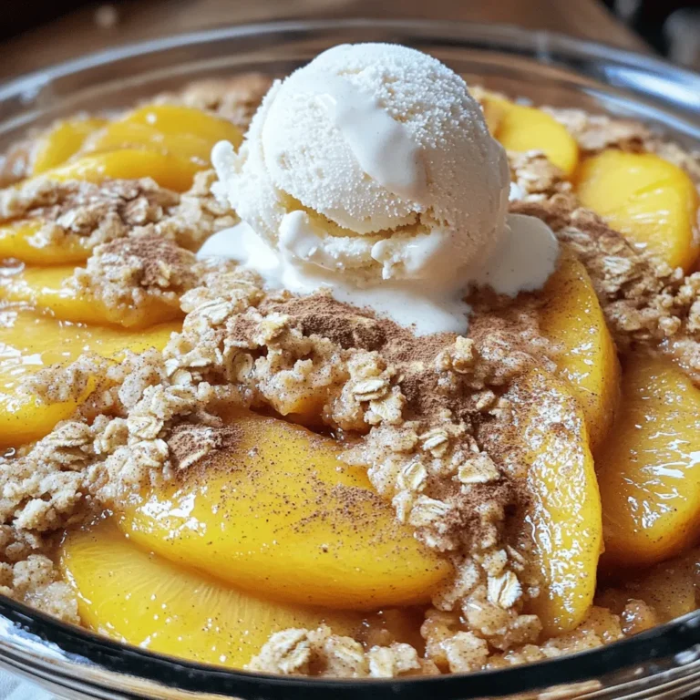 To make this peach crisp, you need fresh peaches and some simple pantry items. Here’s what you will gather: - 4 cups fresh peaches, peeled and sliced - 1 tablespoon fresh lemon juice - ½ cup granulated sugar - 1 teaspoon pure vanilla extract - 1 teaspoon ground cinnamon These fresh peaches are the star of the dish. Look for ripe and juicy ones for the best flavor. The lemon juice brightens up the sweetness. The oat topping gives this crisp its crunchy charm. Here are the key ingredients: - 1 cup rolled oats - ½ cup all-purpose flour - ½ cup packed brown sugar - ½ cup unsalted butter, melted - ½ teaspoon sea salt The rolled oats add texture, while the butter binds everything together. Brown sugar brings a nice depth of flavor. You can customize your peach crisp with fun extras. Consider these options: - Chopped nuts, like pecans or almonds - A sprinkle of nutmeg for warmth - A scoop of vanilla ice cream on top These add-ins can enhance your crisp. They bring new flavors and textures. For the full recipe, check the detailed instructions. Enjoy making this sweet treat! Start by preheating your oven to 350°F (175°C). This step is key to even baking. In a big bowl, add the sliced peaches. Pour in the fresh lemon juice, granulated sugar, pure vanilla extract, and ground cinnamon. Mix gently until the peaches are well-coated. This blend of flavors will really pop in the oven. After mixing, transfer the peach mixture into a greased 9x13-inch baking dish. Spread it out evenly. Now, let’s make the oat topping. In another bowl, combine the rolled oats, all-purpose flour, packed brown sugar, melted unsalted butter, and sea salt. Stir these ingredients well until you get a crumbly texture. It should look like coarse sand. This topping will add a nice crunch to your crisp. Sprinkle the oat mixture evenly over the peach layer. Make sure every peach is covered. Place the dish in your preheated oven and bake for 30-35 minutes. You want the topping to turn a lovely golden brown, and the peaches should bubble up. Once it’s done, carefully take it out of the oven. Let it cool for about 10 minutes before serving. For a special touch, serve it warm with vanilla ice cream or whipped cream. This Peach Paradise Crisp is not just a treat; it’s a warm hug in a bowl! For the complete recipe, check the [Full Recipe]. To pick ripe peaches, look for a few key signs. The skin should be a warm yellow or golden hue. A sweet scent indicates ripeness. Gently squeeze the fruit; it should give slightly but not be mushy. Avoid peaches with green spots, as they are not ripe. If you find hard peaches, you can let them sit at room temperature for a few days. This will help them ripen perfectly for your crisp. For a great oat topping, the texture is key. Use rolled oats for a heartier crunch. Mix the oats with flour, brown sugar, melted butter, and salt until crumbly. Avoid over-mixing; you want small clumps. This creates that perfect crunchy layer. If you like, add nuts or spices to your mix for extra flavor. Baking at the right temperature ensures the topping crisps up nicely without burning. Serve your Peach Paradise Crisp warm for the best taste. A scoop of vanilla ice cream on top adds creaminess. Whipped cream also pairs well, giving a light touch. For a fun twist, sprinkle crushed nuts or granola over the top. If you want a fresh look, garnish with mint leaves or a sprinkle of cinnamon. Each bite will be a delightful mix of flavors and textures. For the full recipe, refer to the section above. {{image_4}} You can swap peaches for other fruits. Try using apples, berries, or cherries. Each fruit gives a unique taste and texture. Apples add a crisp bite, while berries offer sweetness. You can mix fruits too. For example, combine peaches and blueberries for a lovely mix. Just remember to adjust the sugar based on the fruit's sweetness. To make this peach crisp gluten-free, simply change the flour. Use almond flour or gluten-free all-purpose flour. Both work well and keep the crisp tasty. Make sure your oats are labeled gluten-free too. This way, you can enjoy the dish without worry. You can add extra flavors to boost your peach crisp. Try mixing in a pinch of nutmeg or cardamom for warmth. Adding a splash of bourbon or brandy can also enhance the flavor. For a fun twist, sprinkle in some chopped nuts, like pecans or walnuts, into the topping. These add crunch and richness to every bite. Enjoy exploring these variations to make your own Peach Paradise Crisp. Check out the Full Recipe for more ideas! After enjoying your peach crisp, store leftovers in an airtight container. This keeps the crisp fresh and tasty. Place the container in the fridge. Your peach crisp will stay good for about three to four days. If you plan to eat it later, don’t cover it while it cools. This prevents sogginess. To reheat your peach crisp, preheat your oven to 350°F (175°C). Place the crisp in an oven-safe dish. Cover it with foil to keep the topping from burning. Heat for about 15 minutes. Check to see if it’s warm in the center. If you prefer a quicker method, you can microwave individual portions. Heat for 30 seconds, then check. Repeat until warm. You can freeze peach crisp for later use. First, let it cool completely. Then, wrap it tightly in plastic wrap. After that, place it in a freezer-safe bag or container. It can last for up to three months in the freezer. To eat it again, thaw it overnight in the fridge. Reheat as mentioned above for the best taste. Yes, you can use canned peaches. Just drain them well. Canned peaches are softer, so adjust the baking time. You want them warm and bubbly, but not too mushy. For a fresh taste, add a squeeze of lemon juice. This brightens the flavor and makes them taste more like fresh fruit. To make a vegan peach crisp, swap out the butter for coconut oil or a vegan butter. Use brown sugar as usual. For the topping, you can also add a bit of maple syrup for extra sweetness. This keeps the texture just right while making it plant-based. To avoid a soggy crisp, use fresh peaches that are not too ripe. Ripe peaches release more juice while baking. Also, you can mix in a tablespoon of cornstarch with the peaches. This helps thicken the juices. Don't skip the baking step; letting it bake until golden makes it crispier. For best results, serve it warm right out of the oven. Check the [Full Recipe] for more details on preparation! In this blog post, we explored how to make a delicious peach crisp. You learned about the key ingredients, step-by-step instructions, and tips for the best results. We also discussed variations to suit your taste and how to store your leftovers. Remember, using fresh, ripe peaches makes a big difference. You can mix in other fruits too. Enjoy experimenting with flavors and textures. This dessert can be simple and fun to make. I hope you feel inspired to try making your own peach crisp soon.