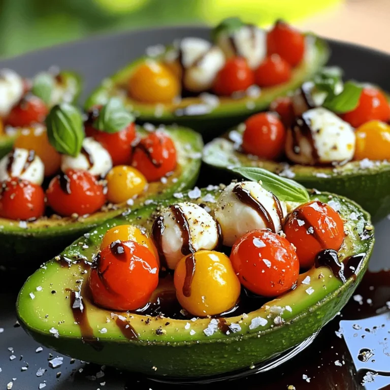 - 2 ripe avocados, halved and pitted - 1 cup cherry tomatoes, quartered - 1 cup fresh mozzarella balls, halved - 1/4 cup fresh basil leaves, chopped - 2 tablespoons balsamic glaze - 1 tablespoon extra virgin olive oil - 1 teaspoon sea salt - 1/2 teaspoon freshly ground black pepper - 1/2 teaspoon garlic powder (optional) To make Caprese stuffed avocados, you need fresh ingredients. Start with ripe avocados. They should feel slightly soft when you gently press them. This ensures they are creamy when you eat them. Next, cherry tomatoes add sweetness. Quarter them for easy mixing. Fresh mozzarella brings rich flavor and a nice texture. Halve the mozzarella balls for bite-sized pieces. Chop fresh basil leaves for a burst of flavor and color. Balsamic glaze gives a tangy sweetness. Extra virgin olive oil adds richness. Finally, sea salt and black pepper enhance all the flavors. Garlic powder is optional but adds depth. This blend of ingredients creates a delicious and vibrant dish. You can find the full recipe to guide you through the steps. To start, slice each avocado in half. Use a sharp knife and be careful. Remove the pit gently. Next, take a spoon and scoop out a little flesh from each half. This extra space will let you add more filling later. Keep the scooped avocado flesh aside for later use. In a mixing bowl, add the quartered cherry tomatoes, halved mozzarella balls, and chopped basil leaves. This mix creates the fresh Caprese flavor. Next, drizzle olive oil and balsamic glaze over the mixture. Sprinkle in the sea salt, black pepper, and garlic powder if you like. Gently toss everything together. Be careful not to mash the mozzarella; you want it to stay whole. Now it's time to bring it all together. Fold the reserved avocado flesh into the bowl with the tomato mix. Mix gently so you keep some chunks for texture. Then, spoon this vibrant filling into each avocado half. Pack it in well and let it overflow a bit to make it look pretty. Serve right away to enjoy the fresh flavors of these stuffed avocados! For the complete recipe, check the [Full Recipe]. To make your Caprese stuffed avocados shine, arrange them on a platter. Place each avocado half neatly. This makes serving easy and looks great. Drizzle some balsamic glaze on top. The glaze adds shine and flavor. For a fresh touch, garnish with fresh basil leaves. Their green color pops against the avocado and tomatoes. Adjust the salt and pepper to fit your taste. Start with the amounts in the recipe. You can always add more if needed. If you want to kick up the flavor, try adding garlic. Use garlic powder for a mild taste. Fresh garlic gives a stronger flavor. Experiment and find what you like best. For more ideas, check out the Full Recipe for Caprese Stuffed Avocados. {{image_4}} To make Caprese stuffed avocados your own, consider changing some ingredients. You can swap the mozzarella for other cheeses. Use feta or goat cheese for a tangy twist. They add a different flavor and texture that can surprise your taste buds. Adding proteins like chicken or shrimp can make this dish heartier. Simply grill or sauté the chicken or shrimp and mix it into the stuffing. You can even use canned tuna for a quick option. This way, you create a more filling meal. If you're aiming for vegan options, replace the cheese with vegan alternatives. Many brands offer plant-based mozzarella that melts well and tastes great. Use avocado oil instead of olive oil for a similar flavor. For those needing gluten-free meals, you're already in luck! The ingredients in Caprese stuffed avocados are naturally gluten-free. Just ensure any additional items, like balsamic glaze, do not contain gluten. This dish suits various diets while still being delicious. For the full recipe, check out the Caprese Stuffed Avocados section. To keep leftover stuffed avocados fresh, I suggest using an airtight container. This helps prevent browning and keeps the flavors intact. If you want to extend their life, add a squeeze of lemon juice to the exposed avocado flesh. This will slow down oxidation. Make sure to store them in the fridge. The cool temperature helps maintain their taste and texture. Reheating stuffed avocados can be tricky. I recommend enjoying them cold as a salad. This keeps the avocado creamy and the flavors vibrant. If you prefer warmth, you can use a microwave. Heat them for about 20 to 30 seconds. Be careful not to overheat, as this can make the avocado mushy. Alternatively, you can place them in an oven at 350°F for about 10 minutes. This option keeps the filling warm without losing the avocado's texture. Want to try making them? Check out the Full Recipe for all the details! You can prepare Caprese Stuffed Avocados ahead of time, but it's best to serve them fresh. If you want to prep, cut the avocados and make the filling. Store the filling in the fridge. Just before serving, scoop the filling into the avocados. This keeps the avocados from browning and losing texture. Caprese Stuffed Avocados pair well with many dishes. Here are some ideas: - Grilled chicken or shrimp for added protein - A crisp green salad for crunch - Garlic bread for a comforting touch - Quinoa or rice for a heartier meal Stuffed avocados stay good in the fridge for about one day. After that, the avocado can brown and lose its taste. To keep them fresh, store them in an airtight container. Enjoy them soon for the best flavor and texture. For the full recipe, check out the earlier section! In this blog post, we covered how to make tasty Caprese stuffed avocados. We started with the fresh, simple ingredients you'll need. Next, we walked through easy steps to prepare and fill the avocados. I shared tips for a gorgeous presentation and flavorful tweaks, plus variations for dietary needs. In closing, this dish is fun and unique. It’s perfect for any meal or snack. Enjoy your cooking and share these delicious avocados with friends!