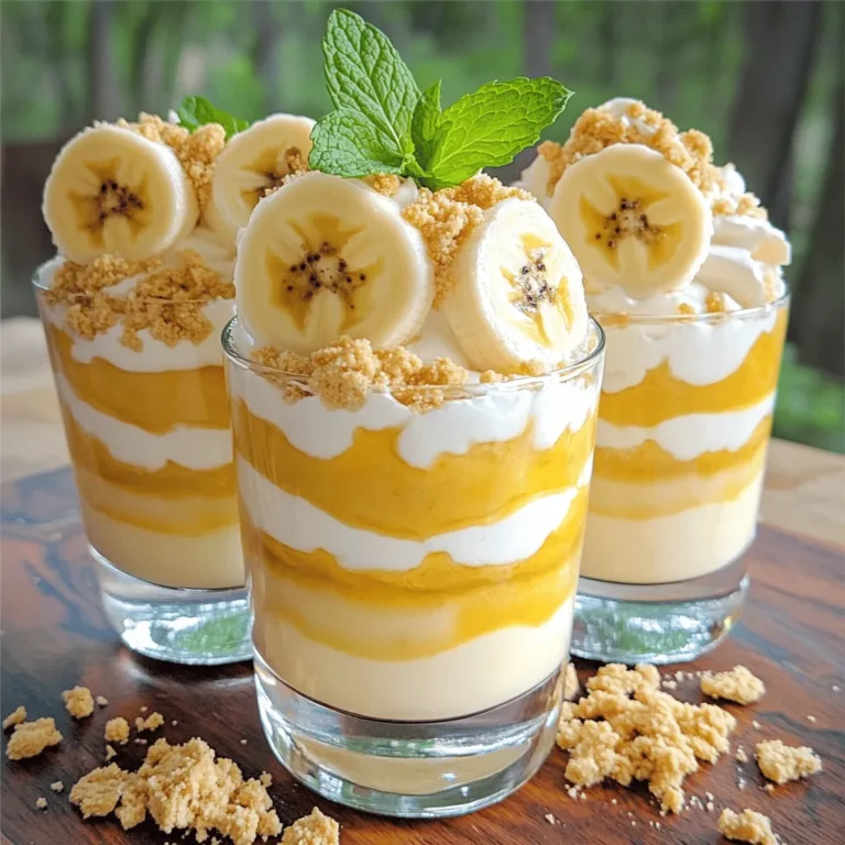 For this creamy banana dessert, you will need: - 3 ripe bananas, mashed - 1 cup heavy cream - 1/2 cup cream cheese, softened - 1/2 cup powdered sugar - 1 teaspoon vanilla extract - 1/4 teaspoon ground cinnamon - 1/2 cup crushed graham crackers - Fresh banana slices for garnish These key ingredients create the rich and smooth texture of the dessert. The ripe bananas add natural sweetness, while the cream cheese gives it a nice tang. Whipping the heavy cream makes the dessert light and airy. You can add these optional ingredients to boost flavor: - 1/4 cup chopped walnuts or pecans - A drizzle of chocolate sauce - A sprinkle of cocoa powder Chopped nuts add crunch. Chocolate sauce gives a sweet touch. Cocoa powder adds a rich flavor. Feel free to mix and match to make the recipe your own! To make this dessert, you will need: - A large mixing bowl - An electric mixer - Serving glasses or bowls - A spatula Having these tools ready makes the process smooth and easy. The electric mixer helps achieve the perfect creaminess. Using clear glasses for serving enhances the visual appeal of your creamy banana dessert. For the full recipe, check the detailed instructions above! To start, gather your ingredients. You need ripe bananas, cream cheese, powdered sugar, and vanilla extract. In a big bowl, mash the bananas until smooth. Add the cream cheese, powdered sugar, and vanilla. I like to use an electric mixer here. Beat the mix on medium speed until it is creamy and lump-free. This step is key for a smooth texture. Now, take another bowl and pour in the heavy cream. Using a hand mixer or a whisk, whip the cream until stiff peaks form. This means the cream should stand up well. Be gentle as you fold this whipped cream into your banana mix. Use a spatula and make sure everything combines well. The goal is to keep it light and fluffy. Next, it's time to layer your dessert. Grab some clear glasses or bowls for a pretty view. Start with a big spoonful of the banana cream mix at the bottom. Then, add a layer of crushed graham crackers. Repeat this process until you use all your mix. Make sure the top layer is the banana cream. Once done, place the desserts in the fridge for at least one hour. This helps the flavors blend together. Before you serve, add fresh banana slices and mint leaves on top for a nice touch. Enjoy your creamy banana dessert delight in every bite! To make sure your banana dessert is creamy, use ripe bananas. Ripe bananas have more taste and natural sweetness. Mash them well so there are no lumps. When mixing the cream cheese and sugar, blend until it is smooth. Whipping the heavy cream is key. Beat it until stiff peaks form. This step adds a light texture. When you fold the whipped cream into the banana mix, do it gently. This keeps the mixture airy and fluffy, creating the perfect creamy texture. If you have any leftovers, store them in the fridge. Use airtight containers to keep them fresh. It's best to finish the dessert within two days for optimal taste. The flavors will blend and get even better after a day in the fridge. If you want to save it longer, consider freezing it. Just remember that the texture may change a bit after thawing. Presentation matters! Serve your creamy banana dessert in clear glasses. This way, everyone can see the pretty layers. Top each serving with fresh banana slices and a mint leaf. This adds a nice touch and makes it look fancy. For extra crunch, sprinkle some crushed graham crackers on top. These tips will make your dessert look as good as it tastes. For the full recipe, check out the earlier section. {{image_4}} You can make a tasty banana pudding with simple steps. Start by layering vanilla wafers and sliced bananas in a dish. Pour a rich vanilla pudding mix over the layers. You can use the creamy banana mixture from the full recipe instead of the pudding. This adds a fun twist and extra creaminess. Chill it for a few hours, and serve with whipped cream on top. For a banana cream pie, use a pie crust as your base. Spread the creamy banana mixture over the crust. Top it with fresh banana slices. You can add whipped cream to make it even richer. This dessert looks great and tastes amazing. It's a perfect treat for gatherings or special events. Try a no-bake banana cheesecake for a unique dessert. Use the creamy banana mixture as the filling. Pour it into a prepared crust of crushed graham crackers. Let it chill in the fridge for a few hours. This dessert is easy to make and always impresses guests. You can add a drizzle of chocolate sauce for a fun touch. To keep your creamy banana dessert fresh, cover it tightly. Use plastic wrap or a lid. This helps avoid drying out. Store it in the fridge. It should stay tasty for a few days. If you notice any browning on the bananas, just remove those slices. The rest will still be great! You can refrigerate the creamy banana dessert for up to three days. After that, the texture may change. The bananas can become mushy and lose their flavor. Always check for any signs of spoilage before eating. If you keep it sealed, you can enjoy it longer. If you want to save some for later, freezing is a great option. Just remember that freezing may change the texture. To freeze, place the dessert in an airtight container. Leave some space for expansion. You can freeze it for up to a month. When you're ready to eat it, thaw it in the fridge overnight. This way, you can indulge in creamy banana bliss anytime! For the full recipe, check out the earlier sections. Yes, you can use frozen bananas. Thaw them first before mashing. This helps keep the texture smooth. Frozen bananas may add extra moisture. If so, add a bit more powdered sugar to balance it out. You can use Greek yogurt or silken tofu as a cream cheese substitute. Both options keep the dessert creamy. Greek yogurt adds a tangy flavor. Silken tofu blends smoothly and is great for a vegan option. To make this dessert vegan, use dairy-free cream cheese and coconut cream. You can whip the coconut cream just like heavy cream. This keeps the dessert light and airy. Sweeten with maple syrup or agave instead of powdered sugar. This way, everyone can enjoy the creamy banana bliss. For the full recipe, check out the detailed steps above. This article covered how to make a delicious creamy banana dessert. We discussed key ingredients and helpful tools. You learned how to prepare the banana mixture, whip cream, and layer it. I shared tips to get perfect creaminess and how to store leftovers. We looked at fun variations like banana pudding and cheesecake. In the end, enjoy your dessert creations! Experiment with flavors and share them with friends. You’ll impress everyone with your tasty treats!