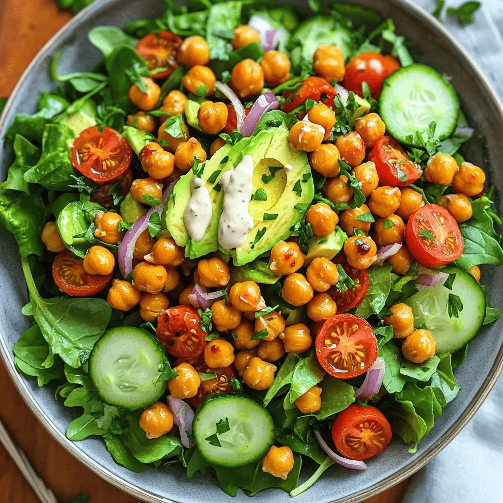 - Chickpeas: Start with a can of chickpeas. Drain and rinse them well. Rinsing removes excess sodium and improves flavor. Spread them on a towel to dry. This helps them get crispy when roasted. - Fresh Vegetables: Use a mix of colorful veggies for a vibrant salad. I like cherry tomatoes, cucumber, and red onion. They add sweetness, crunch, and zest. You can also use your favorite greens, like spinach or arugula, to lift the dish. - Dressing Components: The dressing is simple yet rich. Mix tahini with fresh lemon juice. This blend adds a nutty and tangy flavor. If the dressing is thick, add a splash of water to help it drizzle nicely. - Spicy Elements: Want some heat? Add cayenne pepper to the chickpeas. Start with a little, then adjust to your taste. This spice brings warmth and depth to the salad. - Extra Enhancements: For added texture, sprinkle cheese or seeds on top. Feta cheese adds creaminess, while sunflower seeds give a nice crunch. These additions make the salad more filling and fun! Check out the Full Recipe for more details on preparing this delightful dish! First, preheat your oven to 400°F (200°C). This high heat helps the chickpeas get nice and crispy. Next, grab a medium bowl. Add the rinsed chickpeas, olive oil, smoked paprika, garlic powder, and cayenne pepper. Sprinkle in a pinch of salt and pepper. Mix everything well so each chickpea gets coated in the spices. This step is key for flavor. Spread the seasoned chickpeas on a baking sheet. Make sure they are in a single layer. This helps them roast evenly. Roast them for 25-30 minutes. Stir them halfway through the cooking time. This ensures all sides get that perfect golden-brown color. You want them crunchy, not burnt, so watch them closely. While the chickpeas roast, it’s time to build your salad base. In a large bowl, layer your mixed greens first. Then add the halved cherry tomatoes, diced cucumber, and thinly sliced red onion. Each veggie adds color and crunch. Once the chickpeas are done, let them cool for a few minutes. Then, gently add them to your salad. For the dressing, whisk together tahini and fresh lemon juice in a small bowl. If it's too thick, just add a splash of water. Drizzle this creamy dressing over the salad. Finally, gently toss everything to mix. Be careful not to mash the avocado if you add it. This salad is not just tasty, it’s also beautiful. Enjoy each bite of this crispy chickpea salad! For the full recipe, check out the ingredients and steps above. To make your chickpeas crispy, avoid a few common mistakes. First, make sure you drain and rinse the chickpeas well. This helps remove excess starch. If you skip this step, they might not get crispy. Next, spread the chickpeas out on the baking sheet. Overcrowding them will trap steam and make them soggy. Aim for a single layer to allow air to circulate. You can also try alternative cooking methods. Air frying the chickpeas gives them a crunchy texture with less oil. Just set the air fryer to 400°F and cook for 15-20 minutes. Stir halfway through for even cooking. If you prefer, you can cook them on the stovetop. Heat a non-stick pan over medium heat and add the seasoned chickpeas. Stir often for about 10-15 minutes until they are crispy. The tahini dressing can make or break your salad. To get the right consistency, combine tahini with fresh lemon juice. If it feels too thick, add a splash of water. This helps create a smooth and creamy dressing that coats the salad well. Don't be afraid to experiment with flavors. Try adding garlic or herbs to the tahini for a twist. You can also mix in a bit of honey for sweetness or a dash of soy sauce for a savory kick. These variations can enhance the overall taste of your crispy chickpea salad. For the full recipe, check out the section above. Enjoy your cooking! {{image_4}} You can switch up the greens in your crispy chickpea salad. Instead of mixed greens, try spinach or kale. They add great nutrition and flavor. You can also use romaine or arugula for a fresh twist. For toppings, think outside the box. You can add: - Grated carrots for sweetness - Bell peppers for crunch - Radishes for a peppery bite - Nuts or seeds for texture These additions keep the salad exciting and fun! Want to shake things up? Try adding other legumes or proteins. Black beans or lentils are great choices. They boost the protein and add new flavors. You could even mix in grilled chicken or shrimp for a hearty meal. Dressings also offer a chance for creativity. Instead of tahini, use balsamic vinaigrette for a tangy taste. Or try a creamy yogurt dressing to add smoothness. These changes can make your salad feel new and special. For the full recipe, check out the Crispy Chickpea Salad Delight. To keep your crispy chickpea salad fresh, store it in the fridge. Use airtight containers to keep out air and moisture. This way, your salad stays crisp and tasty. - Containers: Choose glass or BPA-free plastic containers. They seal well. You can also use a mason jar for easy storage and serving. - Separation: Keep the chickpeas and salad base separate if you can. This helps the chickpeas stay crispy longer. If you have leftover chickpeas, you can reheat them. But, be careful not to lose that crunch. - Oven Method: Preheat your oven to 400°F (200°C). Spread chickpeas on a baking sheet. Heat for about 5 to 10 minutes. This will bring back their crispiness. - Refreshing the Salad: Before serving, add fresh greens or a little more dressing. This brings life back to your salad. Toss gently to mix without mashing the ingredients. For the full recipe, check out the Crispy Chickpea Salad Delight! To make chickpeas crispy, start by rinsing and draining them well. Dry them completely with a towel. This step is key! The less water, the crispier they will be. Next, toss them in olive oil and seasonings. I love using smoked paprika, garlic powder, and a pinch of cayenne for a kick. Spread them on a baking sheet in a single layer. Bake at 400°F for 25-30 minutes. Stir them halfway to ensure even crispiness. Yes, you can prep this salad in advance. Cook the chickpeas and store them in an airtight container. They will stay crispy if you keep them separate from the veggies. Chop your vegetables and store them in the fridge. Mix the tahini dressing and keep it in a jar. When you're ready to eat, combine everything for a fresh meal. If you need a substitute for tahini, try using Greek yogurt or almond butter. Both add creaminess and flavor. You can also make a simple lemon vinaigrette with olive oil, lemon juice, and a bit of mustard. These options will give your salad a unique twist while keeping it delicious. Absolutely! This salad is great for meal prep. Store the chickpeas, veggies, and dressing separately. This way, the salad stays fresh and crunchy. You can enjoy it throughout the week. Just mix it up when you’re ready to eat. For a full recipe, check the crispy chickpea salad instructions. Crispy chickpea salad is a delicious and healthy choice. We explored essential ingredients, like well-prepared chickpeas and fresh veggies. Roasting chickpeas correctly gives them that perfect crunch. We discussed tips for storing leftovers and reheating methods to keep them crispy. Try different add-ins for extra flavor and texture. With these ideas, you can make this salad your own. Enjoy discovering the many ways to customize this dish while benefiting from its nutritious qualities.