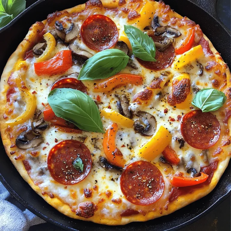 When it comes to cast iron pizza pans, a few stand out. Here are my top picks: - Lodge Cast Iron Pizza Pan - Camp Chef Cast Iron Pizza Pan - Cuisinart Cast Iron Round Pizza Pan Each of these pans has unique features that make them great for crispy crusts. 1. Lodge Cast Iron Pizza Pan This pan heats evenly. It has a smooth surface, making it easy to release your pizza. Many users rate it 4.8 out of 5. It’s perfect for beginners and experts alike. 2. Camp Chef Cast Iron Pizza Pan This one is thicker, which helps with heat retention. It also has a built-in handle for easy lifting. Users often score it 4.7 out of 5. It’s great for outdoor cooking too. 3. Cuisinart Cast Iron Round Pizza Pan This pan is lightweight and easy to clean. It heats up quickly, making it ideal for busy cooks. Its rating is 4.6 out of 5. This pan is perfect for small kitchens. - Lodge Cast Iron Pizza Pan - Pros: Durable, great heat distribution, versatile. - Cons: Heavier than some pans. - Camp Chef Cast Iron Pizza Pan - Pros: Thick, great for grilling, easy to handle. - Cons: Takes longer to heat. - Cuisinart Cast Iron Round Pizza Pan - Pros: Lightweight, quick heating, easy to clean. - Cons: May not retain heat as well as thicker pans. Choosing the right cast iron pizza pan can change your pizza game. Each option here offers something special for your kitchen. For the best results, try the Full Recipe included in this article. If you're on a budget, there are great cast iron pizza pans available. Look for brands like Lodge or Utopia Kitchen. They offer solid performance without breaking the bank. A budget-friendly option usually costs around $20 to $30. These pans heat evenly and give a great crust. You can make delicious pizza without spending too much. For those willing to spend a bit more, mid-range pans offer added features. Brands like Camp Chef and Cuisinart are popular in this range. Prices typically range from $30 to $60. These pans often have better heat retention and a more durable finish. They are perfect for home cooks aiming for restaurant-quality pizza. You’ll notice a difference in the crust's crispiness with these pans. If you want the best, consider premium cast iron pans. Brands like Finex and Staub are top choices. These pans can cost $60 and up. They often feature unique designs and superior craftsmanship. With a premium pan, you get even heat distribution and a long-lasting surface. Your pizzas will turn out perfectly crispy every time. For serious pizza lovers, investing in a high-end pan is worth it. For a delicious pizza recipe, check out the Full Recipe. To start, preheat your oven to 475°F (245°C). This helps your pan get hot quickly. I always recommend placing the cast iron skillet inside as it warms up. This step is key for that crispy crust you want. After preheating, add a bit of olive oil to the pan. Make sure to coat it well. This prevents sticking and gives a nice flavor to your pizza. Next, roll out your dough to fit the skillet. I usually aim for about 12 inches in diameter. Carefully place it in the pan, pressing it up the sides. This creates the perfect crust shape. For a crispy crust, the heat is your best friend. Always ensure the skillet is really hot before adding the dough. You can also blind bake the crust for a few minutes before adding toppings. This step firms it up, making it less soggy. Use a combination of cheese and toppings. The cheese should be generous, helping to seal in the toppings’ moisture. I love using mozzarella and a sprinkle of parmesan for extra flavor. Also, don’t overload with toppings. Too many can make the crust soggy. After enjoying your pizza, let the pan cool slightly. Then, rinse it with hot water. Avoid using soap, as it can strip the seasoning. If stuck bits remain, use a scraper or a stiff brush to clean. Always dry it completely to prevent rust. Once clean, apply a thin layer of oil. This keeps the pan seasoned and ready for your next pizza night. Store it in a dry place. With proper care, your cast iron pan will last for years and make many great pizzas. Want to try making this delicious pizza? Check out the Full Recipe for a step-by-step guide! {{image_4}} To make a great cast iron pizza, you need fresh ingredients. Here’s what you’ll need: - 2 cups all-purpose flour - 1 teaspoon instant yeast - 1 teaspoon salt - 3/4 cup warm water (approximately 110°F) - 1 tablespoon olive oil (plus extra for greasing) - 1 cup pizza sauce (your choice: store-bought or homemade) - 2 cups shredded mozzarella cheese - A mix of your favorite toppings (e.g., pepperoni, bell peppers, onions, mushrooms, etc.) - Fresh basil leaves for a fragrant garnish - A pinch of red pepper flakes (optional, for a spicy kick) Making pizza in a cast iron pan is fun and easy. Follow these steps for a great dish: 1. In a large bowl, mix the flour, yeast, and salt. Stir until blended. 2. Gradually add warm water and olive oil. Stir until a shaggy dough forms. 3. Place the dough on a floured surface. Knead it for about 5 minutes. It should feel smooth and elastic. 4. Put the dough in a greased bowl. Cover it with a damp cloth. Let it rise in a warm place for about 1 hour until it doubles in size. 5. Preheat your oven to 475°F (245°C) with the cast iron skillet inside. This helps make the crust crispy. 6. After the dough rises, punch it down. Roll it out to fit your skillet. It should be about 12 inches wide. 7. Remove the hot skillet from the oven. Drizzle olive oil in the bottom. Place the rolled dough in the skillet, pressing it up the sides. 8. Spread the pizza sauce evenly over the dough, leaving some space around the edges. 9. Sprinkle the shredded mozzarella cheese on top of the sauce. Add your favorite toppings. 10. Return the skillet to the oven and bake for 12-15 minutes. Look for melted cheese and a golden crust. 11. When done, take the skillet out and let it cool for a few minutes. 12. Before serving, add fresh basil leaves and a pinch of red pepper flakes if you like it spicy. 13. Slice the pizza and enjoy while it’s hot! Serve your pizza right from the skillet. This gives a rustic feel. For added flavor, drizzle a bit of balsamic glaze over it just before slicing. Enjoy your homemade cast iron pizza! For a veggie lovers cast iron pizza, focus on fresh vegetables. I love using bell peppers, onions, and mushrooms. You can also add spinach and artichokes. The key is to slice them thin. This helps them cook evenly. A sprinkle of Italian herbs over the top adds great flavor. You can even toss in some olives for a salty touch. Use the full recipe as your base and layer your veggies on top of the cheese. Bake until everything is bubbly and delicious. If you're a meat lover, this pizza is for you. Start with pepperoni and Italian sausage as your main toppings. Bacon adds a smoky flavor that's hard to beat. Don't forget to sprinkle on some cooked ham or chicken. A mix of meats gives each bite a unique taste. Just like the veggie pizza, use the full recipe for the dough and sauce. Bake until the meat is cooked and the cheese is golden. Get creative with your toppings! Try unique options like figs and prosciutto for a sweet and salty mix. You can also use BBQ sauce instead of pizza sauce for a twist. Another fun idea is to use different cheeses. Goat cheese or blue cheese can give your pizza a rich flavor. You can even top it with arugula after baking for a fresh bite. The possibilities are endless! Experiment with your favorite ingredients. Cast iron pizza is all about personal taste. Enjoy making your own unique combinations! To choose the best cast iron pizza pan, look for a few key features. First, consider the size. A 12-inch pan is standard, but larger ones are great for family meals. Next, check the weight. Heavier pans hold heat better, giving you a crispy crust. Also, look for a well-seasoned surface. This helps prevent sticking and makes cleaning easy. Finally, choose a pan with sturdy handles. This way, you can safely lift it out of the oven. Yes, you can use a cast iron pan on the grill. It works great for making pizza outdoors. Just preheat the grill to a high temperature. Place your cast iron pan directly on the grill grates. This gives your pizza a nice, smoky flavor. Keep an eye on the cooking time. It may be shorter than in the oven. Always handle the pan with care, as it will be very hot. Storing a cast iron pizza pan is simple. First, make sure it is clean and completely dry. Moisture can cause rust. You can lightly oil the surface to keep it seasoned. Store it in a cool, dry place. Avoid stacking other pans on top of it to prevent scratches. If you have a lid, use it to protect the pan from dust. Proper storage helps your pan last for years of delicious pizzas. For a delightful pizza experience, try the full recipe for Best Cast Iron Pizza! We’ve covered the best cast iron pizza pans available today. You now know how to choose the right one and understand the pros and cons of each option. We also explored effective tips for using your pan, including prepping and cleaning it. The full recipe gives you everything needed for a perfect pizza, with variations to suit any taste. Cast iron pans are affordable and versatile tools in any kitchen. Enjoy making delicious pizzas that impress your family and friends. Your culinary adventure is just starting!
