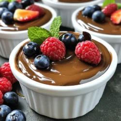 To make your vegan chocolate avocado mousse, you will need: - 2 ripe avocados, peeled and pitted - 1/2 cup unsweetened cocoa powder - 1/2 cup maple syrup (adjust for sweetness preference) - 1/4 cup almond milk (or any preferred plant-based milk) - 1 teaspoon vanilla extract - A pinch of sea salt - Fresh berries (such as strawberries or raspberries) and mint leaves for garnish - Avocados: They are rich in healthy fats and vitamins. They provide fiber and help keep you full. - Cocoa Powder: This adds a deep chocolate flavor and is high in antioxidants. It can boost mood and heart health. - Maple Syrup: A natural sweetener, it contains minerals like manganese and zinc. It offers a lower glycemic index than refined sugar. - Almond Milk: This plant-based milk is low in calories and often fortified with vitamins. It adds creaminess without dairy. - Vanilla Extract: It enhances flavor and can help reduce stress. It’s a small yet powerful addition. - Sea Salt: This balances flavors and may improve hydration. It adds a touch of complexity to the mousse. - Fresh Berries: They provide vitamins, antioxidants, and a burst of color. They also add a refreshing contrast to the rich mousse. Choosing the best brands can elevate your mousse. Here are my top picks: - Avocados: Look for Hass avocados. They are creamy and perfect for mousse. - Cocoa Powder: I recommend Navitas Organics or Ghirardelli for rich flavor. - Maple Syrup: Choose organic brands like Grade A or B for the best taste. - Almond Milk: Silk and Califia Farms offer great options for creamy texture. - Vanilla Extract: Pure vanilla extract from Nielsen-Massey is my favorite. - Sea Salt: Celtic Sea Salt or Himalayan pink salt add a nice touch. - Fresh Berries: Buy organic if possible. They taste better and support sustainable farming. For the full recipe, check the detailed instructions. Enjoy creating this rich and creamy vegan chocolate avocado mousse! To start, gather all your ingredients. You will need two ripe avocados, unsweetened cocoa powder, maple syrup, almond milk, vanilla extract, and a pinch of sea salt. 1. Cut the avocados in half. 2. Remove the pits. 3. Scoop the avocado flesh into your food processor bowl. This step is key for a smooth mousse. Make sure your avocados are ripe. Ripe avocados are soft and creamy, which helps create a rich texture. Next, add the cocoa powder, maple syrup, almond milk, vanilla extract, and sea salt to the processor. 1. Blend on high speed until smooth. 2. Pause to scrape the sides of the bowl. This ensures every bit of avocado gets mixed in. You want a creamy and velvety texture. Taste the mousse to see if you want it sweeter. If so, add more maple syrup and blend again. Once you achieve the perfect flavor and texture, spoon the mousse into individual servings. Use ramekins or small bowls for a nice touch. 1. Refrigerate the mousse for at least 30 minutes. Chilling helps the flavors meld together. It also firms up the mousse, making it easier to serve. Just before serving, add fresh berries on top. Garnish with mint leaves for a pop of color and flavor. Enjoy this rich and creamy delight! For the full recipe, check out the details above. The right avocado makes a big difference in your mousse. Look for avocados that yield slightly when you press them. They should be dark green and soft. Overripe avocados can give a bad taste, while underripe ones can be hard and chunky. Aim for ripe avocados for that rich, creamy texture. Sweetness is personal. Start with the amount in the full recipe. Taste the mousse after blending. If you want it sweeter, add more maple syrup. Blend again until smooth. Remember, flavors develop as the mousse chills, so don’t rush. You can always add a little more sweetness later. Avoid using unripe avocados. They can ruin the texture. Also, be careful with the cocoa powder. Too much can make it bitter. Blend well to avoid lumps, and don’t skip chilling time. It helps set the mousse. Finally, don’t forget to taste as you go; it’s your dessert! {{image_4}} You can easily customize your vegan chocolate avocado mousse. For a twist, try adding a tablespoon of peanut butter or almond butter. This adds a nutty flavor that pairs well with chocolate. You can also mix in a few drops of mint extract for a refreshing taste. Want to spice it up? Add a pinch of cinnamon or cayenne pepper for a warm kick. If you have nut allergies, you can swap almond milk for oat or coconut milk. For sweetness, use agave syrup or date syrup instead of maple syrup. If you want to cut down on calories, use a sugar substitute like monk fruit sweetener. This way, everyone can enjoy this creamy dessert. How you serve this mousse makes it even more fun. Use small jars or cups to present individual servings. Top each mousse with fresh berries and mint leaves for a pop of color. You can also drizzle some melted dark chocolate on top for extra flair. Serve with a spoon and watch everyone’s eyes light up at this rich treat! Check the Full Recipe to get all the details. To store leftover mousse, place it in an airtight container. This helps keep it fresh. Make sure to cover the top with plastic wrap if your container does not have a lid. Store it in the fridge for up to three days. The mousse tastes best when it is chilled. You can freeze the mousse for longer storage. Use a freezer-safe container or ice cube trays. Scoop the mousse into portions, then cover tightly. It can last in the freezer for about one month. When ready to eat, thaw it in the fridge overnight. Blend it again to restore the creamy texture. To keep your mousse fresh, avoid leaving it out at room temperature. Always seal it well after serving. If you notice any browning on the surface, simply stir it in. This will not affect the taste. For best flavor, enjoy it as soon as possible after making it. For the full recipe, check above! Vegan chocolate avocado mousse lasts about three to five days in the fridge. Store it in a sealed container. This keeps the mousse fresh and tasty. The mousse may darken a bit over time. This is normal due to oxidation. Just give it a stir before serving. Yes, you can make this mousse ahead of time. I often prepare it a day or two before serving. Just store it in the fridge. This allows the flavors to blend well. Plus, it saves time when you have guests. You can serve this mousse with fresh berries, nuts, or a dollop of coconut cream. Fresh mint leaves add a nice touch too. These toppings enhance the flavor and look great. You can also serve it with a side of fruit salad. Yes, this mousse is healthier than regular mousse. It uses avocados instead of heavy cream. Avocados provide healthy fats and fiber. The cocoa powder adds antioxidants, while maple syrup offers natural sweetness. This dessert is rich in nutrients without the guilt. Absolutely! You can use any plant-based milk you like. Almond, soy, cashew, or coconut milk all work well. Each type of milk adds a unique flavor. Choose the one that fits your taste. We explored the world of vegan chocolate avocado mousse. We discussed the key ingredients and their health benefits. I shared easy steps to prepare and serve the mousse. You learned useful tips to enhance flavor and avoid mistakes. We also talked about storage methods and variations to suit your taste. Enjoy creating this delightful dessert. It’s simple, fun, and packed with goodness. You can impress guests and satisfy your sweet tooth while being healthy.