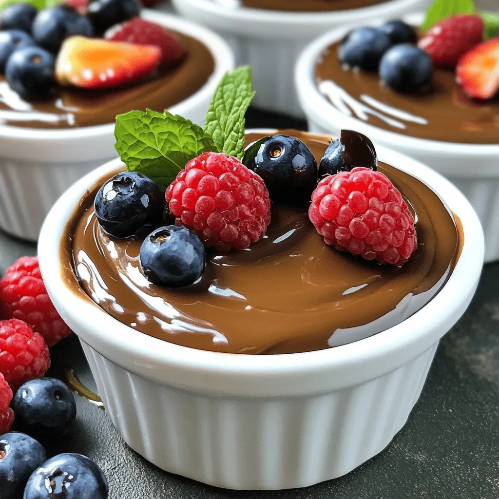 To make your vegan chocolate avocado mousse, you will need: - 2 ripe avocados, peeled and pitted - 1/2 cup unsweetened cocoa powder - 1/2 cup maple syrup (adjust for sweetness preference) - 1/4 cup almond milk (or any preferred plant-based milk) - 1 teaspoon vanilla extract - A pinch of sea salt - Fresh berries (such as strawberries or raspberries) and mint leaves for garnish - Avocados: They are rich in healthy fats and vitamins. They provide fiber and help keep you full. - Cocoa Powder: This adds a deep chocolate flavor and is high in antioxidants. It can boost mood and heart health. - Maple Syrup: A natural sweetener, it contains minerals like manganese and zinc. It offers a lower glycemic index than refined sugar. - Almond Milk: This plant-based milk is low in calories and often fortified with vitamins. It adds creaminess without dairy. - Vanilla Extract: It enhances flavor and can help reduce stress. It’s a small yet powerful addition. - Sea Salt: This balances flavors and may improve hydration. It adds a touch of complexity to the mousse. - Fresh Berries: They provide vitamins, antioxidants, and a burst of color. They also add a refreshing contrast to the rich mousse. Choosing the best brands can elevate your mousse. Here are my top picks: - Avocados: Look for Hass avocados. They are creamy and perfect for mousse. - Cocoa Powder: I recommend Navitas Organics or Ghirardelli for rich flavor. - Maple Syrup: Choose organic brands like Grade A or B for the best taste. - Almond Milk: Silk and Califia Farms offer great options for creamy texture. - Vanilla Extract: Pure vanilla extract from Nielsen-Massey is my favorite. - Sea Salt: Celtic Sea Salt or Himalayan pink salt add a nice touch. - Fresh Berries: Buy organic if possible. They taste better and support sustainable farming. For the full recipe, check the detailed instructions. Enjoy creating this rich and creamy vegan chocolate avocado mousse! To start, gather all your ingredients. You will need two ripe avocados, unsweetened cocoa powder, maple syrup, almond milk, vanilla extract, and a pinch of sea salt. 1. Cut the avocados in half. 2. Remove the pits. 3. Scoop the avocado flesh into your food processor bowl. This step is key for a smooth mousse. Make sure your avocados are ripe. Ripe avocados are soft and creamy, which helps create a rich texture. Next, add the cocoa powder, maple syrup, almond milk, vanilla extract, and sea salt to the processor. 1. Blend on high speed until smooth. 2. Pause to scrape the sides of the bowl. This ensures every bit of avocado gets mixed in. You want a creamy and velvety texture. Taste the mousse to see if you want it sweeter. If so, add more maple syrup and blend again. Once you achieve the perfect flavor and texture, spoon the mousse into individual servings. Use ramekins or small bowls for a nice touch. 1. Refrigerate the mousse for at least 30 minutes. Chilling helps the flavors meld together. It also firms up the mousse, making it easier to serve. Just before serving, add fresh berries on top. Garnish with mint leaves for a pop of color and flavor. Enjoy this rich and creamy delight! For the full recipe, check out the details above. The right avocado makes a big difference in your mousse. Look for avocados that yield slightly when you press them. They should be dark green and soft. Overripe avocados can give a bad taste, while underripe ones can be hard and chunky. Aim for ripe avocados for that rich, creamy texture. Sweetness is personal. Start with the amount in the full recipe. Taste the mousse after blending. If you want it sweeter, add more maple syrup. Blend again until smooth. Remember, flavors develop as the mousse chills, so don’t rush. You can always add a little more sweetness later. Avoid using unripe avocados. They can ruin the texture. Also, be careful with the cocoa powder. Too much can make it bitter. Blend well to avoid lumps, and don’t skip chilling time. It helps set the mousse. Finally, don’t forget to taste as you go; it’s your dessert! {{image_4}} You can easily customize your vegan chocolate avocado mousse. For a twist, try adding a tablespoon of peanut butter or almond butter. This adds a nutty flavor that pairs well with chocolate. You can also mix in a few drops of mint extract for a refreshing taste. Want to spice it up? Add a pinch of cinnamon or cayenne pepper for a warm kick. If you have nut allergies, you can swap almond milk for oat or coconut milk. For sweetness, use agave syrup or date syrup instead of maple syrup. If you want to cut down on calories, use a sugar substitute like monk fruit sweetener. This way, everyone can enjoy this creamy dessert. How you serve this mousse makes it even more fun. Use small jars or cups to present individual servings. Top each mousse with fresh berries and mint leaves for a pop of color. You can also drizzle some melted dark chocolate on top for extra flair. Serve with a spoon and watch everyone’s eyes light up at this rich treat! Check the Full Recipe to get all the details. To store leftover mousse, place it in an airtight container. This helps keep it fresh. Make sure to cover the top with plastic wrap if your container does not have a lid. Store it in the fridge for up to three days. The mousse tastes best when it is chilled. You can freeze the mousse for longer storage. Use a freezer-safe container or ice cube trays. Scoop the mousse into portions, then cover tightly. It can last in the freezer for about one month. When ready to eat, thaw it in the fridge overnight. Blend it again to restore the creamy texture. To keep your mousse fresh, avoid leaving it out at room temperature. Always seal it well after serving. If you notice any browning on the surface, simply stir it in. This will not affect the taste. For best flavor, enjoy it as soon as possible after making it. For the full recipe, check above! Vegan chocolate avocado mousse lasts about three to five days in the fridge. Store it in a sealed container. This keeps the mousse fresh and tasty. The mousse may darken a bit over time. This is normal due to oxidation. Just give it a stir before serving. Yes, you can make this mousse ahead of time. I often prepare it a day or two before serving. Just store it in the fridge. This allows the flavors to blend well. Plus, it saves time when you have guests. You can serve this mousse with fresh berries, nuts, or a dollop of coconut cream. Fresh mint leaves add a nice touch too. These toppings enhance the flavor and look great. You can also serve it with a side of fruit salad. Yes, this mousse is healthier than regular mousse. It uses avocados instead of heavy cream. Avocados provide healthy fats and fiber. The cocoa powder adds antioxidants, while maple syrup offers natural sweetness. This dessert is rich in nutrients without the guilt. Absolutely! You can use any plant-based milk you like. Almond, soy, cashew, or coconut milk all work well. Each type of milk adds a unique flavor. Choose the one that fits your taste. We explored the world of vegan chocolate avocado mousse. We discussed the key ingredients and their health benefits. I shared easy steps to prepare and serve the mousse. You learned useful tips to enhance flavor and avoid mistakes. We also talked about storage methods and variations to suit your taste. Enjoy creating this delightful dessert. It’s simple, fun, and packed with goodness. You can impress guests and satisfy your sweet tooth while being healthy.