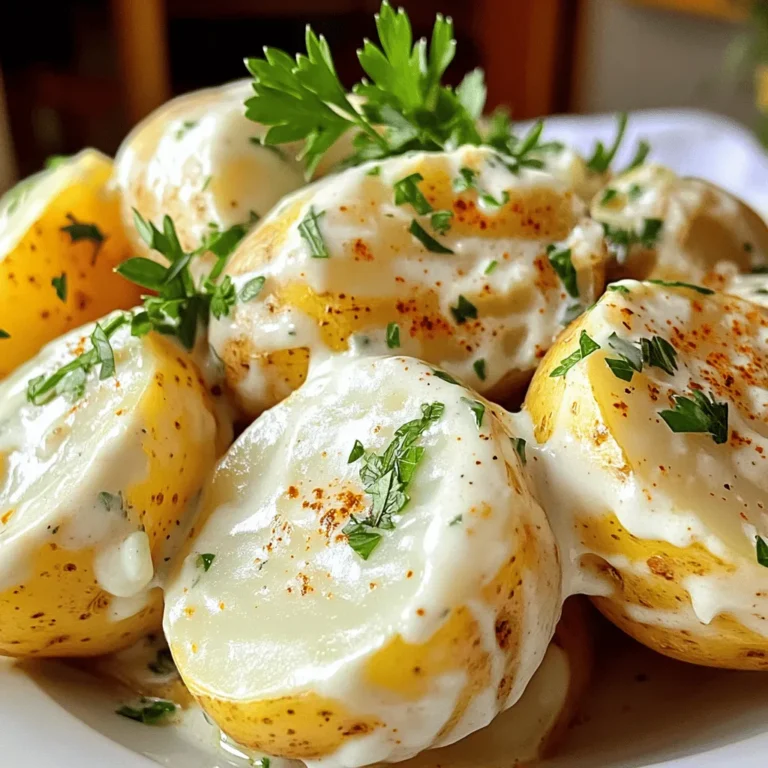 To make creamy garlic sauce baby potatoes, gather these ingredients: - 1.5 pounds baby potatoes - 4 cloves garlic, minced - 1 cup heavy cream - 1 tablespoon olive oil - 1 teaspoon dried thyme - 1 teaspoon garlic powder - 1/2 teaspoon paprika - Salt and pepper to taste - Fresh parsley, chopped (for garnish) When choosing baby potatoes, look for firm ones. They should have smooth skin without blemishes. Color is also important; choose potatoes that are vibrant, not dull. The size should be uniform for even cooking. If you can, go for organic potatoes. They taste better and are often fresher. If you don’t have heavy cream, you can use sour cream or Greek yogurt. These will give a nice tang. For a lighter option, try using half-and-half. If you can't find baby potatoes, you can cut larger potatoes into smaller pieces. You can also swap dried thyme with fresh herbs like rosemary or parsley for a fresh twist. Start by washing the baby potatoes. Use cool water to remove all dirt. Once clean, dry them with a towel. This helps the sauce stick better later. Fill a large pot with water and add salt. Bring the water to a rolling boil. Carefully add the baby potatoes. Cook them for 15 to 20 minutes. They should be tender and easy to pierce with a fork. After cooking, drain the potatoes in a colander. Let them cool for a moment, then slice each potato in half. In a large skillet, warm olive oil over medium heat. Add minced garlic and sauté for about one minute. Stir often to keep the garlic from burning. Slowly pour in the heavy cream, mixing in dried thyme, garlic powder, paprika, and salt and pepper. Let this simmer for about 3 to 4 minutes until it thickens slightly. Next, add the halved baby potatoes to the skillet. Toss them gently in the creamy garlic sauce. Cook for another 5 to 7 minutes to heat through. Finally, remove from heat and garnish with fresh parsley. For the full experience, check the Full Recipe. Enjoy serving these creamy garlic sauce baby potatoes! To get that perfect creamy sauce, use heavy cream. It gives a rich texture. Gradually add the cream to the garlic. This lets the sauce thicken nicely. Stir often to avoid burning. Simmer for a few minutes until it coats the back of a spoon. If it’s too thick, add a splash of water or broth. Cook baby potatoes for 15-20 minutes. Test them with a fork. They should feel soft but not mushy. Start timing when you add them to boiling water. Drain them once tender. This keeps them from overcooking. Halve them while warm for better sauce absorption. Add more garlic if you love its taste. Fresh herbs like basil or chives can brighten the dish. A sprinkle of lemon juice gives a nice zing. For heat, try red pepper flakes. Adjust salt and pepper to your liking. You can check the [Full Recipe] for other ideas! {{image_4}} You can add cheese to make this dish even better. I love using Parmesan or cheddar. Just sprinkle grated cheese into the creamy sauce. Stir until it melts and blends well. This makes the dish rich and savory. If you want to try something different, use feta or goat cheese. Both add a nice tangy bite. If you love heat, try a spicy version. Just add red pepper flakes to the sauce. Start with a pinch, then taste it. You can always add more if you want it spicier. This adds a great kick to the creamy garlic flavor. I often pair it with a squeeze of lemon juice to balance the heat. Herbs can change the taste of your creamy garlic sauce baby potatoes. For a fresh twist, try adding fresh basil or dill. They brighten the dish and add freshness. You can also use rosemary or oregano for a more earthy flavor. Just chop them finely and add them to the sauce. Experiment with different herbs to find your favorite blend. For the complete recipe, check the full recipe section. To store leftover creamy garlic sauce baby potatoes, let them cool first. Place them in an airtight container. Make sure to cover them well to keep moisture in. Store them in the fridge for up to three days. If you notice any strange smells or colors, it’s best to toss them out. When you’re ready to reheat, use a skillet or microwave. If using a skillet, add a splash of cream or milk. Heat on low to avoid burning. Stir gently to keep the sauce smooth and creamy. In the microwave, heat in short bursts. Stir in between to help heat evenly. You can freeze creamy garlic sauce baby potatoes, but the texture may change. To freeze, place cooled potatoes in a freezer-safe bag. Remove as much air as possible. They will last for up to two months. When ready to eat, thaw in the fridge overnight. Reheat as mentioned above for best results. You can serve these potatoes with many dishes. They pair well with grilled chicken or fish. A fresh salad also adds a nice crunch. For a hearty meal, serve them with steak or pork chops. If you want a vegetarian option, try them with roasted vegetables. You can even enjoy them as a side with pasta dishes. This creamy garlic sauce adds flavor to anything on your plate. To check if the baby potatoes are done, use a fork. If the fork goes in easily, they are ready. You should cook them for about 15-20 minutes. Keep an eye on them so they don’t get too soft. Overcooked potatoes can become mushy. If you’re unsure, taste one! It should be tender and creamy inside. Yes, you can use non-dairy options! Almond milk or coconut cream can replace heavy cream. For a creamy texture, try cashew cream. Just make sure to adjust the flavors. You may need a bit more seasoning to get the right taste. This way, everyone can enjoy the dish, no matter their diet. In this blog post, we explored how to make creamy garlic sauce baby potatoes. We covered important ingredients, tips for choosing fresh potatoes, and substitutions. You learned step-by-step how to prepare, cook, and create a rich sauce. The tips provided help ensure your dish turns out perfect every time. Don’t forget the variations to spice things up. Lastly, proper storage advice helps you enjoy leftovers later. These simple ideas will help you impress your family and friends! Enjoy your cooking!