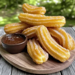 To make your delicious cinnamon sugar churros, gather these simple ingredients: - 1 cup water - 2 tablespoons vegetable oil - 1 tablespoon granulated sugar (for dough) - 1 cup all-purpose flour - 1/4 teaspoon salt - 1 teaspoon baking powder - 2 large eggs - 1/2 cup granulated sugar (for coating) - 1 teaspoon ground cinnamon (for coating) - Oil for frying (about 2 inches in depth) These items are easy to find. You might already have some in your kitchen. You can make your churros even better with these tasty extras: - Chocolate sauce for dipping - Dulce de leche for a sweet touch - Whipped cream for extra creaminess - Sprinkles for fun color Feel free to mix and match these options to suit your taste! If you have allergies, here are some easy swaps: - Gluten-free options: Use gluten-free flour instead of all-purpose flour. - Dairy-free alternatives: Replace eggs with a vegan egg substitute or flaxseed meal. These substitutions help everyone enjoy churros without worry. Just remember to check labels to avoid hidden allergens. To make the dough for churros, start by heating water, oil, and sugar. In a medium saucepan, combine: - 1 cup water - 2 tablespoons vegetable oil - 1 tablespoon granulated sugar Place this mix on medium heat. Bring it to a steady boil. Once boiling, take the pan off the heat. Now add: - 1 cup all-purpose flour - 1/4 teaspoon salt - 1 teaspoon baking powder Stir it all together with a wooden spoon. Keep stirring until it forms a smooth dough. It should pull away from the sides of the pan. Let the dough cool for about 5 to 10 minutes. Once it’s warm, add: - 2 large eggs Mix well after adding each egg. The dough should look glossy and smooth. To fry the churros, first, transfer your dough into a piping bag. Use a large star tip for those classic churro shapes. Next, heat oil in a deep skillet. You need about 2 inches of oil. Heat it to 350°F (175°C). To check the temperature, drop a small piece of dough in the oil. If it sizzles and rises, you’re ready. Pipe 6-inch strips of dough into the hot oil. Use scissors to cut the ends. Fry them in batches. Don’t overcrowd the pan. Cook until they are golden brown, about 2-3 minutes on each side. Once your churros are golden and crispy, take them out of the oil. Place them on a plate lined with paper towels to drain the excess oil. While they are still warm, it’s time to coat them. In a small bowl, mix together: - 1/2 cup granulated sugar - 1 teaspoon ground cinnamon Roll each churro in the cinnamon sugar mix until they are fully coated. This will give them that sweet and spicy flavor that everyone loves. Enjoy your fresh churros with chocolate sauce or dulce de leche! For the full details, check the Full Recipe. To get the right churro texture, follow these steps closely: - Use the correct ratio of flour to liquid. Too much flour leads to dry churros. - Mix the dough well after adding eggs. This creates a smooth and shiny finish. - Let the dough rest for a few minutes. This helps with air pockets for a light churro. A well-made churro should be crispy on the outside and soft on the inside. Frying churros can be tricky. Here are some mistakes to avoid: - Oil temperature: If the oil is too hot, churros burn. If it’s too cold, they soak up oil. Aim for 350°F (175°C). - Overcrowding the pan: Fry in small batches. Overcrowding lowers the oil temperature and leads to soggy churros. - Not draining properly: Place churros on paper towels after frying. This helps remove excess oil for a crispier result. Pay attention to these tips to ensure your churros fry perfectly. Churros taste great on their own, but you can make them even better. Here are some fun ideas: - Serve with chocolate sauce for dipping. The rich flavor pairs well with the cinnamon. - Try dulce de leche for a sweet twist. It adds a creamy texture that complements the churros. - For a fun touch, dust with extra cinnamon sugar before serving. It makes for a beautiful presentation. These serving options will elevate your churro experience and impress your guests. For the complete recipe, check the Full Recipe above. {{image_4}} You can make churros even more fun by adding flavors. Try chocolate churros by mixing cocoa powder into the dough. Use about two tablespoons of cocoa powder for a rich taste. For a unique twist, matcha churros are great too! Just blend in one to two teaspoons of matcha powder. These flavors will give your churros a special kick. Stuffed churros are a delightful treat. You can fill them with cream, fruit, or chocolate. To make stuffed churros, prepare the dough as usual. After frying, use a piping bag to inject your favorite filling. Creamy chocolate ganache or fresh fruit jam works well. Just be careful when biting into them—they can be messy but oh-so-delicious! If you need a gluten-free option, you can substitute the flour. Use a gluten-free flour blend that works for baking. Make sure it has xanthan gum, which helps with texture. Follow the same steps in the recipe. Your churros will still be crispy and tasty. This way, everyone can enjoy the joy of churros! For the full recipe, check out the previous section. To store leftover churros, wait until they cool down. Place them in an airtight container. You can keep them at room temperature for one day. For longer storage, put them in the fridge. They last up to three days in the fridge. To reheat churros, use an oven for the best results. Preheat your oven to 350°F (175°C). Place the churros on a baking sheet. Heat them for about 5-7 minutes. This keeps them crispy. You can also reheat them in an air fryer at 350°F for about 3-4 minutes. To keep churros fresh, avoid stacking them. This prevents them from getting soggy. You can sprinkle a little extra cinnamon sugar before storing. For a fun twist, try dipping them in chocolate sauce or dulce de leche. Enjoy your churros with these tasty sides! Check the Full Recipe for more ideas. To make vegan churros, you can replace the two eggs in the recipe. Use 1/2 cup of unsweetened applesauce or a flax egg (1 tablespoon ground flaxseed mixed with 2.5 tablespoons water). These options bind the dough well. The rest of the recipe remains the same. The result will be just as tasty and delightful. The best oil for frying churros is one with a high smoke point. Options include vegetable oil, canola oil, or sunflower oil. These oils heat well and do not add strong flavors. Heat the oil to 350°F (175°C) for perfect frying. This ensures churros cook fast without absorbing too much oil. To avoid greasy churros, ensure the oil is hot enough before frying. If the oil is too cool, churros absorb more oil. Fry them in small batches, so they have space. After frying, place churros on paper towels. This helps absorb extra oil. Following these steps will keep your churros light and crispy. We covered the essential ingredients, detailed steps, and tips for making churros. You learned how to create a perfect dough, fry them with care, and coat them in cinnamon sugar. Don't forget the fun variations and storage tips to keep your churros fresh. Churros can be a tasty treat for any occasion. With a bit of practice and these easy steps, you can impress anyone with your delicious creations. Enjoy making and sharing your churros!