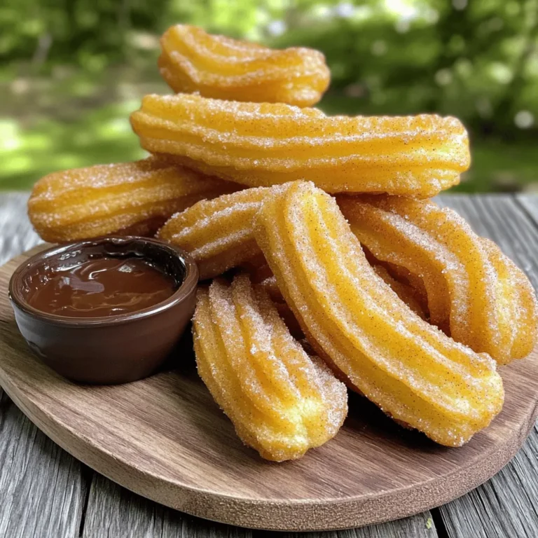 To make your delicious cinnamon sugar churros, gather these simple ingredients: - 1 cup water - 2 tablespoons vegetable oil - 1 tablespoon granulated sugar (for dough) - 1 cup all-purpose flour - 1/4 teaspoon salt - 1 teaspoon baking powder - 2 large eggs - 1/2 cup granulated sugar (for coating) - 1 teaspoon ground cinnamon (for coating) - Oil for frying (about 2 inches in depth) These items are easy to find. You might already have some in your kitchen. You can make your churros even better with these tasty extras: - Chocolate sauce for dipping - Dulce de leche for a sweet touch - Whipped cream for extra creaminess - Sprinkles for fun color Feel free to mix and match these options to suit your taste! If you have allergies, here are some easy swaps: - Gluten-free options: Use gluten-free flour instead of all-purpose flour. - Dairy-free alternatives: Replace eggs with a vegan egg substitute or flaxseed meal. These substitutions help everyone enjoy churros without worry. Just remember to check labels to avoid hidden allergens. To make the dough for churros, start by heating water, oil, and sugar. In a medium saucepan, combine: - 1 cup water - 2 tablespoons vegetable oil - 1 tablespoon granulated sugar Place this mix on medium heat. Bring it to a steady boil. Once boiling, take the pan off the heat. Now add: - 1 cup all-purpose flour - 1/4 teaspoon salt - 1 teaspoon baking powder Stir it all together with a wooden spoon. Keep stirring until it forms a smooth dough. It should pull away from the sides of the pan. Let the dough cool for about 5 to 10 minutes. Once it’s warm, add: - 2 large eggs Mix well after adding each egg. The dough should look glossy and smooth. To fry the churros, first, transfer your dough into a piping bag. Use a large star tip for those classic churro shapes. Next, heat oil in a deep skillet. You need about 2 inches of oil. Heat it to 350°F (175°C). To check the temperature, drop a small piece of dough in the oil. If it sizzles and rises, you’re ready. Pipe 6-inch strips of dough into the hot oil. Use scissors to cut the ends. Fry them in batches. Don’t overcrowd the pan. Cook until they are golden brown, about 2-3 minutes on each side. Once your churros are golden and crispy, take them out of the oil. Place them on a plate lined with paper towels to drain the excess oil. While they are still warm, it’s time to coat them. In a small bowl, mix together: - 1/2 cup granulated sugar - 1 teaspoon ground cinnamon Roll each churro in the cinnamon sugar mix until they are fully coated. This will give them that sweet and spicy flavor that everyone loves. Enjoy your fresh churros with chocolate sauce or dulce de leche! For the full details, check the Full Recipe. To get the right churro texture, follow these steps closely: - Use the correct ratio of flour to liquid. Too much flour leads to dry churros. - Mix the dough well after adding eggs. This creates a smooth and shiny finish. - Let the dough rest for a few minutes. This helps with air pockets for a light churro. A well-made churro should be crispy on the outside and soft on the inside. Frying churros can be tricky. Here are some mistakes to avoid: - Oil temperature: If the oil is too hot, churros burn. If it’s too cold, they soak up oil. Aim for 350°F (175°C). - Overcrowding the pan: Fry in small batches. Overcrowding lowers the oil temperature and leads to soggy churros. - Not draining properly: Place churros on paper towels after frying. This helps remove excess oil for a crispier result. Pay attention to these tips to ensure your churros fry perfectly. Churros taste great on their own, but you can make them even better. Here are some fun ideas: - Serve with chocolate sauce for dipping. The rich flavor pairs well with the cinnamon. - Try dulce de leche for a sweet twist. It adds a creamy texture that complements the churros. - For a fun touch, dust with extra cinnamon sugar before serving. It makes for a beautiful presentation. These serving options will elevate your churro experience and impress your guests. For the complete recipe, check the Full Recipe above. {{image_4}} You can make churros even more fun by adding flavors. Try chocolate churros by mixing cocoa powder into the dough. Use about two tablespoons of cocoa powder for a rich taste. For a unique twist, matcha churros are great too! Just blend in one to two teaspoons of matcha powder. These flavors will give your churros a special kick. Stuffed churros are a delightful treat. You can fill them with cream, fruit, or chocolate. To make stuffed churros, prepare the dough as usual. After frying, use a piping bag to inject your favorite filling. Creamy chocolate ganache or fresh fruit jam works well. Just be careful when biting into them—they can be messy but oh-so-delicious! If you need a gluten-free option, you can substitute the flour. Use a gluten-free flour blend that works for baking. Make sure it has xanthan gum, which helps with texture. Follow the same steps in the recipe. Your churros will still be crispy and tasty. This way, everyone can enjoy the joy of churros! For the full recipe, check out the previous section. To store leftover churros, wait until they cool down. Place them in an airtight container. You can keep them at room temperature for one day. For longer storage, put them in the fridge. They last up to three days in the fridge. To reheat churros, use an oven for the best results. Preheat your oven to 350°F (175°C). Place the churros on a baking sheet. Heat them for about 5-7 minutes. This keeps them crispy. You can also reheat them in an air fryer at 350°F for about 3-4 minutes. To keep churros fresh, avoid stacking them. This prevents them from getting soggy. You can sprinkle a little extra cinnamon sugar before storing. For a fun twist, try dipping them in chocolate sauce or dulce de leche. Enjoy your churros with these tasty sides! Check the Full Recipe for more ideas. To make vegan churros, you can replace the two eggs in the recipe. Use 1/2 cup of unsweetened applesauce or a flax egg (1 tablespoon ground flaxseed mixed with 2.5 tablespoons water). These options bind the dough well. The rest of the recipe remains the same. The result will be just as tasty and delightful. The best oil for frying churros is one with a high smoke point. Options include vegetable oil, canola oil, or sunflower oil. These oils heat well and do not add strong flavors. Heat the oil to 350°F (175°C) for perfect frying. This ensures churros cook fast without absorbing too much oil. To avoid greasy churros, ensure the oil is hot enough before frying. If the oil is too cool, churros absorb more oil. Fry them in small batches, so they have space. After frying, place churros on paper towels. This helps absorb extra oil. Following these steps will keep your churros light and crispy. We covered the essential ingredients, detailed steps, and tips for making churros. You learned how to create a perfect dough, fry them with care, and coat them in cinnamon sugar. Don't forget the fun variations and storage tips to keep your churros fresh. Churros can be a tasty treat for any occasion. With a bit of practice and these easy steps, you can impress anyone with your delicious creations. Enjoy making and sharing your churros!
