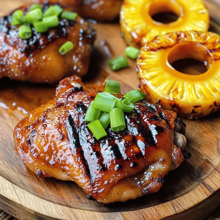 To make Huli Huli Chicken, you need these simple ingredients: - 4 boneless, skinless chicken thighs - 1/4 cup soy sauce - 1/4 cup freshly extracted pineapple juice - 1/4 cup packed brown sugar - 2 tablespoons freshly grated ginger - 3 cloves garlic, finely minced - 2 tablespoons sesame oil - 1 tablespoon apple cider vinegar - 1/2 teaspoon freshly cracked black pepper - 1/4 teaspoon cayenne pepper (adjust for your desired spice level) - 2 green onions, thinly sliced (for garnish) - 1 ripe pineapple, sliced into rings (for grilling) If you can't find certain ingredients, don't worry! Here are some easy swaps: - Chicken Thighs: You can use boneless chicken breasts instead. They cook faster but may dry out more. - Soy Sauce: Try tamari for a gluten-free option. - Pineapple Juice: Orange juice adds a nice twist. - Brown Sugar: White sugar or honey can work in a pinch. - Ginger: Ground ginger is okay but use less since it's stronger. - Cayenne Pepper: You can skip this if you prefer no heat. When buying ingredients, look for quality to get the best taste: - Chicken: Choose chicken that is pink and firm. Avoid any with a slimy texture. - Pineapple: Select pineapples that smell sweet at the base and have a vibrant color. If they are too soft, they may be overripe. - Ginger and Garlic: Pick fresh roots that are firm and smooth. Avoid any that are wrinkled or soft. - Green Onions: Look for green onions that have bright green tops and firm white bulbs. Using fresh ingredients makes a huge difference in flavor. Enjoy your cooking adventure with this Huli Huli Chicken recipe! For the full recipe, check out the detailed instructions above. To make Huli Huli chicken, start by mixing the marinade. In a bowl, whisk together soy sauce, pineapple juice, brown sugar, ginger, garlic, sesame oil, vinegar, black pepper, and cayenne. This mix is where the magic begins. You want bold, sweet, and tangy flavors. Next, place the chicken thighs in a dish or a bag. Pour the marinade over the chicken, ensuring it is well coated. Seal the bag or cover the dish. Let it sit in the fridge for at least 2 hours, or overnight for the best taste. A longer marinade allows the flavors to soak in fully. When you're ready, preheat your grill to medium-high heat. If you use charcoal, wait until the coals turn white. This shows they are hot enough. Remove the chicken from the marinade, letting excess liquid drip off. Discard the leftover marinade to keep things safe. Place the chicken on the hot grill. Cook each side for about 6-7 minutes. You want the internal temperature to reach 165°F (75°C). This ensures the chicken is safe to eat. Look for nice grill marks, too! Keep an eye on your chicken. Use a meat thermometer to check the temperature. If you don't have one, look for juices running clear. If they are pink, the chicken needs more time. Also, watch the grill's heat. If it gets too hot, the chicken may burn outside but stay raw inside. Adjust the heat as needed to keep a steady cooking pace. To get those perfect grill marks, place the chicken at a 45-degree angle on the grill grates. Press down gently for a few seconds. After a few minutes, turn the chicken 90 degrees without flipping it. This creates a crosshatch pattern. Always flip the chicken only once. This helps lock in the juices and keeps it tender. If you move it around too much, you may lose that beautiful char. For added flavor, toss some pineapple rings on the grill during the last few minutes. They will caramelize and add a sweet taste to your dish. Now, you’re ready to create a delicious Huli Huli chicken, bursting with tropical flavors and perfect grill marks. For the full recipe, check out the details above. Enjoy cooking! To get the best flavor from your Huli Huli chicken, marinate it well. Use a good mix of soy sauce, pineapple juice, and brown sugar. These ingredients create a sweet and savory taste. - Marinate for Long: Aim for at least two hours. For the best results, let it sit overnight. - Seal It Right: Use a resealable bag. This helps the marinade coat the chicken evenly. - Massage the Chicken: Gently rub the marinade into the chicken. This step makes sure every bite is tasty. Mistakes can lead to dry or burnt chicken. Avoid these common errors: - Skipping the Marinade: Don’t grill without marinating. It adds the flavor you want. - Too High Heat: Don’t cook on high heat. Medium-high is best for even cooking. - Flipping Too Often: Flip the chicken only once. This helps it get nice grill marks. When serving, think about pairing your chicken with flavorful sides. Here are some tasty ideas: - Coconut Rice: The creamy flavor balances the sweet chicken. - Fresh Green Salad: Add some crunch and freshness to your meal. - Grilled Pineapple: Serve with the chicken for a tropical touch. For the full recipe, check out the Huli Huli Chicken Delight section. Enjoy your cooking adventure! {{image_4}} You can switch the chicken for other meats. Try pork or beef. Both taste great with the marinade. For pork, use boneless chops for grilling. For beef, flank steak works well. Adjust cooking times to ensure they are cooked through. You can make a vegan version with tofu or tempeh. Press the tofu to remove extra water. Then, marinate it just like the chicken. If you want a heartier option, use jackfruit. It adds a nice texture. Grill until it has nice char marks. If you love spicy food, add more cayenne pepper. You can also mix in sriracha or chili paste. For a sweeter taste, add more brown sugar or honey. You can even add mango juice for a fruity twist. Adjust the flavors to fit your taste buds. Store your leftover Huli Huli chicken in an airtight container. Make sure it cools down to room temperature first. This helps keep the chicken moist and tasty. Place it in the fridge. It will stay good for up to four days. If you want to keep it longer, consider freezing it. Reheat your Huli Huli chicken gently. The best way is to use an oven. Preheat it to 350°F (175°C). Place the chicken on a baking sheet and cover it with foil. This keeps it moist. Heat for about 15 to 20 minutes or until warmed through. You can also use a microwave. Place the chicken on a microwave-safe plate. Heat for 1-2 minutes, checking it often. To freeze Huli Huli chicken, place it in a freezer-safe bag. Remove as much air as possible before sealing. This helps prevent freezer burn. It can stay in the freezer for up to three months. To thaw, move the chicken to the fridge overnight. This way, it stays safe. You can also thaw it in cold water for quicker results. Always cook thawed chicken right away to keep it safe to eat. Huli Huli chicken is a tasty dish from Hawaii. It features grilled chicken marinated in a sweet and savory sauce. The name "Huli Huli" means "turn turn" in Hawaiian, as you often turn the chicken while grilling. The marinade has soy sauce, pineapple juice, ginger, and garlic. This mix gives the chicken a rich flavor and a nice glaze. You can also grill pineapple rings alongside the chicken for extra sweetness. You can find authentic Huli Huli chicken at Hawaiian restaurants and food trucks. Some local festivals and fairs in Hawaii showcase this dish too. It’s common to see vendors grilling chicken on roadside stands. If you visit Hawaii, look for places that use fresh, local ingredients. They often have the best flavors. You might even find Huli Huli chicken at some backyard barbecues, where families share their recipes. Yes, you can make Huli Huli chicken in the oven if you don’t have a grill. To do this, preheat your oven to 400°F (200°C). Place the marinated chicken on a baking sheet lined with parchment paper. Bake for about 25-30 minutes. Flip the chicken halfway through cooking for even browning. Use a meat thermometer to check that the internal temperature reaches 165°F (75°C). This method still gives you juicy chicken, but it won’t have the same smoky flavor as grilling. For a little char, you can broil it for the last few minutes. For a full recipe of Huli Huli chicken, check out the detailed steps above. In this post, we explored making Huli Huli Chicken, from ingredients to cooking tips. Fresh ingredients and marinating practices enhance flavor. We also discussed alternatives if you want to switch things up. Don't forget how to store leftovers for later. As you try this recipe, keep these tips in mind for the best results. Enjoy the taste of Hawaii right at home!