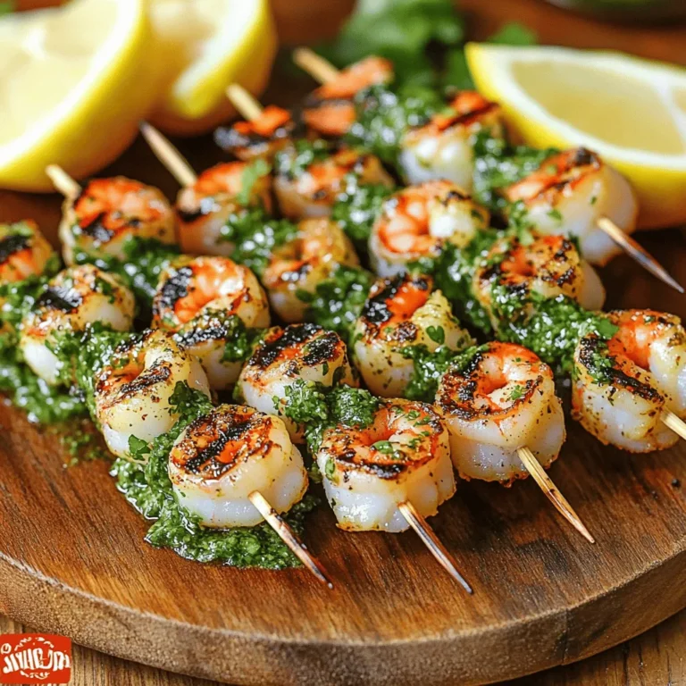 The main ingredients for shrimp chimichurri are fresh and vibrant. Here’s what you need: - 1 pound large shrimp, peeled and deveined - 1 cup fresh parsley, finely chopped - 1/2 cup fresh cilantro, finely chopped - 4 cloves garlic, minced - 1/4 cup red wine vinegar - 1/3 cup high-quality olive oil - 1 teaspoon red pepper flakes (adjust for spice preference) - Salt and freshly ground black pepper to taste - Zest and juice of 1 large lemon Using fresh herbs is key. They bring life and bright flavors to the dish. The combination of parsley and cilantro creates a balanced taste. Quality olive oil enhances the sauce and adds richness. Always opt for extra virgin olive oil when you can. It makes a big difference in taste. You can add some extra touches to customize your chimichurri. Consider these options: - A pinch of smoked paprika for a subtle smoky flavor. - A dash of cumin for warmth and depth. - Chopped red onion for a bit of crunch. When serving shrimp chimichurri, think about side dishes that complement it. Grilled vegetables or a fresh salad work well. You might also enjoy serving it with rice or quinoa for a hearty meal. Pairing with a light white wine or a cold beer can enhance the experience too. For the full recipe, check out the detailed instructions. Enjoy making this easy and flavor-packed dish! To start, mix the fresh herbs and garlic together. You need 1 cup of finely chopped parsley and 1/2 cup of finely chopped cilantro. Add 4 minced garlic cloves to the mix. Then, pour in 1/4 cup of red wine vinegar and 1/3 cup of high-quality olive oil. Sprinkle in 1 teaspoon of red pepper flakes for a kick and season with salt and black pepper. Stir everything well. Let the sauce sit at room temperature for at least 30 minutes. Waiting helps the flavors blend. You want the herbs to infuse their taste into the oil and vinegar for a vibrant sauce. Next, it’s time to marinate the shrimp. Take 1 pound of peeled and deveined shrimp and place it in a bowl. Pour half of the chimichurri sauce over the shrimp. Make sure to reserve the other half for later. Toss the shrimp gently to coat each piece well. Cover the bowl with plastic wrap and chill it in the fridge for at least 30 minutes. This marination time is key. It allows the shrimp to soak up all the tasty flavors from the chimichurri. Now, let’s cook the shrimp. Preheat your grill or grill pan to medium-high heat. If you use wooden skewers, soak them in water for about 15 minutes. This step keeps the skewers from burning. Thread the marinated shrimp onto the skewers, about 4-5 shrimp per skewer. Grill the shrimp for about 2-3 minutes on each side. They are ready when they turn opaque and feel slightly firm to the touch. Once cooked, place the grilled shrimp on a serving platter. Drizzle the reserved chimichurri sauce over the shrimp for added flavor. Enjoy this easy flavor-packed delight! For the full recipe, check out the complete guide. When picking shrimp, you can choose fresh or frozen. Fresh shrimp often has a sweet taste and a firm texture. Look for shrimp with a slight sheen and no strong odor. If you go for frozen, check for ice crystals, which can mean freezer burn. For size, larger shrimp are great for grilling. Sizes are labeled as "count per pound." For example, "16/20" means there are 16 to 20 shrimp in a pound. This size works well in Shrimp Chimichurri. Spice levels can change your dish. If you want more heat, add extra red pepper flakes. For less spice, reduce the amount. Balancing flavors is key. A splash of lemon juice brightens the dish. Try tasting the chimichurri sauce after mixing. Adjust the salt and acid until you love it. Plating is fun and can impress guests. Use a large, colorful plate to show off your shrimp. Drizzle chimichurri sauce over the shrimp for a vibrant look. You might add a sprinkle of fresh parsley or cilantro on top. For a great touch, serve with lemon wedges. This makes the dish look fresh and inviting. Try serving on a wooden board for a rustic feel. This enhances the beauty of your Shrimp Chimichurri. For the best experience, enjoy the dish right after cooking. The flavors will shine when served warm. {{image_4}} You can switch shrimp for other proteins. Fish like salmon or tilapia work well. Chicken also makes a great choice. Use chicken breast cut into pieces and marinate just like the shrimp. For a vegetarian twist, try using firm tofu or portobello mushrooms. Both soak up the chimichurri flavor beautifully. Chimichurri is flexible. You can change the herbs to suit your tastes. Try using basil or mint for a different flavor. Add some chopped jalapeños for a spicy kick. You can also mix in sun-dried tomatoes or roasted red peppers for a unique twist. Each change adds a fun flavor to the sauce. You don’t have to grill all the time. Baking shrimp is simple and tasty. Preheat your oven to 400°F. Spread the shrimp on a baking sheet and drizzle with chimichurri. Bake for about 8-10 minutes. You can also use a stovetop grill pan. Heat it over medium-high heat and cook the shrimp for 2-3 minutes on each side. Both methods give you a delicious meal. For the full recipe, check out the earlier sections to learn how to make this dish. To keep your shrimp chimichurri fresh, store it in an airtight container. This helps lock in flavors and prevent spoilage. Place it in the refrigerator right after serving. You can keep it for up to three days. After that, the shrimp may lose its taste and texture. You can freeze shrimp and chimichurri separately. First, cool the shrimp completely. Then, place it in a freezer-safe bag. Squeeze out as much air as you can before sealing. For chimichurri, use a jar or another suitable container. It will keep well for up to three months. When you're ready to enjoy it again, thaw the shrimp in the fridge overnight. For the chimichurri, simply let it sit at room temperature for about 30 minutes before using. When reheating, use safe methods to keep it tasty. The microwave works but can cook shrimp unevenly. Instead, try a skillet on low heat. This helps maintain its flavor and texture. Add a splash of oil or a bit of water if it seems dry. Heat until just warmed through; avoid overcooking. Enjoy your leftovers as if they were fresh! For the full recipe, check back to the main section. Yes, you can make Chimichurri sauce ahead of time. I recommend storing it in an airtight container in the fridge. It stays fresh for about a week. However, for the best flavor, use it within three days. As the sauce sits, the flavors mix and deepen. The garlic and herbs become more intense. This resting time makes your Chimichurri sauce even better. Shrimp Chimichurri pairs well with many sides. Here are some ideas: - Grilled vegetables, like zucchini or bell peppers - Rice or quinoa for a filling base - A fresh green salad topped with light dressing For drinks, try a crisp white wine. A chilled Sauvignon Blanc complements the dish nicely. You can also serve it with a light, fruity cocktail for a fun touch. Chimichurri sauce can be adjusted for heat. The red pepper flakes add spice, but you can control it. If you prefer less heat, use fewer flakes. If you love spice, add more! The flavor profile of Chimichurri is fresh and zesty. The herbs and garlic shine through. Adjust the spice levels to suit your taste, and enjoy the burst of flavors. Shrimp chimichurri combines fresh herbs and quality olive oil for vibrant flavors. You learned how to prepare the sauce and marinate shrimp for the best results. We explored herbs, sides, and cooking methods to enhance your dish. Remember to store leftovers properly and try different variations. With this knowledge, you can enjoy tasty and fun meals. Now, it's time to gather your ingredients and get cooking!