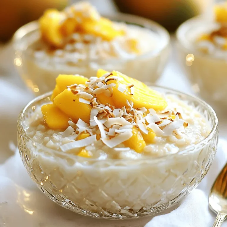 To make the Coconut Rice Pudding, you need these simple ingredients: - 1 cup Arborio rice - 4 cups canned coconut milk - 1/2 cup granulated sugar - 1/4 teaspoon sea salt - 1 teaspoon pure vanilla extract - 1/2 cup shredded coconut - Fresh mango slices for topping - Toasted coconut flakes for garnish Arborio rice makes this pudding creamy and rich. Canned coconut milk adds that tropical flavor. Sugar balances the coconut's sweetness, while sea salt enhances all the tastes. Pure vanilla extract gives the pudding a nice aroma. You can choose sweetened or unsweetened shredded coconut based on your taste. Fresh mango slices add a fruity touch, and toasted coconut flakes provide a crunchy finish. For the full recipe, follow the steps after gathering these ingredients! First, gather your ingredients. You need Arborio rice, coconut milk, sugar, salt, and vanilla. In a medium saucepan, add 1 cup of Arborio rice. Pour in 4 cups of canned coconut milk. Then, add 1/2 cup of granulated sugar and 1/4 teaspoon of sea salt. Use a wooden spoon to mix everything well. This step is key to a smooth pudding. Now it’s time to heat the mixture. Place your saucepan over medium heat. Stir often to keep the rice from sticking. Bring the mixture to a gentle boil. You want it to bubble lightly, not rush. This helps release the starch from the rice, making it creamy. Once it boils, reduce the heat to low. Cover the saucepan with a lid. Let it simmer for about 30-35 minutes. Stir occasionally during this time. This helps the rice soak up the coconut milk. After simmering, remove the pan from heat. Stir in 1 teaspoon of pure vanilla extract and 1/2 cup of shredded coconut. This adds a lovely flavor. Let it cool for a few minutes; it will thicken as it cools. You can serve the pudding warm or chilled. For a fun touch, use individual serving bowls. Top each bowl with fresh mango slices for a sweet burst. Sprinkle toasted coconut flakes on top for a crunchy finish. For a nice look, use clear glass bowls. This way, everyone can see the creamy texture. To make the best coconut rice pudding, focus on the rice. I prefer Arborio rice. This type has a creamy texture once cooked. It absorbs the coconut milk well. Make sure you stir often while it cooks. This keeps the rice from sticking and helps it get creamy. If you want a thicker pudding, let it cook a bit longer. Just be careful not to let it burn. For a burst of flavor, add a pinch of cinnamon or nutmeg when cooking. These spices bring warmth and depth. You can also switch the vanilla extract for almond extract. This adds a nutty twist. If you enjoy fruit, add diced pineapple or a splash of mango juice. This makes the pudding even more tropical. You can adjust the sweetness too. Try adding more sugar or a drizzle of honey based on your taste. Presentation is key for any dessert. Use clear glass bowls to show off the creamy pudding. This makes it look fancy. Top with fresh mango slices for color and flavor. Toasted coconut flakes add crunch and a nice touch. For a pop of green, add a mint leaf on top. This not only looks good but also gives a fresh aroma. For the full recipe, check out the Coconut Rice Pudding: Disney Copycat. {{image_4}} When making coconut rice pudding, you can choose different sweeteners. Coconut sugar adds a unique flavor. It has a caramel-like taste that pairs well with coconut. Granulated sugar offers a more classic sweetness. You can use either based on your taste. If you want a vegan option, this recipe works well. The main ingredients are already vegan-friendly. Use coconut milk and skip dairy. For gluten-free needs, Arborio rice is naturally gluten-free. This dish is perfect for many diets, and you'll love the rich flavor. For the full recipe, check out the detailed steps and ingredients listed above. To store your leftover coconut rice pudding, let it cool. Once cool, transfer it to an airtight container. Make sure to close the lid tightly. Place it in the fridge. This helps keep the pudding fresh. When you're ready to enjoy your pudding again, take it out of the fridge. You can reheat it in a microwave or on the stove. If using a microwave, heat it for 30-60 seconds. Stir it in between to warm it evenly. If using the stove, add a splash of coconut milk to keep it creamy. Heat it over low heat until warm. Coconut rice pudding stays good for about 3-4 days in the fridge. After that, it may lose its taste and texture. Always check for any off smells or changes in color before eating. Enjoy your tasty dessert for as long as it lasts! For the full recipe, check out the details above. Yes, you can use other types of rice. However, Arborio rice works best for creaminess. It absorbs liquid well and gives a nice texture. If you try another type, like jasmine or basmati, the pudding may not be as creamy. Jasmine rice will add a lovely floral note. To adjust sweetness, you can add more or less sugar. Start with the half cup in the recipe. Taste the pudding before serving. If it's not sweet enough, add a few tablespoons more. You can also use honey or maple syrup for a different flavor. This recipe is a copycat because it mimics the Disney version. You can find this dessert at Disney parks. I loved the creamy texture and coconut flavor there. This recipe captures that essence while being easy to make at home. You can freeze Coconut Rice Pudding, but it may change texture. Once cooled, place it in an airtight container. When ready to eat, thaw it in the fridge overnight. Reheat gently on the stove, adding a splash of coconut milk for creaminess. This blog post covered how to make creamy coconut rice pudding. We talked about key ingredients like Arborio rice and coconut milk. I shared step-by-step instructions for cooking and tips to make it perfect. You can also explore tasty variations and find storing methods to keep it fresh. In the end, this dessert is simple and delicious. Enjoy making it your own with different flavors, toppings, and adjustments.