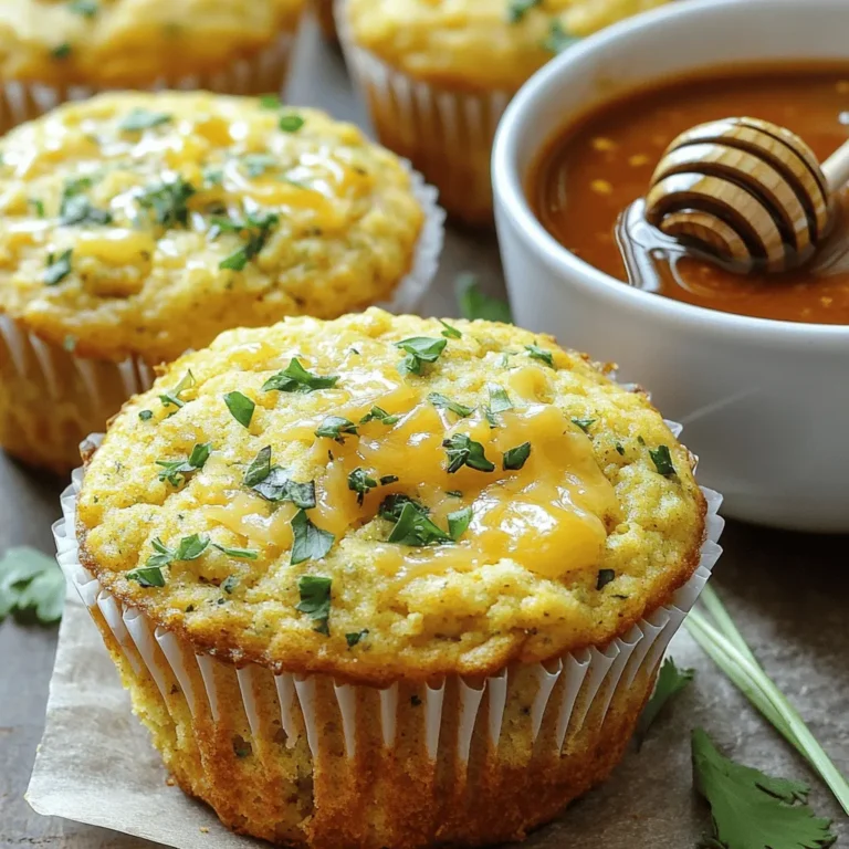 - 1 cup cornmeal - 1 cup all-purpose flour - 1 tablespoon baking powder - 1/2 teaspoon baking soda - 1 teaspoon salt - 1/4 cup sugar (optional for a touch of sweetness) - 1 cup buttermilk (or substitute with milk and 1 tablespoon vinegar) - 1 large egg, at room temperature - 1/4 cup unsalted butter, melted and slightly cooled - 1/4 cup finely chopped fresh herbs (such as rosemary, thyme, and parsley) - 1/2 cup shredded sharp cheddar cheese - 1/4 cup green onions, finely sliced These ingredients come together to create a delightful muffin with rich flavors. Cornmeal provides a fine texture and slight sweetness. The all-purpose flour gives structure to the muffins. Baking powder and baking soda help the muffins rise and stay fluffy. Salt enhances all the flavors, while sugar adds a hint of sweetness if you choose to use it. The buttermilk keeps the muffins moist and adds tang. The egg binds everything together and helps with rising. Melted butter adds richness and flavor. Fresh herbs boost the taste and aroma, making each bite special. Sharp cheddar cheese adds a creamy texture and deep flavor. Lastly, green onions give a fresh crunch that contrasts well with the softness of the muffin. For the full recipe, check the details above. Each ingredient plays a key role in making savory herb cornbread muffins a tasty treat! - Preheat your oven to 400°F (200°C). - Prepare the muffin tin with paper liners or grease each muffin cup. - Combine cornmeal, all-purpose flour, baking powder, baking soda, salt, and optional sugar in a large mixing bowl. - Whisk until thoroughly blended and free of lumps. - In a separate bowl, whisk buttermilk, egg, and melted butter until creamy. - Pour wet mixture into dry ingredients and gently stir. - Fold in herbs, cheese, and green onions carefully. - Fill muffin cups about 2/3 full with batter. - Bake for 15-20 minutes until tops are golden and a toothpick comes out clean. - Cool in the pan for 5 minutes, then transfer to a wire rack. For the full recipe, check the details above to gather your ingredients and get started on these tasty muffins! - Avoid over-mixing the batter to keep muffins tender. - Use room temperature ingredients for better blending. Mixing your batter too much makes muffins tough. Stir just until combined. This keeps them light and fluffy. Always use room temperature ingredients. It helps everything mix well and rise nicely. - Serve warm with extra herbs for garnish. - Great pairing with chili or warm soup. I love serving these muffins warm. Add extra herbs on top for color and flavor. They taste amazing with chili or warm soup. The flavors complement each other perfectly. - Drizzle honey for a delightful contrast to savory flavors. - Add spices like cayenne for a kick. For a fun twist, drizzle honey on top. The sweetness balances the savory herbs. If you want a kick, add a bit of cayenne pepper. This gives the muffins a nice heat. For more details, check the Full Recipe. {{image_4}} You can easily make these muffins fit your diet. If you need a gluten-free option, use a gluten-free flour blend instead of all-purpose flour. This swap keeps the taste while making it safe for those with gluten sensitivities. For a dairy-free alternative, replace buttermilk with almond milk and use coconut oil instead of butter. This change keeps the muffins moist and flavorful. Get creative with herbs! Try different ones like basil or dill. Each herb gives a unique taste. You can also add fun ingredients like jalapeños for heat or sun-dried tomatoes for a sweet twist. These additions change the flavor profile and make the muffins exciting. You can adjust the size of your muffins. For mini muffins, bake them for just 10-12 minutes. This size is perfect for snacks or parties. If you want a big, hearty muffin, use a larger muffin tin. Just remember to watch the baking time closely. The center should still be cooked through for the best results. Keep your savory herb cornbread muffins in an airtight container. They will stay fresh at room temperature for 2-3 days. If you want them to last longer, refrigerate them. They will be good for up to a week in the fridge. To freeze the muffins, place them in a freezer-safe bag. They can last up to 3 months in the freezer. When you’re ready to eat, you can thaw them at room temperature or reheat them in the oven. For the best taste, reheat the muffins in the oven at 350°F (175°C). Just a few minutes will warm them nicely. If you need a quick warm-up, the microwave works too. Heat them for 15-20 seconds. Enjoy them warm for the best flavor! You can tell when cornbread muffins are done by looking for a golden brown top. Another way is to do the toothpick test. Insert a toothpick into the center of a muffin. If it comes out clean, your muffins are ready. Yes, you can make these muffins a day in advance. Just allow them to cool, then store them in an airtight container. If you want to keep them longer, you can freeze them. Just thaw and reheat when you're ready to enjoy. If you don’t have buttermilk, you can easily make a substitute. Mix one cup of milk with one tablespoon of vinegar. Let it sit for a few minutes to sour. You can also use yogurt in place of buttermilk. Both options work well in this recipe. For the full recipe, check out the details above. These cornbread muffins are easy to make and tasty. You need simple ingredients like cornmeal and all-purpose flour. Mixing wet and dry ingredients takes no time, and you can add your favorite herbs. You can also adjust them for diets or add unique flavors. Remember to store leftover muffins to enjoy later. With this guide, you can create your own delicious batch. Now, get baking and enjoy your homemade muffins!