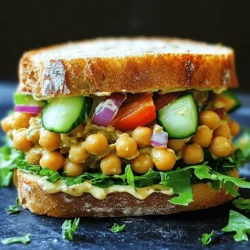 - 1 can chickpeas - Tahini, Dijon mustard, and lemon juice The star of this sandwich is the chickpeas. They bring a creamy texture and are packed with protein. I love using a can of chickpeas. It’s quick and easy. Just rinse and drain them well. Next, I mix in tahini, Dijon mustard, and fresh lemon juice. This blend adds a rich, tangy flavor that makes the salad shine. - Red onion, celery, cucumber - Fresh parsley, salt, and pepper Adding fresh veggies is crucial. I often use red onion for a nice bite. Celery provides some crunch, while diced cucumber adds a refreshing touch. I chop these finely to mix well into the chickpea base. Fresh parsley brightens the dish, making it look and taste vibrant. Don’t forget to season with salt and pepper. This step makes all the flavors pop. - Whole grain or gluten-free bread - Crisp lettuce and fresh tomato Choosing the right bread is key. Whole grain adds fiber and taste. If you need gluten-free, there are many options available. I like to layer crisp lettuce and fresh tomato on the sandwich. The lettuce adds a nice crunch, while the tomato brings sweetness. Together, they create a balanced and tasty meal. For the full recipe, check out the details above. First, you need to rinse and drain the chickpeas. Use a can of chickpeas and place them in a strainer. Rinse them under cold water until they are clean. This step removes extra salt and helps keep the salad fresh. Next, we will mash the chickpeas. You can use a fork or a potato masher. Gently mash the chickpeas. Leave some chunks intact. This gives a nice texture to the sandwich. Now, it's time to mix the ingredients. In a medium bowl, combine the mashed chickpeas with tahini and Dijon mustard. Add one tablespoon of freshly squeezed lemon juice. Mix everything well. You want a creamy and tasty base for your salad. Next, fold in the vegetables. Add finely diced red onion, minced celery, and diced cucumber. Sprinkle in the chopped fresh parsley. Stir everything until well combined. This mix adds crunch and flavor. Finally, season your mixture with salt and freshly ground black pepper. Taste it to make sure the flavors are balanced. Adjust the seasoning as needed. To assemble your sandwich, you can toast the bread if you like. Preheat a skillet or toaster. Toast the slices until golden brown and crispy. Now, layer the sandwich. Spread a generous amount of the chickpea mixture on two slices of bread. Add crisp lettuce leaves and fresh tomato slices on top. These add freshness and color. Top each sandwich with the remaining slices of bread. Press down gently. If you want, slice the sandwiches in half for easier eating. Serve immediately for the best taste and texture. For the full experience, check out the Full Recipe. Enjoy your flavorful Vegan Chickpea Salad Sandwich! To get the best texture for your chickpea salad, start by mashing the chickpeas. Use a fork or potato masher to gently crush them. Aim for a mix of mashed chickpeas and some whole ones. This gives your salad a nice bite and keeps it interesting. Spices can take your chickpea salad to the next level. Try adding garlic powder or smoked paprika for depth. You can also experiment with different mustards. A spicy brown mustard offers a nice kick, while a sweet mustard can add a fun twist. When serving, think about how it looks. Place your sandwiches on a wooden board for a rustic feel. Add a side of crunchy pickles for a nice contrast. A sprig of parsley on top adds a pop of color. For a full experience, serve with a side salad or some baked chips for crunch. Check out the Full Recipe for a tasty meal that is as beautiful as it is delicious. {{image_4}} You can make your vegan chickpea salad even better by adding a few things. Try mixing in diced avocado for creaminess. It gives the salad a rich texture. Another great option is olives. They add a salty kick and a nice bite. You can also play with herbs. Fresh dill or cilantro can change the flavor. They add a zesty note that brightens the salad. Experiment with what you like best! If you need a gluten-free choice, there are many options. You can use gluten-free bread that you enjoy. Many types are now available at stores. Another fun idea is to turn the salad into wraps. Use lettuce leaves or gluten-free wraps. This is great for a light meal or snack. Just spoon the chickpea salad into the wrap, roll it up, and enjoy! Want to spice things up? Add some jalapeños! They give your sandwich a nice heat. You can adjust the amount to match your taste. For a sweeter touch, try adding diced bell peppers. They bring a nice crunch and a pop of color. This makes your chickpea salad sandwich even more appealing. For the full recipe, check out the Chickpea Delight Sandwich 🥪. To keep your Vegan Chickpea Salad Sandwich fresh, store any leftovers in an airtight container. This helps prevent drying out. Place the salad mixture in one container and the bread in another. This keeps the bread from getting soggy. - Use glass or BPA-free plastic containers for storage. - Label the container with the date for easy tracking. The salad can last in the fridge for about 3 to 4 days. If you want to keep it longer, consider freezing the chickpea salad mixture. However, I do not recommend freezing the assembled sandwiches. They may lose their texture and flavor when thawed. - Store in the fridge for 3-4 days. - Freeze the salad mixture for up to 3 months. You can serve the sandwich cold straight from the fridge. If you prefer it warm, reheat the chickpea salad in a pan over low heat. Be careful not to overheat, as this can change the texture. - Avoid microwaving assembled sandwiches; they may become soggy. - Toast the bread separately if you want a warm sandwich. For the complete recipe, check out the Full Recipe. To make this sandwich, start with one can of chickpeas. Rinse and drain them well. In a medium bowl, mash the chickpeas with a fork, leaving some pieces whole. This gives the sandwich a nice texture. Next, mix in two tablespoons of tahini, one tablespoon of Dijon mustard, and the juice of one lemon. Stir until it’s smooth and creamy. Now, add in chopped red onion, minced celery, diced cucumber, and fresh parsley. Season with salt and pepper to taste. Spread the mixture on your bread. You can toast the bread if you want it crispy. Layer with lettuce and tomato. Enjoy your meal! Yes, you can! Feel free to add your favorite veggies. Some great options are: - Avocado slices for creaminess - Bell peppers for sweetness - Spinach for extra greens - Shredded carrots for crunch These add-ins can make your sandwich even more colorful and tasty! Absolutely! This sandwich is great for meal prep. You can make the chickpea salad ahead of time. Store it in an airtight container in the fridge for up to three days. Keep the bread separate to avoid sogginess. When you're ready to eat, just grab the salad and bread, and assemble your sandwich. This makes lunch quick and easy, even on busy days! For the full recipe, check out the Chickpea Delight Sandwich. In this blog post, I covered how to make a tasty Vegan Chickpea Salad Sandwich. We looked at key ingredients, like chickpeas, tahini, and fresh veggies. I also shared tips on prepping, mixing, and assembling your sandwich. Finally, try adding your favorite flavors or vegetables to make it unique. This sandwich is easy to customize and perfect for meal prep. Enjoy your cooking adventure!