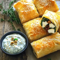 To make oven-fried feta rolls, you need a few simple ingredients. Here’s what you will need: - Feta cheese - Fresh spinach - Sun-dried tomatoes - Pitted olives - Dried oregano - Garlic powder - Phyllo pastry dough - Butter or olive oil - Sesame seeds (optional) Feta cheese is the star of the show. It gives these rolls a creamy, tangy taste. Fresh spinach adds a nice, bright color and nutrition. Sun-dried tomatoes bring a sweet and savory punch. Pitted olives give a salty flavor that pairs well. Dried oregano and garlic powder bring warmth and aroma to the dish. Phyllo pastry dough creates a flaky texture. You can use butter for richness or olive oil for a healthier option. Lastly, sesame seeds on top add a delightful crunch. For the detailed cooking guide, check out the Full Recipe. 1. Preheat the Oven: Start by preheating your oven to 375°F (190°C). This ensures an even bake for your rolls. Line a baking sheet with parchment paper. This step helps prevent the rolls from sticking. 2. Mix the Filling Ingredients: In a medium bowl, combine the crumbled feta cheese, chopped spinach, sun-dried tomatoes, and olives. Add dried oregano, garlic powder, and a pinch of salt and black pepper. Mix everything well until you have a tasty filling. 3. Layer and Cut the Phyllo Dough: On a clean surface, lay down one sheet of phyllo dough. Use a brush to lightly coat it with melted butter or olive oil. Place another sheet on top and repeat the brushing. This adds flavor and helps with crispiness. Next, cut the layered phyllo into three equal strips. 4. Roll the Feta Filling in Phyllo Strips: At one end of each phyllo strip, place about 2 tablespoons of the feta filling. Fold the sides of the strip over the filling. Tightly roll it from the filling end to the other side. Make sure the mixture is fully enclosed. Place each roll seam-side down on the prepared baking sheet. 1. Brush Rolls with Butter/Olive Oil: Brush the tops of the assembled rolls with more melted butter or olive oil. For extra crunch, you can sprinkle sesame seeds on top. 2. Bake in Preheated Oven: Carefully place the baking sheet in your preheated oven. Bake for 20-25 minutes until the rolls turn golden brown and crispy. 3. Cool and Serve Suggestions: Once baked, take the rolls out and let them cool for a few minutes. Serve them warm on a platter. Pair them with tzatziki sauce for a refreshing dip. Garnish with fresh herbs like parsley or dill for a burst of color. For more details, check the Full Recipe. Achieving Crispy Rolls To get that perfect crunch, use good-quality phyllo dough. Each layer should be brushed well with melted butter or olive oil. This step helps create a golden, crispy exterior. When you roll the feta filling, make sure to seal each edge tightly. This prevents the filling from leaking out during baking. Bake in a preheated oven at 375°F (190°C) for 20 to 25 minutes. You want them golden brown and crispy. Avoiding Soggy Phyllo Keep your phyllo dough covered with a damp cloth while you work. This prevents it from drying out and becoming hard to handle. If it dries, it can become tough and chewy. Also, don't overfill the rolls. Too much filling can make them soggy. Just a few tablespoons of filling per roll will keep them from getting soggy. Accompaniments for Feta Rolls These feta rolls pair well with a variety of dips. Tzatziki sauce is a classic choice but try hummus or a spicy tomato dip too. You can also serve them with a fresh salad. A simple mix of greens with a lemon vinaigrette adds brightness. Garnishing Techniques For a beautiful presentation, sprinkle sesame seeds on top before baking. Fresh herbs like parsley or dill can be a lovely garnish when serving. Place the rolls on a platter, and add a few lemon wedges for color and zest. These little touches make your dish look gourmet and inviting. For the complete process and more details, check the Full Recipe. {{image_4}} You can change the flavor of your feta rolls easily. Try adding fresh herbs like basil or dill. These herbs bring a fresh taste that pairs well with feta. You can also add a pinch of red pepper flakes for some heat. A sprinkle of smoked paprika adds a nice touch, too. Experimenting with flavors can make each bite exciting. Feel free to swap out the filling ingredients. Instead of spinach, use kale or arugula. You can also mix in roasted red peppers or artichokes for a different taste. For a sweeter touch, try adding caramelized onions. The goal is to keep it fun and tasty, so let your taste buds guide you! If you need gluten-free options, use gluten-free phyllo dough. Many stores sell this now. Ensure your other ingredients, like feta and olives, are also gluten-free. This way, you can enjoy these tasty rolls without worry. To make these rolls vegan, replace feta with a plant-based cheese. You can also use mashed tofu mixed with nutritional yeast for a cheesy flavor. Use oil instead of butter for brushing the phyllo. This way, everyone can enjoy a crispy and flavorful snack. For more detailed steps and tips, refer to the Full Recipe. To keep your oven fried feta rolls fresh, store them in the fridge. Place them in an airtight container. They will stay good for about three days. When you're ready to eat, reheat them in the oven. Set your oven to 350°F (175°C) and heat for about 10 minutes. This keeps them crispy. You can freeze feta rolls for longer storage. First, let them cool completely. Then, wrap each roll in plastic wrap. Place the wrapped rolls in a freezer bag. They will stay fresh for up to three months. When you want to enjoy them, take the rolls out. Thaw them in the fridge overnight. After thawing, reheat in the oven at 350°F (175°C) for 10-15 minutes. This ensures they regain their crispy texture. Check out the Full Recipe for more details. Can I use a different type of cheese? Yes, you can use other cheeses. Goat cheese or ricotta work well. Each adds a unique taste. Just keep the texture in mind. Feta is crumbly, while ricotta is softer. How do I keep phyllo dough from drying out? To keep phyllo dough fresh, cover it with a damp cloth. Only take out one sheet at a time. This prevents it from drying and cracking. What can I serve with oven-fried feta rolls? These rolls pair nicely with tzatziki or a fresh salad. You can also serve them with olives or a spicy dip. They complement many flavors. How long do leftovers last? Store leftovers in the fridge for up to three days. Make sure they are in an airtight container. Reheat them in the oven for best results. What’s the best temperature for baking phyllo? Baking phyllo at 375°F (190°C) gives a golden and crispy finish. This temperature allows the butter to crisp the dough without burning it. Can I make these rolls ahead of time? Yes, you can prepare the rolls a few hours in advance. Just cover them and keep them in the fridge. Bake them fresh when ready to serve. For the full recipe, check out the details above. This blog post shared a simple recipe for delicious feta rolls. We covered the key ingredients, step-by-step instructions, and tips for perfect texture. I included variations for different diets and storage info for leftovers. Enjoy making these tasty rolls at home. With a few easy steps, you can impress friends and family. Feta rolls are fun to create and share. Happy cooking!