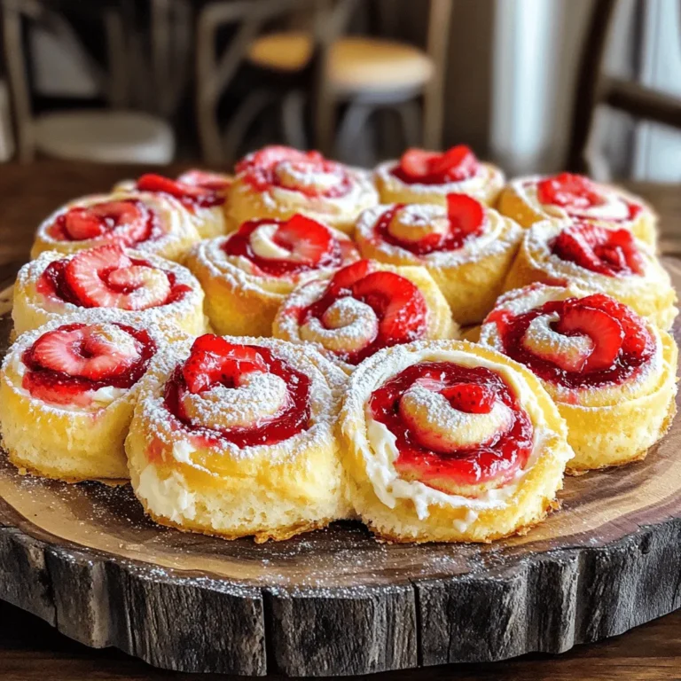 Here is what you need for these delightful strawberry cheesecake sweet rolls: - 2 cups all-purpose flour - 1/4 cup granulated sugar - 1/2 teaspoon salt - 1 tablespoon instant yeast - 1/2 cup warm milk (heated to about 110°F) - 1/4 cup unsalted butter, melted - 1 large egg - 1/2 cup cream cheese, softened to room temperature - 1/4 cup powdered sugar - 1 teaspoon vanilla extract - 1 cup fresh strawberries, chopped - 1 tablespoon lemon juice - 1/4 cup strawberry preserves - Optional: powdered sugar for dusting These ingredients work together to create a soft, sweet dough filled with creamy cheesecake and fresh strawberries. The warm milk helps activate the yeast, making the rolls fluffy. Cream cheese provides a rich taste, while lemon juice adds brightness. Fresh strawberries bring a juicy and sweet layer. You can find the full recipe by checking the details laid out earlier. Enjoy making these sweet rolls! First, gather your ingredients. You will need flour, sugar, salt, yeast, warm milk, melted butter, an egg, cream cheese, powdered sugar, vanilla extract, fresh strawberries, lemon juice, and strawberry preserves. This mix creates a lovely roll. 1. In a big bowl, mix flour, sugar, salt, and yeast together. 2. In another bowl, blend warm milk, melted butter, and the egg. 3. Pour the milk mix into the dry mix. Stir until you see a soft dough. 4. Place the dough on a floured surface. Knead it for about 5 minutes until it's smooth. 5. Grease a bowl with oil. Put the dough in it and cover with a towel. Let it rise for 1 hour. 6. While it rises, make the filling. Blend cream cheese, powdered sugar, vanilla, and lemon juice until smooth. 7. When the dough has risen, punch it down. Roll it out into a rectangle that's about ¼ inch thick. 8. Spread the cream cheese mix over the dough evenly. 9. Sprinkle chopped strawberries on top. Add dollops of strawberry preserves. 10. Roll the dough from one long side to make a tight log. 11. Cut the log into 12 equal pieces. Place them in a greased dish. 12. Cover the dish with a towel and let the rolls rise for another 30 minutes. 13. Preheat your oven to 350°F (175°C). 14. Bake the rolls for 25-30 minutes until they are golden brown. 15. Let them cool slightly and dust with powdered sugar if you like. Timing is key. Let the dough rise fully for the best texture. Kneading well helps build gluten, making the rolls fluffy. If your kitchen is cool, find a warm spot for rising. These rolls are best eaten warm and can be a fun treat at breakfast or dessert. For the full recipe, check back to make sure you have everything! - Use fresh ingredients for the best flavor. - Measure flour accurately; too much can make rolls dense. - Knead the dough until smooth for soft rolls. - Let the dough rise in a warm spot to help it grow. - Roll the dough evenly to ensure even baking. - Skipping the second rise can lead to less fluffy rolls. - Overstuffing the filling may cause the rolls to leak. - Not preheating the oven can affect how they bake. - Cutting rolls too thick can make them uneven. - Forgetting to cover the rolls while they rise can dry them out. - Serve warm with extra strawberry preserves on the side. - A dusting of powdered sugar adds a nice touch. - Pair with vanilla ice cream for a tasty treat. - Enjoy with a cup of coffee or tea for a cozy vibe. - Offer a fun topping bar with whipped cream and chocolate drizzle! For the complete recipe, check the Full Recipe. {{image_4}} You can switch strawberries for other fruits. Blueberries, raspberries, or peaches work well too. Just chop them small. This gives you a new taste each time. Each fruit adds its own unique flavor and sweetness. Want to mix it up? Add chocolate chips or nuts for crunch. You can also use different flavored cream cheese. Think about vanilla or even lemon. These swaps change the taste but keep the fun. To make these rolls vegan, swap the egg with a flax egg. Mix 1 tablespoon of flaxseed meal with 3 tablespoons of water. Use plant-based butter and almond milk instead of regular milk. This keeps the rolls soft and tasty. For gluten-free rolls, use a gluten-free flour blend. Check that all other ingredients are gluten-free too. You may need to add more liquid since gluten-free flour can absorb more moisture. This will keep your rolls fluffy and light. For the Full Recipe, refer to the previous section. After you bake your strawberry cheesecake sweet rolls, let them cool down. Place the rolls in an airtight container. They will stay fresh for up to three days at room temperature. If you want to keep them longer, refrigeration is a good option. To enjoy these rolls warm again, use your oven. Preheat it to 350°F (175°C). Place the rolls on a baking sheet and cover them with foil. Heat for about 10 minutes. You can also use the microwave for quick reheating. Just warm them for 15 to 20 seconds. If you want to freeze the rolls, wrap each one tightly in plastic wrap. Then place them in a freezer-safe bag. They can last up to three months in the freezer. To enjoy them later, thaw them in the fridge overnight. Then reheat as mentioned above. For a full recipe, check out the details on making these delightful rolls. You can make sweet rolls without yeast by using baking powder instead. Replace yeast with 1 tablespoon of baking powder. Mix it with your dry ingredients. This will make the dough rise quickly. The rolls will be softer but still tasty. Just remember, they won’t have the same chewy texture. Yes, you can use frozen strawberries! Just thaw and drain them first. This helps avoid excess moisture in your filling. Chop them into small pieces after thawing. They will give a nice flavor but may be softer than fresh strawberries. Adjust your recipe slightly to account for the extra moisture. Store your sweet rolls in an airtight container. Keep them at room temperature for up to 2 days. For longer storage, place them in the fridge for up to a week. If you want to keep them longer, freeze them! Wrap each roll in plastic wrap, then place in a freezer bag. They can last up to 3 months in the freezer. You learned how to make delicious Strawberry Cheesecake Sweet Rolls. We covered the key ingredients, step-by-step baking instructions, and helpful tips. You also explored variations for different tastes and dietary needs. Remember, practice makes perfect. Use these tips to avoid common mistakes and enjoy fresh rolls. Store leftovers properly for later. I hope you create delightful rolls that impress your family and friends. Happy baking!