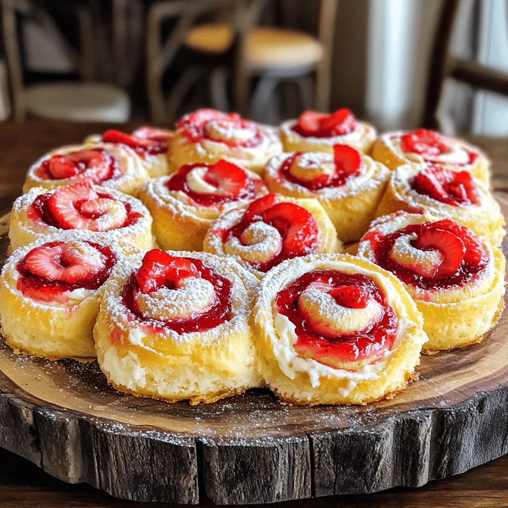 Here is what you need for these delightful strawberry cheesecake sweet rolls: - 2 cups all-purpose flour - 1/4 cup granulated sugar - 1/2 teaspoon salt - 1 tablespoon instant yeast - 1/2 cup warm milk (heated to about 110°F) - 1/4 cup unsalted butter, melted - 1 large egg - 1/2 cup cream cheese, softened to room temperature - 1/4 cup powdered sugar - 1 teaspoon vanilla extract - 1 cup fresh strawberries, chopped - 1 tablespoon lemon juice - 1/4 cup strawberry preserves - Optional: powdered sugar for dusting These ingredients work together to create a soft, sweet dough filled with creamy cheesecake and fresh strawberries. The warm milk helps activate the yeast, making the rolls fluffy. Cream cheese provides a rich taste, while lemon juice adds brightness. Fresh strawberries bring a juicy and sweet layer. You can find the full recipe by checking the details laid out earlier. Enjoy making these sweet rolls! First, gather your ingredients. You will need flour, sugar, salt, yeast, warm milk, melted butter, an egg, cream cheese, powdered sugar, vanilla extract, fresh strawberries, lemon juice, and strawberry preserves. This mix creates a lovely roll. 1. In a big bowl, mix flour, sugar, salt, and yeast together. 2. In another bowl, blend warm milk, melted butter, and the egg. 3. Pour the milk mix into the dry mix. Stir until you see a soft dough. 4. Place the dough on a floured surface. Knead it for about 5 minutes until it's smooth. 5. Grease a bowl with oil. Put the dough in it and cover with a towel. Let it rise for 1 hour. 6. While it rises, make the filling. Blend cream cheese, powdered sugar, vanilla, and lemon juice until smooth. 7. When the dough has risen, punch it down. Roll it out into a rectangle that's about ¼ inch thick. 8. Spread the cream cheese mix over the dough evenly. 9. Sprinkle chopped strawberries on top. Add dollops of strawberry preserves. 10. Roll the dough from one long side to make a tight log. 11. Cut the log into 12 equal pieces. Place them in a greased dish. 12. Cover the dish with a towel and let the rolls rise for another 30 minutes. 13. Preheat your oven to 350°F (175°C). 14. Bake the rolls for 25-30 minutes until they are golden brown. 15. Let them cool slightly and dust with powdered sugar if you like. Timing is key. Let the dough rise fully for the best texture. Kneading well helps build gluten, making the rolls fluffy. If your kitchen is cool, find a warm spot for rising. These rolls are best eaten warm and can be a fun treat at breakfast or dessert. For the full recipe, check back to make sure you have everything! - Use fresh ingredients for the best flavor. - Measure flour accurately; too much can make rolls dense. - Knead the dough until smooth for soft rolls. - Let the dough rise in a warm spot to help it grow. - Roll the dough evenly to ensure even baking. - Skipping the second rise can lead to less fluffy rolls. - Overstuffing the filling may cause the rolls to leak. - Not preheating the oven can affect how they bake. - Cutting rolls too thick can make them uneven. - Forgetting to cover the rolls while they rise can dry them out. - Serve warm with extra strawberry preserves on the side. - A dusting of powdered sugar adds a nice touch. - Pair with vanilla ice cream for a tasty treat. - Enjoy with a cup of coffee or tea for a cozy vibe. - Offer a fun topping bar with whipped cream and chocolate drizzle! For the complete recipe, check the Full Recipe. {{image_4}} You can switch strawberries for other fruits. Blueberries, raspberries, or peaches work well too. Just chop them small. This gives you a new taste each time. Each fruit adds its own unique flavor and sweetness. Want to mix it up? Add chocolate chips or nuts for crunch. You can also use different flavored cream cheese. Think about vanilla or even lemon. These swaps change the taste but keep the fun. To make these rolls vegan, swap the egg with a flax egg. Mix 1 tablespoon of flaxseed meal with 3 tablespoons of water. Use plant-based butter and almond milk instead of regular milk. This keeps the rolls soft and tasty. For gluten-free rolls, use a gluten-free flour blend. Check that all other ingredients are gluten-free too. You may need to add more liquid since gluten-free flour can absorb more moisture. This will keep your rolls fluffy and light. For the Full Recipe, refer to the previous section. After you bake your strawberry cheesecake sweet rolls, let them cool down. Place the rolls in an airtight container. They will stay fresh for up to three days at room temperature. If you want to keep them longer, refrigeration is a good option. To enjoy these rolls warm again, use your oven. Preheat it to 350°F (175°C). Place the rolls on a baking sheet and cover them with foil. Heat for about 10 minutes. You can also use the microwave for quick reheating. Just warm them for 15 to 20 seconds. If you want to freeze the rolls, wrap each one tightly in plastic wrap. Then place them in a freezer-safe bag. They can last up to three months in the freezer. To enjoy them later, thaw them in the fridge overnight. Then reheat as mentioned above. For a full recipe, check out the details on making these delightful rolls. You can make sweet rolls without yeast by using baking powder instead. Replace yeast with 1 tablespoon of baking powder. Mix it with your dry ingredients. This will make the dough rise quickly. The rolls will be softer but still tasty. Just remember, they won’t have the same chewy texture. Yes, you can use frozen strawberries! Just thaw and drain them first. This helps avoid excess moisture in your filling. Chop them into small pieces after thawing. They will give a nice flavor but may be softer than fresh strawberries. Adjust your recipe slightly to account for the extra moisture. Store your sweet rolls in an airtight container. Keep them at room temperature for up to 2 days. For longer storage, place them in the fridge for up to a week. If you want to keep them longer, freeze them! Wrap each roll in plastic wrap, then place in a freezer bag. They can last up to 3 months in the freezer. You learned how to make delicious Strawberry Cheesecake Sweet Rolls. We covered the key ingredients, step-by-step baking instructions, and helpful tips. You also explored variations for different tastes and dietary needs. Remember, practice makes perfect. Use these tips to avoid common mistakes and enjoy fresh rolls. Store leftovers properly for later. I hope you create delightful rolls that impress your family and friends. Happy baking!