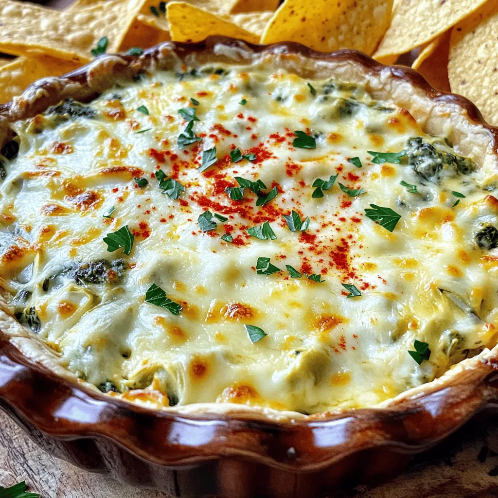 - 1 cup frozen spinach, thawed and drained - 1 cup canned artichoke hearts, chopped - 1/2 cup cream cheese, softened - 1/2 cup sour cream - 1/2 cup mayonnaise - 1 cup shredded mozzarella cheese - 1/2 cup grated Parmesan cheese - 2 cloves garlic, minced - 1 teaspoon onion powder - 1/2 teaspoon red pepper flakes (optional) - Salt and pepper to taste - 9-inch pie dish or oven-safe bowl - Mixing bowl - Hand mixer or whisk - Spatula When I make this creamy spinach artichoke dip, I love using simple, fresh, and flavorful ingredients. Your main ingredients include frozen spinach and artichoke hearts. These veggies give the dip its rich flavor. Cream cheese, sour cream, and mayonnaise make it creamy and delicious. Mozzarella cheese adds that gooey pull, while Parmesan gives it a nice, savory touch. For seasoning, I use minced garlic and onion powder. These add a tasty kick. If you like some heat, sprinkle in red pepper flakes. Don't forget to add salt and pepper to balance everything out. Now, let’s talk about the equipment. You need a mixing bowl to combine your ingredients. A hand mixer or whisk helps blend them well. Finally, use a pie dish to bake your dip until it’s golden and bubbly. If you want to dive deeper, check out the Full Recipe for precise measurements and steps! - Preheat the oven to 350°F (175°C). - Thaw and drain the spinach. Chop the artichokes into bite-sized pieces. - In a large bowl, combine cream cheese, sour cream, and mayonnaise. - Use a hand mixer and blend until smooth. - Add minced garlic, onion powder, red pepper flakes, salt, and pepper. - Gently fold in spinach, artichoke, mozzarella, and half of the Parmesan. - Transfer the mixture to a pie dish. - Sprinkle the remaining Parmesan on top. - Bake for 25-30 minutes until bubbly and golden. - Allow the dip to cool for 5 minutes before serving. - Serve warm with tortilla chips or crusty bread. You can also use veggie sticks for a fresh touch. - Ensure spinach is well-drained to avoid sogginess. - Use room temperature cream cheese for easy mixing. For a smooth dip, you want the spinach to be free of excess water. Squeeze it well in a towel. This simple step keeps your dip creamy, not watery. Room temperature cream cheese blends better. It mixes easily with the other ingredients, making the dip smooth and velvety. - Garnish with parsley or a sprinkle of red pepper flakes. - Serve with a variety of dippers (chips, crackers, vegetables). A colorful garnish makes your dip look appealing. Fresh parsley adds a pop of color. Red pepper flakes bring a hint of heat and visual interest. For dippers, consider crunchy tortilla chips or fresh veggie sticks. This variety makes for a fun and tasty experience. - Overmixing the artichokes. - Skipping the cooling time before serving. Be gentle when mixing in the artichokes. You want pieces to stay whole for texture. Letting the dip cool for a few minutes helps it set. It makes scooping easier and prevents burns. Following these tips will lead to a more enjoyable dip. For the full recipe, check out Creamy Spinach Artichoke Dip. {{image_4}} You can change the cheese for a new taste. Try using cheddar or gouda instead of mozzarella. Both add a rich flavor. You could also blend cream cheese with other cheeses for a unique twist. Cream cheese adds a rich, creamy base that makes your dip extra smooth. If you want some heat, add jalapeños to your dip. They bring a nice kick. Chopped green chilies are another great option. They add flavor and spice without overpowering the dish. You can adjust the spice level to fit your taste. To make a lighter dip, use Greek yogurt instead of sour cream or mayonnaise. This option boosts protein and cuts fat. You can also choose low-fat cheese options. These swaps keep the flavor while making the dip healthier. Enjoy your creamy spinach artichoke dip with these fun changes! For the full recipe, check out the details above. After enjoying your creamy spinach artichoke dip, store any leftovers in an airtight container. This keeps it fresh and tasty. You can keep the dip in the fridge for about 3-4 days. You can freeze this dip before or after baking. If freezing before baking, mix all the ingredients together and put them in a freezer-safe dish. Cover it well and freeze. To bake, thaw it overnight in the fridge first. If freezing after baking, let the dip cool completely, then wrap it tightly. Reheat in the oven at 350°F (175°C) until hot and bubbly. If you want to prepare this dip for a party, you can make it ahead of time. Mix the ingredients and store them in the fridge for a few hours or overnight. Let it chill for at least 30 minutes before baking. This allows the flavors to blend nicely! Yes, you can use fresh spinach. Just wash and chop it. Cook it in a pan until it wilts. This will help remove moisture. Use about 2 cups of fresh spinach for this recipe. It adds a nice texture and taste to the dip. You can prepare the dip ahead of time. Mix all ingredients and place them in a dish. Cover it well and store it in the fridge. When you’re ready to bake, just take it out and bake as directed. This makes it easy for parties or gatherings. This dip goes well with many dippers. Here are some great options: - Tortilla chips - Slices of baguette - Crisp vegetable sticks like carrots and celery - Crackers for a crunchy bite These pair nicely and enhance the dip's flavors. Yes, this dip is gluten-free! All the ingredients used are safe for those avoiding gluten. Just ensure your dippers are also gluten-free. This way, everyone can enjoy the dip without worry. Absolutely! Making it in a slow cooker is easy. Just combine all ingredients in the cooker. Set it to low for 2-3 hours. Stir occasionally. This method keeps the dip warm and gooey, perfect for serving at parties. For the full recipe, check out the detailed steps above. This blog post detailed how to make a creamy spinach artichoke dip. You learned about the key ingredients, step-by-step instructions, and tips to perfect your dish. We also discussed variations for different tastes and storage options. Remember to drain spinach well and let the dip cool before serving. Enjoy making this tasty dip for your next gathering. It’s sure to impress your guests!