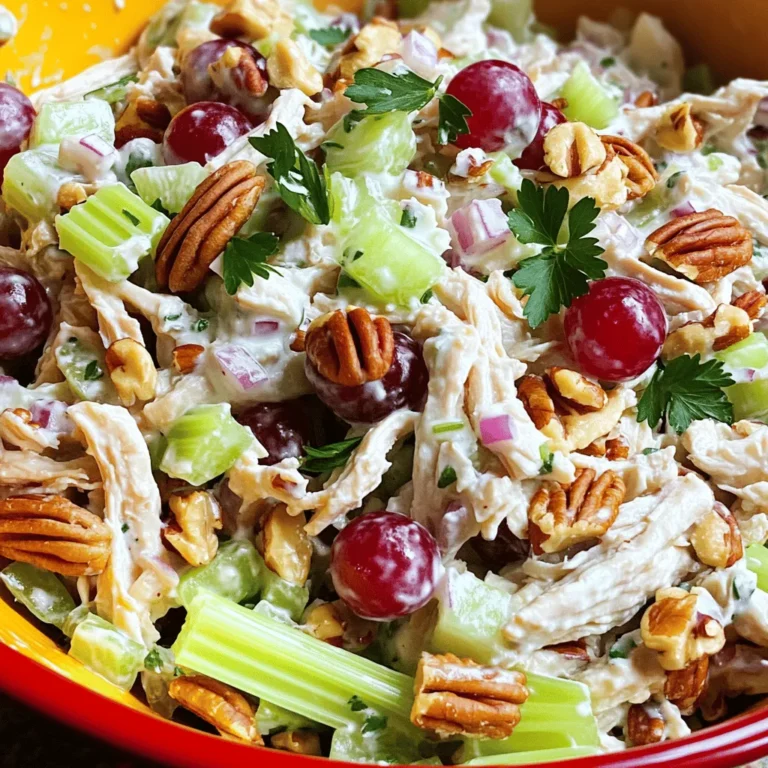 This crunchy pecan chicken salad is fresh and packed with flavor. You can serve it as a light lunch or a delicious side dish. The mix of chicken, grapes, and pecans makes it special. It takes only 15 minutes to prep and 30 minutes to chill. You will love how easy it is to make. Here’s what you need: - 2 cups cooked chicken breast, shredded or diced - 1 cup celery, finely chopped - 1/2 cup red grapes, halved - 1/2 cup pecans, roughly chopped - 1/4 cup red onion, finely diced - 1/2 cup Greek yogurt - 2 tablespoons mayonnaise - 1 tablespoon Dijon mustard - 1 tablespoon honey - Salt and freshly ground black pepper to taste - Fresh parsley, chopped (for garnish, optional) To make this salad, you will need: - A large mixing bowl - A small mixing bowl - A whisk - A spatula or wooden spoon - Plastic wrap or a lid for storage - A knife for chopping Having these tools ready will make the process smooth and easy. Enjoy creating this delightful dish! Start with cooked chicken breast. You can use leftover chicken or rotisserie chicken. Shred or dice it into bite-sized pieces. Next, chop the celery finely. This adds a nice crunch. Halve the red grapes for sweetness. Roughly chop the pecans for a nutty flavor. Finally, dice the red onion for a little bite. In a large mixing bowl, combine the chicken, celery, grapes, pecans, and onion. Mix them well so everything is even. Grab a small bowl for the dressing. Whisk the Greek yogurt, mayonnaise, Dijon mustard, and honey together. Add a pinch of salt and some black pepper. Keep whisking until the mix is smooth and creamy. Taste it and adjust the seasoning if needed. This dressing brings it all together with rich flavor. Pour the creamy dressing over the chicken and veggies. Use a spatula or wooden spoon to stir gently. Make sure everything is well coated. Taste the salad again. If you want more flavor, add more salt or pepper. Cover the bowl with plastic wrap or a lid. Refrigerate it for at least 30 minutes. Chilling helps the flavors mix better. Before serving, give the salad a gentle toss. If you like, top with fresh parsley for a nice touch. You can find the full recipe [here]. To make your pecan chicken salad pop, use fresh ingredients. Fresh herbs like parsley add brightness. A squeeze of lemon juice can brighten the dish even more. If you like a bit of heat, try adding a dash of cayenne pepper. Mix in some diced apples for sweetness and crunch. Experimenting with flavors helps you find your perfect blend! One common mistake is overcooking the chicken. Cook it just until it’s done, so it stays juicy. Another mistake is skipping the chilling step. Chilling helps all the flavors mix well. Also, don’t forget to taste your salad before serving. Adjust the salt and pepper to your liking. When serving, use a large bowl to show off the salad. You can use lettuce leaves as a base for a fancy touch. A sprinkle of chopped pecans on top adds texture and looks nice. For color, add a few grape halves or parsley on top. A well-presented dish makes your meal more inviting and fun to eat! {{image_4}} You can switch up the ingredients in pecan chicken salad to suit your taste. For a twist, try using apples instead of grapes. Apples add a crisp texture and a touch of sweetness. You can also use walnuts or almonds if you want a different nut flavor. Instead of Greek yogurt, you might try sour cream for a tangy taste. For a spicier kick, add jalapeños or red pepper flakes. Each of these changes keeps the salad fresh and exciting. If you need a low-carb version, skip the grapes and use diced cucumbers. You can swap regular mayo for a vegan option to make it plant-based. If you're gluten-free, this salad is naturally safe. Just check your mayonnaise and mustard labels to ensure they fit your diet. For those watching calories, use a light yogurt or mayonnaise. These options let everyone enjoy the salad without worry. Serve pecan chicken salad in many fun ways. Try it in a lettuce wrap for a crunchy bite. You can also spoon it into avocado halves for a healthy twist. For a picnic, pack it in jars for easy serving. If you want a fancy touch, serve it on a bed of mixed greens. Pair it with whole-grain crackers for added crunch. These ideas make your meal feel special and fun. For the full recipe, check the list above. I recommend storing the pecan chicken salad in an airtight container. This keeps it fresh and tasty. Make sure it cools down before sealing it. Place it in the fridge right away. It can last up to three days. If you notice any change in color or smell, it’s best to throw it out. To freeze leftovers, first divide the salad into smaller portions. Use freezer-safe bags or containers. Make sure to remove as much air as possible. When you want to eat it, thaw it in the fridge overnight. It’s best to use it within three months for the best taste. You should not reheat chicken salad since it’s best served cold. If you want to enjoy it warm, consider adding it to a baked potato or on a warm tortilla. This way, you can enjoy the flavors without losing quality. Always check the texture and taste before serving. Pecan chicken salad will last for about three to five days in the fridge. Make sure to store it in an airtight container to keep it fresh. The flavors will meld together and taste even better after a day or two. Yes, you can make pecan chicken salad ahead of time. In fact, it tastes great when made a day in advance. Just store it in the fridge until you're ready to serve it. This way, you save time and enjoy a delicious meal. If you need a substitute for Greek yogurt, try sour cream or plain yogurt. You can also use cottage cheese for a different texture. These options maintain creaminess and flavor while keeping the salad light. Pecan chicken salad can be a healthy choice. It has lean protein from chicken and healthy fats from pecans. The fresh veggies add vitamins and fiber. Just watch the amount of mayonnaise you use to keep it lighter. Yes, you can use different nuts in this recipe. Almonds, walnuts, or pistachios work well too. Each nut adds a unique taste and crunch. Feel free to mix it up based on your preferences. For the full recipe, check out the earlier section! This blog post shared the full journey of making pecan chicken salad. We covered essential ingredients, tools, and step-by-step instructions. Tips and tricks helped you avoid mistakes and enhance flavor. We explored various swaps for dietary needs and creative serving ideas. Lastly, we discussed the best ways to store this dish. In conclusion, making and enjoying this salad is easy. You can customize it to suit your taste, diet, and style. I hope you try it and share your thoughts!