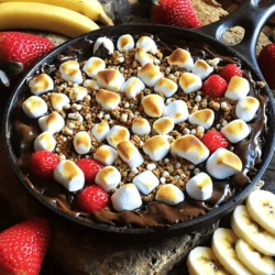 To make a great S'mores dip, you need a few key items. Here is what you will need: - 1 cup semi-sweet chocolate chips - 1 cup mini marshmallows - 1/2 cup graham cracker crumbs - 2 tablespoons unsalted butter - 1 teaspoon vanilla extract - Pinch of salt These ingredients create a rich, gooey dip that everyone will love. To make your S'mores dip even better, consider adding these extras: - Fresh strawberries - Banana slices - Extra graham crackers for dipping These add a fun twist and a burst of freshness to your dessert. If you don't have some ingredients, no worries! Here are some swaps: - Use dark chocolate chips if you like a richer taste. - Swap in coconut oil for butter for a dairy-free option. - Try crushed cookies instead of graham cracker crumbs for a different flavor. These substitutions keep your S'mores dip tasty and fun, no matter what you have on hand. For the full recipe, check out S'mores Dip Delight. 1. First, preheat your oven to 400°F (200°C). This is the right temperature for baking. 2. Take a medium oven-safe skillet. Add 2 tablespoons of unsalted butter. Melt it over medium heat, stirring often. 3. When the butter has melted, take the skillet off the heat. Add 1 cup of semi-sweet chocolate chips and stir. Mix until the chocolate starts to melt and is smooth. 4. Next, add 1 teaspoon of vanilla extract and a pinch of salt. Stir until everything blends well and looks glossy. 5. Now, sprinkle 1 cup of mini marshmallows evenly on top of the melted chocolate. This ensures every bite is sweet and gooey. 6. Finally, add 1/2 cup of graham cracker crumbs on top of the marshmallows. This gives the dip a nice crunch. 1. Place the skillet in the preheated oven. Bake for about 10 minutes. 2. Keep an eye on it. The marshmallows should puff up and turn golden brown. 3. After 10 minutes, use oven mitts to take the skillet out. Be careful; it will be very hot. 4. Let the dip cool for about a minute before serving. This helps avoid burns. - For even toasting, make sure the marshmallows are spread out evenly. - If you want a darker toast, leave the dip in for an extra minute. - You can use a kitchen torch for an extra toasty finish. Just be careful! - Serve with fresh strawberries and banana slices for a fruity twist. For the complete recipe, check the Full Recipe section. Enjoy your S'mores Dip with chocolate and marshmallows! You can prepare S'mores dip ahead of time. Start by melting the butter and mixing in the chocolate. Once smooth, add vanilla and salt. Pour this mixture into your skillet. Top with marshmallows and graham cracker crumbs. Cover the skillet with plastic wrap and store it in the fridge. When you are ready to bake, just remove the wrap and pop it into the oven. This dip is great for parties! While graham crackers are classic, many other options work well. Try fresh strawberries for a sweet touch. Slices of bananas add a nice creaminess. Pretzels give a salty crunch that contrasts the dip's sweetness. Even apple slices can be fun. These choices make the dip more exciting and tasty. Avoid overbaking the marshmallows. Keep an eye on them; they can burn quickly. Also, don’t skip the salt. It brings out the flavors in the chocolate. Using too much butter can make the dip greasy, so stick to the recipe. Lastly, let the dip cool slightly before serving. This way, you avoid burns and enjoy it better. For a full recipe, check the earlier section! {{image_4}} You can boost the flavor of your S'mores dip by adding nut butters or extracts. For a nutty twist, mix in 1/4 cup of creamy peanut butter. It adds a rich taste that pairs well with chocolate. You can also try almond or cashew butter for a different flavor. Adding a splash of peppermint or orange extract can give it a fun kick. Just use a teaspoon to start, and adjust to your taste. Each variation makes the dip unique and tasty! You can easily make S'mores dip gluten-free. Just choose gluten-free graham crackers. For a vegan version, swap out the chocolate chips for dairy-free ones. Use coconut oil instead of butter. Mini marshmallows often contain gelatin, so look for vegan marshmallows. This way, everyone can enjoy the dip, no matter their diet. It’s great to have options for all your friends and family! Toppings can take your S'mores dip to the next level. Try adding crushed candy bars, like Reese's or Snickers, for extra sweetness. Fresh berries, like raspberries or blueberries, add a fresh burst of flavor. Drizzling caramel or chocolate sauce over the top creates a beautiful look and a sweet taste. You can also sprinkle some sea salt to balance the sweetness. These toppings make your dip fun and exciting! For the full recipe, check out the link above. To store leftover s'mores dip, let it cool first. Place it in an airtight container. You can keep it in the fridge for up to three days. If you want to save it longer, freeze it. Just make sure to use a freezer-safe container. When you're ready to enjoy the dip again, remove it from the fridge. If frozen, let it thaw in the fridge overnight. To reheat, use a microwave or an oven. For the microwave, heat in short bursts, stirring in between. In the oven, warm it at 350°F until it's hot. To keep your ingredients fresh, store chocolate chips in a cool place. Marshmallows should stay in a sealed bag to prevent drying. For graham crackers, keep them in a dry, airtight container. If you buy fresh fruits, use them within a few days for the best taste. S'mores Dip can last about 2 to 3 days in the fridge. Store it in an airtight container. The chocolate and marshmallows may harden a bit, but you can reheat it. Just warm it in the oven or microwave until gooey again. Yes, you can make S'mores Dip in a microwave! Use a microwave-safe bowl. Melt the butter first, then mix in the chocolate chips, vanilla, and salt. Heat for 30 seconds, stir, and add marshmallows on top. Microwave for another 30 seconds. Watch it closely to avoid burning. If you don’t have a skillet, use a baking dish or any oven-safe bowl. Just make sure it can hold the chocolate and marshmallows. The dip will still taste amazing! You can also use a microwave-safe bowl if you choose that method. For the full recipe, refer to the earlier section. You've learned about essential and optional ingredients for S'mores dip. We covered step-by-step instructions, tips for perfect toasting, and how to avoid common mistakes. You can try fun flavor variations and even gluten-free options. Storing and reheating leftovers is easy with the right methods. S'mores dip is a fun treat you can customize for any taste. Enjoy making it your own, and share it with friends and family!