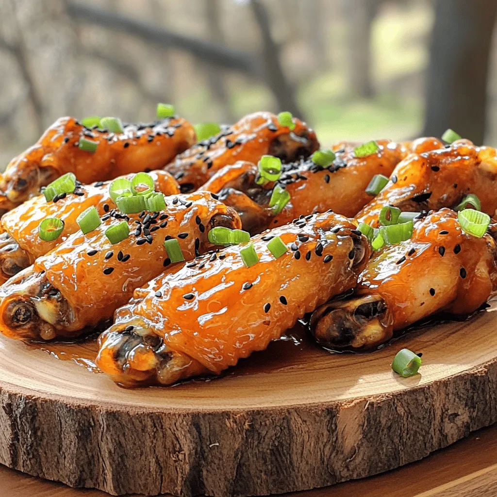 - 2 lbs chicken wings - 1/4 cup honey - 1/4 cup soy sauce - 2 tablespoons sriracha - 2 tablespoons olive oil - 4 cloves garlic, minced - 1 teaspoon fresh ginger, grated - 1 teaspoon sesame oil - Salt and black pepper to taste - 1 teaspoon black sesame seeds - 2 green onions, finely chopped The main ingredients for sweet and spicy chicken wings create a perfect balance of flavors. The chicken wings are the star of the dish. Choose fresh wings for the best taste. Honey adds sweetness. Soy sauce gives a savory kick. Sriracha brings the heat. Adjust the sriracha to fit your spice level. For aromatics, garlic and ginger enhance the dish. Garlic adds depth, while ginger gives a zing. Sesame oil adds a nutty flavor. Don’t forget to season with salt and black pepper. This simple step makes a big difference. Garnishes add a nice touch. Black sesame seeds add crunch and color. Green onions bring freshness. These toppings make your wings look and taste great. To see the complete recipe, check out the Full Recipe. Enjoy making these wings! First, preheat your oven to 425°F (220°C). This high temperature helps the wings get crispy. Rinse the chicken wings under cold running water. Make sure you clean them well. After rinsing, dry the wings thoroughly with paper towels. This step is key for getting that perfect crunch. In a large mixing bowl, combine the following ingredients: - 1/4 cup honey - 1/4 cup soy sauce - 2 tablespoons sriracha - 2 tablespoons olive oil - 4 cloves garlic, minced - 1 teaspoon fresh ginger, grated - 1 teaspoon sesame oil - Salt and black pepper to taste Whisk these ingredients together until the mixture is smooth and well combined. The blend of sweet and spicy will make your wings shine. Now, add the cleaned chicken wings to the bowl with the marinade. Use tongs or your hands to toss the wings, ensuring each piece is coated. For the best flavor, let them marinate for at least 30 minutes. If you can, cover the bowl and refrigerate overnight for an even deeper taste. Line a baking sheet with aluminum foil for easy cleanup later. Place a wire rack on top of the lined baking sheet. This setup allows hot air to circulate around the wings, making them crispy. Arrange the marinated wings on the rack in a single layer. Avoid overcrowding to ensure proper cooking. Once your wings are arranged, place the baking sheet in the preheated oven. Bake the wings for 40 to 45 minutes. Remember to turn the wings halfway through the cooking time. This step helps them crisp up evenly and brown nicely. If you enjoy extra sweetness, add a glaze! During the last 5 minutes of baking, gently brush a bit more honey over the wings. This will add a sticky layer of flavor and a beautiful shine to your wings. Enjoy your flavorful Sweet and Spicy Chicken Wings! For the full recipe, refer to the earlier section. To make your wings crispy, start by drying them well. Water on the surface creates steam, which prevents that perfect crispiness. Pat the wings dry with paper towels until they feel almost dry to the touch. Next, set your oven to 425°F (220°C). This high temperature helps to cook the wings quickly and crisply. Place them on a wire rack on your baking sheet. This allows hot air to flow around the wings, crisping them evenly. Adjust the spice level by adding more or less sriracha. If you want a mild kick, use one tablespoon. For more heat, go up to three tablespoons. You can find the right balance based on your taste. Marinate the wings for at least 30 minutes. For deeper flavor, refrigerate them overnight. The longer they sit, the more the flavors soak in. Serve your wings with dipping sauces like ranch or blue cheese. These cool, creamy sauces balance the sweet and spicy flavors. For side dishes, try celery sticks or carrot sticks for a crunchy contrast. You can also pair them with fries or a fresh salad to complete your meal. {{image_4}} You can change up the taste of your wings. For buffalo-style sweet and spicy wings, mix hot sauce with honey. This gives a tangy kick. You can adjust the heat by adding more hot sauce. It’s a classic choice that many love. If you prefer Asian-inspired variations, try using hoisin sauce instead of honey. This adds a sweet and rich flavor. Add chili paste for heat, and use sesame seeds for garnish. This gives the wings a unique twist that is sure to impress. When it comes to cooking, you have options. Grilling gives wings a smoky flavor. Just marinate them and place them on the grill. Cook until they are crispy and cooked through. This method is fun for summer BBQs. Baking is easy and quick. You can make a large batch without standing by the grill. Just follow the steps in the Full Recipe for great results. If you want a fast option, use an air fryer. It cooks wings in less time. The air fryer gives you crispy wings without much oil. Just remember to shake the basket halfway through cooking. You can change some ingredients if needed. For alternative sweeteners, use maple syrup or agave. Both will add sweetness without losing flavor. If you want a gluten-free option, use gluten-free soy sauce. It tastes just as good and works well in the marinade. This way, everyone can enjoy your sweet and spicy chicken wings. To keep your sweet and spicy chicken wings fresh, store them in the fridge. Place the wings in an airtight container. This helps prevent sogginess and keeps them tasty. If you have a lot of wings, use multiple containers to avoid overcrowding. Make sure to refrigerate them within two hours of cooking. They stay good in the fridge for about three to four days. When it's time to enjoy leftovers, reheating them right is key. For the best results, use your oven. Preheat it to 375°F (190°C). Place the wings in a single layer on a baking sheet. Bake for about 10 to 15 minutes. This method helps keep the wings crispy. You want them heated all the way through, so aim for an internal temperature of 165°F (74°C). You can also use an air fryer set to 375°F (190°C) for about 8 minutes. If you want to save wings for later, freezing is a great choice. First, allow the wings to cool completely. Then, place them in a freezer-safe bag or container. Be sure to remove as much air as possible to prevent freezer burn. Cooked wings freeze well for up to three months. When you’re ready to eat, thaw them in the fridge overnight. For reheating, follow the same oven or air fryer steps to enjoy crispy wings again. To make your chicken wings crispy, start by drying them well. Use paper towels to remove all moisture. This step is key for crispiness. Preheat your oven to 425°F (220°C). Bake the wings on a wire rack placed over a lined baking sheet. This allows hot air to circulate around the wings. Turn the wings halfway through cooking. This way, both sides get crispy. Yes, you can prepare sweet and spicy chicken wings in advance. Marinate the wings for at least 30 minutes. For the best flavor, marinate overnight. This lets the flavors soak in deeply. After marinating, you can store them in the fridge for up to 24 hours. Just bake them when you're ready to eat. To spice up your chicken wings, try different hot sauces. Sriracha gives a nice kick, but you can also use cayenne pepper. For a different flavor, add smoked paprika or chili powder. You can also experiment with adding honey for sweetness or lime juice for a tangy taste. Mix and match to find your perfect blend! Sweet and spicy chicken wings last about 3 to 4 days in the fridge. Store them in an airtight container to keep them fresh. If you want them to last longer, consider freezing them. Cooked wings can be frozen for up to 3 months. Just make sure to thaw and reheat them properly before serving. Sweet and spicy chicken wings combine bold flavors with easy steps. We covered ingredients, from chicken to marinades. Then, I shared tips for crispiness and flavor tweaks. Don’t forget the optional glaze! Making these wings is fun and simple. Try different spices and cooking methods. Whether grilling or baking, you can’t go wrong. Enjoy your delicious creation with dips and sides. Happy cooking!