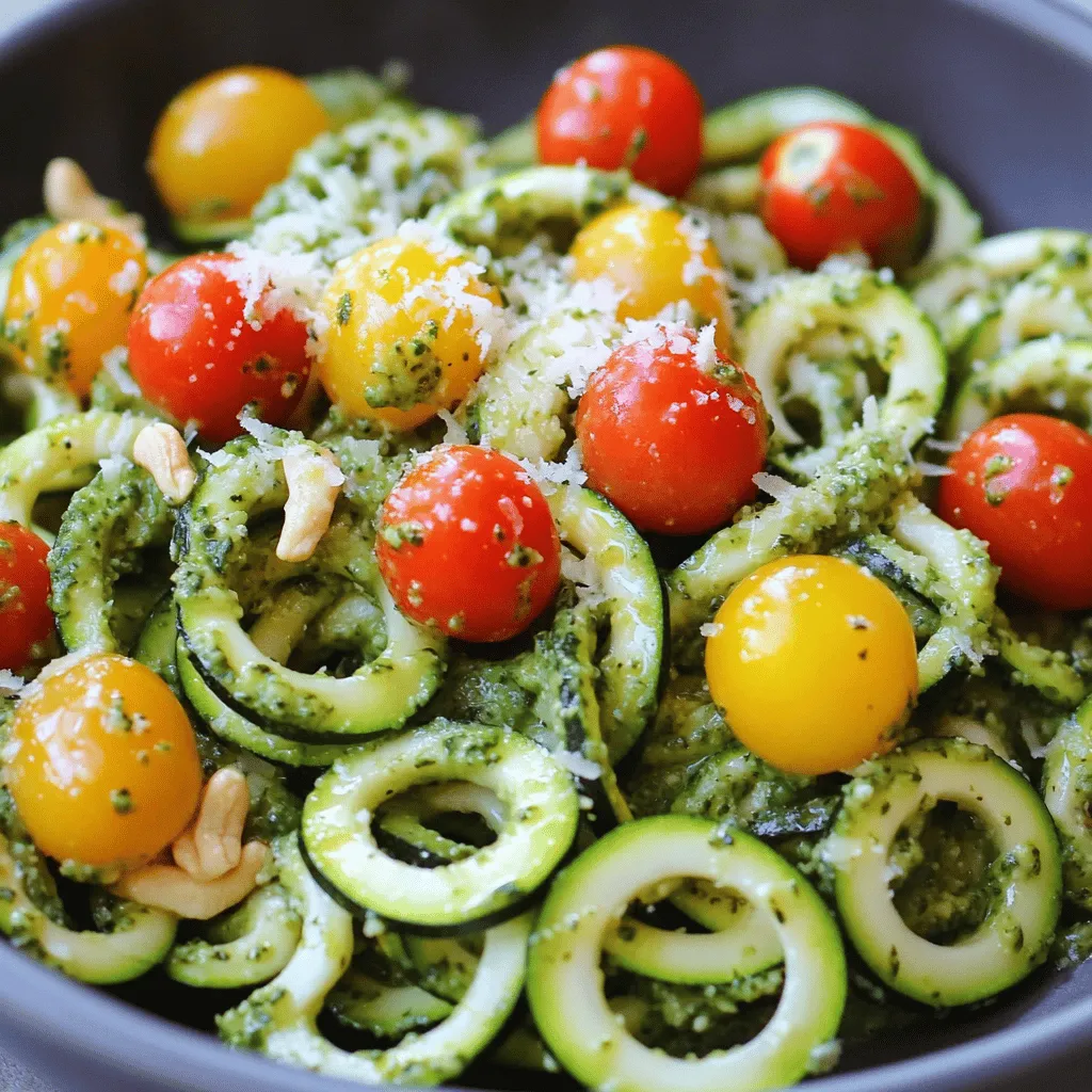 - 4 medium zucchini - 1 cup fresh basil leaves - 1/2 cup raw cashews - 2 garlic cloves - 2 tablespoons nutritional yeast - 2 tablespoons lemon juice - 1/4 cup extra-virgin olive oil - Sea salt and black pepper - 1 cup cherry tomatoes (for garnish) - Grated Parmesan cheese (optional) Zucchini noodles are a great base for a tasty meal. They are light and fresh. Pesto adds a burst of flavor and nutrition. The nuts and basil in pesto give it a creamy texture and rich taste. - Calories per serving: About 250 calories. - Macronutrient breakdown: - Carbs: 15g - Fats: 20g - Proteins: 6g Zucchini is low in calories but high in vitamins. It helps keep your body healthy. Pesto is rich in good fats from the nuts and olive oil. These fats help your heart. Together, this dish gives you energy without weighing you down. Eating zucchini noodles with pesto is a smart choice. They are filling and tasty. You get the satisfaction of a meal without the heavy carbs of pasta. Try the full recipe for a delightful dish that’s easy to prepare! To make zucchini noodles, you will need a spiralizer or a vegetable peeler. Here’s how to do it: - Spiralize the zucchini: Wash the zucchini well. Cut off both ends. Place it in the spiralizer and twist to create long, curly noodles. If you use a peeler, make long strips. - Prevent excess moisture: Zucchini has a lot of water. To avoid soggy noodles, sprinkle a bit of salt on them. Let them sit for 10 minutes, then pat dry with a paper towel. This keeps your dish nice and fresh. Pesto is what really makes this dish shine. Here’s how to create that creamy goodness: - Soaking cashews: Soak your raw cashews in water for at least 2 hours. This softens them and helps blend smoothly. If you're in a hurry, soak them in hot water for 30 minutes. - Blend ingredients: In a food processor, combine the soaked cashews, fresh basil leaves, minced garlic, nutritional yeast, lemon juice, and a pinch of sea salt. Pulse it until mixed. Slowly add olive oil while blending until you get a creamy texture. Stop to scrape down the sides as needed. Now, it’s time to bring it all together: - Toss the zucchini noodles with pesto: Place your zucchini noodles in a large bowl. Pour the creamy cashew pesto over them. Gently toss to coat the noodles evenly. - Sautéing vs. letting sit: You can choose to sauté the noodles or let them sit. Sautéing for 2-3 minutes warms them and slightly softens their texture. If you let them sit for 5-10 minutes, the flavors blend well without cooking. Both methods are tasty, so try them and see which one you like more! For the complete recipe, check out the [Full Recipe]. Enjoy making this vibrant dish! To make your pesto shine, taste it often. If it feels bland, add more salt. You can also try using different nuts, like almonds or walnuts, to change the flavor. If you want a bit of heat, toss in some red pepper flakes. For a twist, try spinach or arugula instead of basil. Each choice gives a new flavor to your dish. When cooking zucchini noodles, keep the heat low. This helps them cook evenly. Sauté them for just 2-3 minutes. You want them tender, not mushy. To prevent mushiness, avoid cooking them for too long. You can also pat them dry with a paper towel before cooking. This removes excess moisture and keeps your noodles firm. Make your dish pop by arranging the noodles in a nest shape. Scatter the cherry tomatoes around for a bright color contrast. A light drizzle of olive oil on top can elevate the dish further. If you sprinkle grated Parmesan cheese on top, it adds a nice touch. The visual appeal makes your meal more inviting. You can find the full recipe at the beginning of this article. {{image_4}} You can easily change some ingredients in this dish. If you can’t find cashews, try sunflower seeds or almonds. Both work well in the pesto. For a nut-free option, use pumpkin seeds instead. For the greens, if you have spinach or arugula, they make great substitutes. Each will give a unique taste to your pesto. Want to add some protein? Grilled chicken or shrimp can make this dish heartier. Simply cook them in a skillet or on the grill. If you want a vegetarian option, try adding chickpeas or lentils. For garnishes, consider sliced olives or fresh herbs like parsley. A sprinkle of red pepper flakes can add a nice kick too. You can enjoy zucchini noodles in many ways. For a fresh salad, serve them raw with pesto. This keeps them crunchy and light. If you like a smoky flavor, grill the zucchini noodles. Just toss them on a hot grill for a few minutes until they soften. This adds a nice char and depth to the dish. For more ideas, check out the Full Recipe for zesty zucchini noodles with creamy cashew pesto. To keep your zucchini noodles with pesto fresh, place them in an airtight container. This helps preserve their taste and texture. You can store them in the fridge for up to three days. If you want to freeze them, it's best to do so without the pesto. Zucchini noodles can get soggy once thawed. When it comes to reheating, avoid the microwave if possible. Instead, use a skillet over medium heat. This method keeps the noodles firm and tasty. Heat them for about two to three minutes. If you made a large batch, eat the leftovers within two days for the best flavor. Enjoy the freshness of the dish! To make zucchini noodles, you need a spiralizer or a vegetable peeler. These tools help create long, noodle-like strands from zucchini. Using a spiralizer is easy. Just place the zucchini in the tool and twist. If you don’t have one, a vegetable peeler can create thin strips. Yes, you can eat zucchini noodles raw. They have a nice crunch and fresh taste. Raw zucchini noodles are low in calories and high in water. This makes them great for hydration. They also provide vitamins A and C. Eating them raw keeps the nutrients intact. Pesto sauce is a healthy choice compared to many pasta sauces. It has fresh herbs, nuts, and olive oil. These ingredients provide healthy fats and antioxidants. Traditional pasta sauces often have added sugars and preservatives. Pesto offers a burst of flavor with fewer calories and better nutrition. Zucchini noodles pair well with many side dishes. Grilled chicken or shrimp adds protein. Roasted vegetables can bring extra flavor. You can also serve a simple salad on the side. They complement the lightness of the noodles. Adding cherry tomatoes enhances the dish's color and taste. For the full recipe, check out Zesty Zucchini Noodles with Creamy Cashew Pesto. In this post, we explored how to make delicious and healthy zucchini noodles with creamy cashew pesto. We covered required ingredients, step-by-step instructions, and helpful tips to make your dish shine. You can customize the recipe with different nuts and toppings for variety. Remember to store leftovers properly to enjoy later. Enjoy your fresh, tasty meal! Eating more veggies can be fun and rewarding. Try it out, and you might just love it!