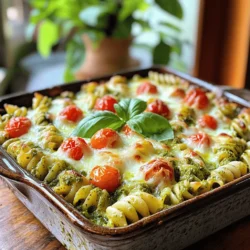 - 2 cups cooked pasta (penne or fusilli) - 2 cups cooked chicken, shredded - 1 cup basil pesto (homemade or store-bought) - 1 cup cherry tomatoes, halved - 1 cup mozzarella cheese, shredded - 1/2 cup Parmesan cheese, grated - 1 teaspoon garlic powder - 1/2 teaspoon red pepper flakes (optional) - Salt and pepper to taste - Fresh basil leaves for garnish - 9x13 inch baking dish - Mixing bowl - Cooking spray or olive oil - Aluminum foil Gather these ingredients before you start. The cooked pasta gives the dish a hearty base. Shredded chicken adds protein and texture. Basil pesto brings a fresh burst of flavor. Cherry tomatoes add a sweet touch, while the cheeses create a creamy topping. Garlic powder and red pepper flakes will spice it up. Lastly, fresh basil will make it look pretty. The kitchen tools are simple and easy to find. You will need a good baking dish to hold it all together. A mixing bowl helps combine everything smoothly. Cooking spray or olive oil makes sure nothing sticks. Aluminum foil is essential to keep it moist while baking. For the full recipe, you can refer to the earlier section. - Preheat the oven to 375°F (190°C). - In a large bowl, mix together the cooked pasta, shredded chicken, basil pesto, halved cherry tomatoes, garlic powder, and a sprinkle of salt and pepper. Stir gently until everything is coated with the vibrant green pesto. - Grease a 9x13 inch baking dish with cooking spray or olive oil. - Transfer the pasta mixture to the baking dish. Spread it evenly to ensure even cooking. - Top the mixture with shredded mozzarella cheese and grated Parmesan cheese. If you like spice, add red pepper flakes now. - Cover the baking dish with aluminum foil. Place it in the preheated oven and bake for 20 minutes. This helps the flavors blend. - After 20 minutes, remove the foil carefully. Bake for an additional 10-15 minutes until the cheese is bubbling and golden brown. - Let the dish cool for 5 minutes before serving. This step makes it easier to serve. Enjoy the rich and flavorful delight of your Pesto Chicken Pasta Bake! For detailed ingredient quantities and more, refer to the Full Recipe. - Try different pasta shapes. Use shells or bowties for fun. - Add veggies like spinach or bell peppers for color and taste. - Cook pasta al dente. This gives it the right bite. - Don’t overbake. It keeps the dish moist and tasty. - Pair with a fresh salad. It balances the rich flavors. - Serve with crusty bread. It adds a nice crunch. For more details, check the Full Recipe to create this delightful meal! {{image_4}} When you make Pesto Chicken Pasta Bake, you can change it up to fit your taste. Here are some fun ideas. If you want a vegetarian dish, simply replace the chicken. Grilled vegetables work great. You can use zucchini, bell peppers, or mushrooms. Chickpeas are another tasty choice. They add protein and a nice texture. For those who need gluten-free meals, swap in gluten-free pasta. There are many good brands out there. Just make sure to check the cooking time, as it may differ from regular pasta. This way, everyone can enjoy the dish! You can also play with different sauces. Try using sun-dried tomato pesto for a bold twist. Alfredo sauce can make it creamy and rich. Each sauce brings a new flavor, so don’t be afraid to experiment. For detailed instructions on making the base recipe, check out the Full Recipe. Store leftovers in an airtight container for up to 3 days. This keeps the flavors fresh. When you need a quick meal, just grab it from the fridge. You can freeze the pasta bake in portions for up to 3 months. This makes it easy to enjoy later. Just remember to use freezer-safe containers. Label them with the date for easy tracking. To reheat, use the oven for best results. Preheat your oven to 350°F (175°C) and bake until hot. If you’re in a hurry, the microwave works too. Just be sure to cover it to keep the moisture in. Enjoy your Pesto Chicken Pasta Bake anytime by following these simple storage tips! For the complete recipe, check out the Full Recipe above. Yes, you can prepare it in advance and store it in the fridge. Just cover it tightly to keep it fresh. When ready to eat, bake it straight from the fridge. This saves time and still tastes great. Add more red pepper flakes or include spicy sausage. You can also use spicy pesto if you want an extra kick. Just remember to balance the heat with the creamy cheese and pasta. A green salad or garlic bread complements it nicely. A fresh salad adds crunch and brightness. Garlic bread brings warmth and buttery flavor to your meal. Absolutely, rotisserie chicken is a great time-saver! Just shred it and mix it with your pasta. It adds flavor and cuts down prep time, making cooking easier and faster. Enjoy this delicious meal! This blog post covered a simple and tasty Pesto Chicken Pasta Bake. We explored essential ingredients, step-by-step instructions, and tips for flavor and texture. I also shared variations, storage tips, and common questions. This dish is easy to make and can fit any diet. Whether you want it spicy, vegetarian, or gluten-free, there’s an option for you. Enjoy this meal hot and fresh, or save leftovers for later. Making cooking enjoyable is key. Try it today and share your thoughts!