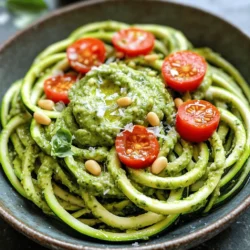 - 4 medium zucchinis, spiralized - 1 ripe avocado - 1 cup fresh basil leaves - 2 cloves garlic, finely minced - 1/4 cup pine nuts (or walnuts) - 2 tablespoons fresh lemon juice - 3 tablespoons extra virgin olive oil - Salt and freshly cracked black pepper - Cherry tomatoes, halved (for garnish) - Grated Parmesan cheese (optional) The key to making great zucchini noodles with pesto lies in the fresh ingredients. Start by choosing firm, medium zucchinis. They should feel heavy for their size and have smooth skin. For the avocado, pick one that yields slightly when pressed. This shows it’s ripe and perfect for a creamy pesto. Basil is essential for that fresh, vibrant flavor. Make sure to wash the leaves thoroughly before using them. The garlic adds a nice bite, so don’t skip it! Pine nuts give a lovely richness but feel free to swap them for walnuts if you want a different taste. When it comes to olive oil, use high-quality extra virgin. It enhances the dish’s flavor. Lastly, the lemon juice brightens the pesto, giving it a zesty kick. - Calories per serving: About 300 - Macronutrient breakdown: - Carbohydrates: 16g - Protein: 5g - Fat: 25g This dish is not just tasty but also nutritious. Zucchini is low in calories and high in water. It helps keep you full without adding many calories. The avocado provides healthy fats, while the basil and garlic add antioxidants. Enjoy this meal while knowing it's good for you! To start, you need to prepare the zucchini noodles. I love using a spiralizer for this task. It creates beautiful, long noodles. You can find spiralizers online or at kitchen stores. If you don’t have one, you can use a vegetable peeler. Just peel thin strips of zucchini to make flat noodles. Both methods work great! Now, let’s make the avocado pesto. Here’s what you need: - 1 ripe avocado - 1 cup fresh basil leaves - 2 cloves garlic, finely minced - 1/4 cup pine nuts (or walnuts for a different flavor) - 2 tablespoons fresh lemon juice - 3 tablespoons extra virgin olive oil In a food processor, combine the avocado, fresh basil, garlic, and pine nuts. Then, add lemon juice and olive oil. Blend until creamy. If it’s too thick, you can add a little water or more olive oil. This will help you get the perfect creamy texture. Next, transfer the spiralized zucchini noodles into a big mixing bowl. Pour the avocado pesto over the noodles. Toss gently to coat every noodle with pesto. This step is key for a tasty dish! Then, season the noodles with salt and freshly cracked black pepper to taste. Mix again to distribute the flavors evenly. If you like warm noodles, you can sauté them. Heat a non-stick skillet over medium heat. Add the coated zucchini noodles to the pan. Cook for 2-3 minutes while stirring gently. You want them to be slightly softened but not mushy. This adds a nice warmth to your dish. Finally, you can serve your zesty zucchini noodles, garnished with cherry tomatoes or Parmesan cheese. Enjoy your fresh and flavorful meal! For the full recipe, check out the details above. To make great pesto, start by choosing ripe avocados. A ripe avocado should feel slightly soft when you press it. If it’s too hard, wait a few days for it to ripen. After you make your pesto, store it in the fridge. To keep it fresh, place plastic wrap directly on the surface of the pesto. This helps prevent browning. It can last for about three days in the fridge. For the best texture, use fresh zucchinis. Look for ones that feel firm and heavy. When spiralizing, avoid overcooking your noodles. This keeps them crisp. To prevent sogginess, do not salt the zucchini before cooking. Salting draws out moisture. Instead, toss the noodles with pesto right before serving. If you sauté them, cook for just a few minutes to keep them crunchy. When plating, think about color and shape. Serve the noodles in shallow bowls, making a nest shape. This adds height and interest to your dish. For garnish, use halved cherry tomatoes. Their bright color pops against the green of the zucchini. You can also sprinkle grated Parmesan cheese for a touch of creaminess. Drizzle a bit of olive oil around the plate for added flavor and visual appeal. For the full recipe, check out the Zesty Zucchini Noodles with Avocado Pesto. {{image_4}} You can switch up the pesto to make it your own. One tasty option is spinach pesto. Just replace the basil with fresh spinach. This gives a nice green color and a mild flavor. You can still use avocado for creaminess. Another choice is a nut-free pesto. Instead of pine nuts, try using sunflower seeds or pumpkin seeds. This works well for allergies and still tastes great. Want to make your dish heartier? Add grilled chicken or shrimp. These proteins pair well with the flavors in the pesto. Simply grill them, slice, and mix in with the zucchini noodles. For a vegetarian twist, consider chickpeas or tofu. They soak up the pesto's flavor and add good protein. You can also play with seasonal veggies. In spring, try adding asparagus or peas for a fresh crunch. In summer, mix in fresh herbs like parsley or dill for a bright taste. These additions keep the dish exciting and flavorful all year long. For the full recipe, check out the Zesty Zucchini Noodles with Avocado Pesto. To keep your zucchini noodles fresh, store them in an airtight container. This helps prevent moisture from making them soggy. If you plan to eat them within three days, this method works great. After that, they may start to lose their texture and flavor. - Best practices for freshness: - Use a clean, dry container. - Layer paper towels between noodles to absorb excess moisture. - How long they last in the fridge: Zucchini noodles typically last about three days in the fridge. Keep an eye on them. If they start to look slimy, it’s time to toss them. Pesto is easy to store and can be used later. You can freeze it in ice cube trays. This way, you can use small amounts when needed. Once frozen, transfer the cubes to a freezer bag for easy access. - Freezing pesto for later use: - Pour pesto into ice cube trays. - Freeze until solid, then pop out the cubes and store in a bag. - Refrigeration guidelines: If you plan to use pesto soon, store it in a jar with a thin layer of olive oil on top. This keeps it fresh for about a week. Always check for color or smell changes before using. Yes, you can make zucchini noodles ahead of time. To prep, spiralize the zucchinis and store them in a sealed bag. Keep them in the fridge. They will stay fresh for up to three days. When you're ready to eat, toss them with pesto for a quick meal. To keep zucchini noodles from getting watery, you can salt them. Salt draws out moisture. After spiralizing, sprinkle salt on the noodles and let them sit for about 10 minutes. Then, pat them dry with a paper towel. You can also cook them lightly in a pan for a minute or two. This helps reduce moisture further. If you don’t have pine nuts, you can use other nuts or seeds. Walnuts are a great choice for a rich flavor. Almonds also work well, adding a bit of crunch. For a nut-free option, try sunflower seeds or pumpkin seeds. Each choice gives the pesto a unique twist. Yes, zucchini is low in calories. One medium zucchini has about 33 calories. It is a great choice for a light meal. Zucchini is also high in water, keeping you full without adding many calories. Plus, it has vitamins and minerals like vitamin C and potassium, making it a healthy option. In this post, we covered how to create a delicious zucchini noodle dish with avocado pesto. You learned about the key ingredients, nutritional facts, and step-by-step instructions. This simple meal can be made in different ways to suit your taste and needs. It's easy to store leftovers and enhance flavors with tips we discussed. I hope this guide inspires you to try making zucchini noodles at home. Enjoy fresh, healthy meals that excite your taste buds!