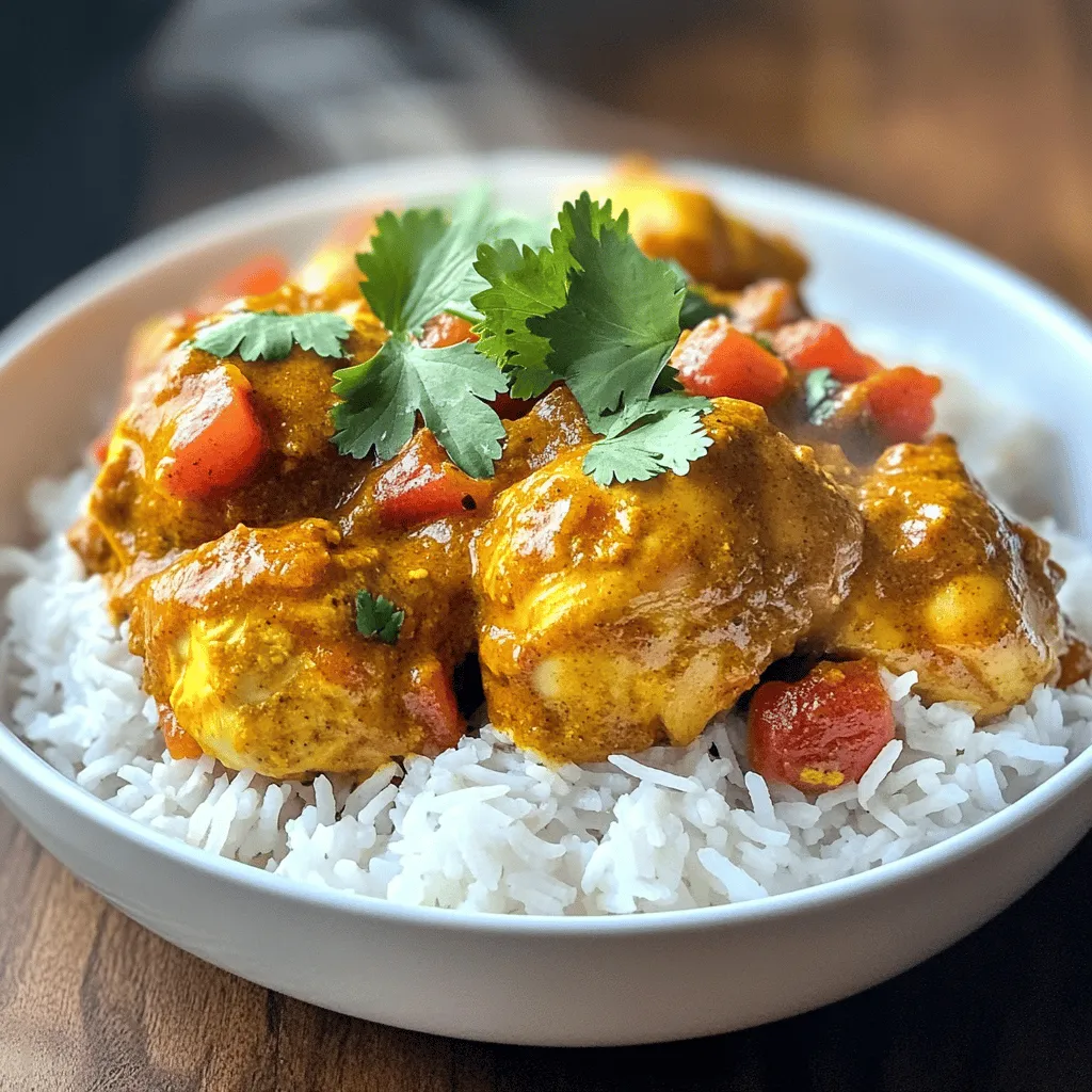 - 1.5 lbs boneless, skinless chicken thighs - 1 medium onion, finely chopped - 4 cloves garlic, minced - 1 tablespoon ginger, freshly grated - 1 tablespoon garam masala - 1 tablespoon ground cumin - 1 tablespoon ground coriander - 1 teaspoon turmeric powder - 1 teaspoon chili powder - 1 can (14 oz) diced tomatoes with juices - 1 cup coconut milk - 2 tablespoons vegetable oil - Salt to taste - Fresh cilantro, chopped for garnish - Cooked basmati rice or naan for serving I love how these ingredients come together to create a dish full of flavor. The chicken thighs are the star. They soak up the spices and become tender. Onions, garlic, and ginger provide a great base. They add sweetness and warmth. Spices are key in Chicken Tikka Masala. Garam masala brings a warm, earthy taste. Cumin and coriander add depth. Turmeric gives a lovely color. Adjust the chili powder for your spice level. The diced tomatoes add acidity, balancing the richness of coconut milk. Coconut milk makes the sauce creamy and smooth. Use fresh cilantro for a pop of color and flavor. I suggest serving this dish with basmati rice or naan. The rice soaks up the sauce well. Naan is perfect for dipping. The combination is simply irresistible! For the complete cooking process, check the Full Recipe. - Start by setting your Instant Pot to 'Sauté' mode. - Pour in 2 tablespoons of vegetable oil. - Add 1 medium onion, finely chopped, and sauté until golden brown. - This usually takes about 5-7 minutes. - Next, stir in 4 cloves of minced garlic and 1 tablespoon of freshly grated ginger. - Cook this mixture for 1-2 minutes until it smells amazing. - Now, it's time to spice things up! - Add 1 tablespoon of garam masala, ground cumin, and ground coriander. - Also, include 1 teaspoon of turmeric powder and 1 teaspoon of chili powder. - Toast the spices for about 1 minute. - Stir well to mix with the aromatics, letting the flavors bloom. - Add 1.5 lbs of bite-sized chicken pieces to the pot. - Sauté the chicken for 4-5 minutes. - Make sure all the chicken is coated with the spice mix. - Pour in 1 can of diced tomatoes, including the juices. - Add 1 cup of coconut milk for creaminess. - Stir everything to combine, and scrape the bottom of the pot. - This helps prevent any sticking or burning during cooking. - Secure the lid on the Instant Pot. - Switch to 'Manual' mode and set the timer for 10 minutes. - Confirm that the steam valve is in the sealing position. - Once done, let the pressure release naturally for 5 minutes. - After that, switch to a quick release for any remaining steam. - Carefully open the lid and stir your Chicken Tikka Masala. - Taste and adjust with salt as needed. - If the sauce is thick, add a splash of water or more coconut milk. - Serve over cooked basmati rice or with naan. - Garnish with fresh cilantro for a vibrant touch. For the Full Recipe, check the detailed instructions and enjoy this simple dish! - Start by setting your Instant Pot to 'Sauté' mode. - Add vegetable oil, then the chopped onion. - Sauté the onion for 5-7 minutes. Look for a golden brown color. - Add garlic and ginger next. Cook them for 1-2 minutes. - Be careful not to let them burn. To prevent burning, keep stirring often. If you see bits stuck at the bottom, scrape them off. This keeps the flavors from turning bitter. - Adjust the spice levels to fit your taste. - If you love heat, add more chili powder. - Want a milder dish? Cut back on the spices. For garnishes, fresh cilantro brightens the dish. You can also add a squeeze of lime for extra zing. Serve it with basmati rice or warm naan for a complete meal. - Always scrape the pot bottom before sealing it. - This step helps prevent burning during cooking. - Ensure the steam valve is in the sealing position. For best results, allow for a natural pressure release. This keeps your dish juicy and tender. Remember to follow these steps for a perfect Chicken Tikka Masala. {{image_4}} You can easily make Chicken Tikka Masala vegetarian. Use paneer or chickpeas instead of chicken. Paneer adds a creamy texture, while chickpeas make it hearty. If you choose paneer, cut it into cubes. For chickpeas, use canned ones for ease. Adjust cooking times for these ingredients. Cook paneer for about 5 minutes. If using chickpeas, they can go in during the same step as the tomatoes and coconut milk. This way, they soak up flavor without becoming mushy. Adding vegetables is a great way to enhance the dish. Bell peppers and spinach work well. Chop bell peppers into bite-sized pieces. You can add them after the chicken is sautéed. Spinach can go in at the end, right before serving. Remember to adjust the liquid content. Extra veggies will release water. You may need to reduce the coconut milk slightly. This keeps the sauce thick and creamy. You can control the spice in Chicken Tikka Masala. To make it milder, cut back on chili powder. Adding more coconut milk can also help tone down the heat. If you want a spicier dish, add more chili powder or fresh green chilies. You can also try alternative spices. Smoked paprika or cayenne pepper can give a different kick. Adjust these spices to match your taste buds. Store leftover Chicken Tikka Masala in an airtight container. Make sure to let it cool first. It will stay fresh for about 3 to 4 days in the fridge. Always check for signs of spoilage, like off smells or color changes, before eating. To freeze Chicken Tikka Masala, place it in a freezer-safe container or bag. Leave some space for expansion, as liquids can expand when frozen. It will last for up to 3 months in the freezer. To reheat, thaw it in the fridge overnight. Heat it gently on the stove or in the microwave. Add a splash of water or coconut milk to keep it moist. You can use leftover Chicken Tikka Masala in many tasty ways. Mix it with cooked pasta for a quick meal. Stuff it into wraps with fresh greens for a tasty lunch. You can also serve it over baked potatoes for a new twist. For meal prep, consider making a big batch. Divide it into portions for easy weeknight dinners. Serve with rice or naan, and you have a delicious meal ready to go! If you're looking for the full recipe, it holds all the details you need to make this dish shine! Chicken Tikka Masala is a popular dish from Indian cuisine. It features marinated chicken cooked in a creamy, spiced tomato sauce. This dish likely originated in the UK, blending Indian and British flavors. Chefs often use yogurt and spices to tenderize the chicken, giving it a rich taste and vibrant color. The combination of spices creates a warm, aromatic flavor that many people love. Yes, you can cook Chicken Tikka Masala on the stove or in the oven. For stovetop cooking, follow the same steps but use a large pot. Sauté the onions and spices, then add chicken and tomatoes. Let it simmer until the chicken is cooked. If using the oven, you can bake the marinated chicken and then mix it with the sauce on the stovetop. Both methods yield tasty results. To reduce the heat in Chicken Tikka Masala, you can adjust the spice levels. Use less chili powder or skip it altogether. Adding more coconut milk or cream can also tone down the spice. Including a bit of sugar can balance the heat. Taste as you go and adjust until it suits your preference. Chicken Tikka Masala pairs well with several sides. Basmati rice is a classic choice, soaking up the sauce nicely. Warm naan is perfect for dipping. You can also serve a fresh salad with cucumber or a yogurt sauce to cool the palate. These sides enhance the meal and add contrast to the rich dish. Yes, you can adapt this recipe for a slow cooker. First, sauté the onions and spices in a pan. Then, add them to the slow cooker with the chicken, tomatoes, and coconut milk. Cook on low for 6-8 hours or high for 3-4 hours. This method allows the flavors to meld beautifully and keeps the chicken tender. For the complete details on how to make this dish, check the Full Recipe. This blog post outlined how to make Chicken Tikka Masala step by step. You learned about the key ingredients and spices that create rich flavor. I shared cooking tips, variations, and storage info to help you succeed. Each step is designed to make the dish easy and fun. Now, you're ready to try this delicious recipe at home. Enjoy making it your own and share it with loved ones. Your Chicken Tikka Masala will impress with its amazing taste!
