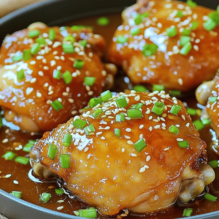 - 4 bone-in, skin-on chicken thighs - 1/4 cup honey - 1/4 cup soy sauce - 4 cloves garlic, minced - 1 tablespoon fresh ginger, grated - 1 tablespoon rice vinegar - 1 teaspoon sesame oil - Salt and freshly ground black pepper, to taste - 1 tablespoon olive oil - Chopped green onions and sesame seeds for garnish When I make honey garlic chicken thighs, I love to gather fresh ingredients. The main stars are the chicken thighs, honey, soy sauce, garlic, and ginger. These flavors blend to create something special. Chicken thighs are rich and juicy, perfect for this dish. The honey adds sweetness, while soy sauce brings a nice salty touch. Garlic and ginger give the chicken a bold flavor. For the extra kick, I add rice vinegar and sesame oil. They give the dish a unique twist. Don’t forget salt and pepper to season well. I also like to garnish with green onions and sesame seeds. They add color and texture. This recipe is easy and fun to make. You can find the full recipe at the end of this section. Set your oven to 400°F (200°C) before you start cooking. This temperature gives you that perfect bake. It helps the chicken skin get crispy while keeping the meat juicy. Preheating is key for even cooking, so don’t skip this step. In a medium bowl, mix the following for the marinade: - 1/4 cup honey - 1/4 cup soy sauce - 4 cloves garlic, minced - 1 tablespoon fresh ginger, grated - 1 tablespoon rice vinegar - 1 teaspoon sesame oil Whisk these ingredients together until they blend well. This mixture will give your chicken a rich, sweet flavor. Marinating is important because it allows the chicken to soak up all that delicious taste. Take the chicken thighs and pat them dry with paper towels. This helps the skin get crispy. Then, sprinkle salt and black pepper on both sides. Next, heat 1 tablespoon of olive oil in a large oven-safe skillet over medium-high heat. When the oil is hot, place the chicken thighs in the skillet skin-side down. Sear them for about 5-7 minutes until they turn golden brown. This step locks in flavors and gives you that nice texture. After searing, flip the chicken thighs so the skin side is up. Pour the marinade over the chicken in the skillet. Make sure each piece is well-coated. Now, transfer the skillet into your preheated oven. Bake the chicken for 20-25 minutes. You want the internal temperature to reach 165°F (75°C) to ensure it’s fully cooked. This will keep the meat tender and juicy. Once the chicken is cooked, take it out of the oven. Let it rest for about 5 minutes. Resting is important because it helps the juices settle back into the meat. Before you serve, drizzle any sauce from the skillet over the chicken. For a nice touch, garnish with chopped green onions and sesame seeds. This adds color and extra flavor to your dish. You can find the full recipe [here](#). To get that crispy skin, start with the right oil temperature. Heat the olive oil until it shimmers, about 2 minutes. The chicken thighs should sizzle as soon as they touch the pan. Sear them skin-side down for 5-7 minutes. This step locks in flavor and gives you that golden brown look. Adding herbs and spices can elevate your chicken. Try fresh thyme or rosemary for a new twist. You can also add chili flakes for a bit of heat. Let the chicken soak in the marinade for at least 30 minutes. This ensures the flavors meld and penetrate the meat. For the best results, use a large, heavy skillet. Cast iron works great for even heat. An oven-safe pan lets you move from stove to oven easily. A meat thermometer is essential to check doneness. Aim for 165°F (75°C) to ensure your chicken is safe to eat. For the full recipe, check the section above. {{image_4}} If you want to bake instead of sear your chicken thighs, here’s how. First, you still need to prepare the marinade as described in the full recipe. Instead of searing, you can skip straight to baking. - Preheat your oven to 400°F (200°C). - After marinating, place the chicken thighs on a baking sheet. - Bake for 30-35 minutes or until the chicken reaches 165°F (75°C). Baking makes the chicken juicy and easy. The honey garlic sauce will caramelize nicely, giving you a sweet and savory dish. Using a slow cooker gives a different twist to this recipe. This method makes the chicken super tender. Here’s what you do: - Follow the same steps to prepare the marinade. - Place the chicken thighs in the slow cooker and pour the marinade over them. - Cook on low for 6-7 hours or high for about 3-4 hours. This method allows the chicken to soak up all the flavors. The result is tender, fall-off-the-bone chicken that’s great for meals any day of the week. For a quick meal, try the stir-fry version. It’s fast and simple. Here’s how: - Cut the chicken thighs into bite-sized pieces. - Heat some oil in a large skillet or wok. - Add the chicken pieces and cook until golden brown, about 5-7 minutes. - Stir in the marinade and add your favorite vegetables like bell peppers or broccoli. - Cook for another 5-7 minutes until the chicken is cooked through. This stir-fry is quick and packed with flavor. It’s perfect for busy nights when you want a meal that’s both tasty and healthy. After cooking, you can store the honey garlic chicken thighs in the fridge. Make sure to place them in an airtight container. Properly stored, they last for about 3 to 4 days. If you want to enjoy them later, you can use them in salads or wraps for a quick meal. To freeze the chicken, let it cool completely first. Then, wrap each piece tightly in plastic wrap. Place the wrapped chicken in a freezer-safe bag. This way, it keeps its flavor and texture. You can freeze it for up to 3 months. When you're ready to eat, thaw it in the fridge overnight for best results. When reheating, aim to keep the chicken moist. Preheat your oven to 350°F (175°C). Place the chicken in a baking dish and add a splash of broth or water. Cover the dish with foil to trap steam. Bake for about 15 to 20 minutes, or until heated through. This method helps to keep the chicken juicy and flavorful. Enjoy your sweet and savory chicken again! Yes, you can use boneless chicken thighs. They cook faster than bone-in thighs. Boneless thighs usually take about 15-20 minutes in the oven. However, the texture may differ. Bone-in thighs stay juicier due to the bone. Boneless thighs can be a bit drier if overcooked. This recipe is not spicy. The honey and soy sauce balance the flavors. If you want heat, add red pepper flakes or sriracha. Start with a pinch, and taste as you go. You can always add more for your perfect heat level. Pair these chicken thighs with rice or quinoa. Steamed broccoli or green beans also work well. A simple salad adds freshness. Try a light cucumber salad for crunch. These sides complement the sweet and savory notes of the chicken. To reduce sugar, use less honey. You can replace some honey with unsweetened apple sauce. This keeps the sauce sweet without too much sugar. You can also try using a sugar substitute like agave or stevia. Adjust the amounts to taste for your health goals. Each serving has about 320 calories. It includes 20 grams of protein and 22 grams of fat. The dish has 10 grams of carbs and 2 grams of sugar. This is a great option for a balanced meal. For more detailed info, check the Full Recipe. You can create a tasty honey garlic chicken dish with just a few ingredients. We covered the key seasonings, cooking methods, and tips to ensure a great meal. Remember, letting the chicken rest is vital for flavor. Feel free to experiment with variations to suit your taste. With these easy steps, your chicken will be juicy and full of flavor. Enjoy exploring the recipe and making it your own. Happy cooking!