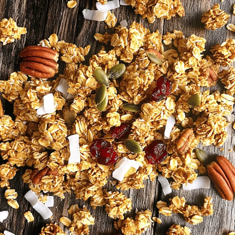 To make this tasty maple pecan granola, gather the following ingredients: - 2 cups rolled oats - 1 cup pecans, roughly chopped - 1/2 cup pumpkin seeds - 1/2 cup unsweetened coconut flakes - 1/2 cup pure maple syrup - 1/4 cup coconut oil, gently melted - 1 teaspoon vanilla extract - 1 teaspoon ground cinnamon - 1/2 teaspoon sea salt - 1/2 cup dried cranberries (optional, for added sweetness) This granola is more than just tasty; it is also healthy. The rolled oats provide fiber. This helps with digestion and keeps you full longer. Pecans add healthy fats and protein, which are good for your heart. Pumpkin seeds are rich in minerals like zinc and magnesium. Coconut flakes bring in some healthy fats and a touch of sweetness without added sugar. Maple syrup gives natural sweetness and antioxidants, unlike refined sugars. If you include cranberries, they add vitamins and a burst of flavor. Together, these ingredients work to give you energy and nutrients. Maple pecan granola stands out for its delightful crunch and rich taste. The mix of sweet maple and nutty pecans creates a perfect balance. It is easy to customize. You can add nuts or dried fruits based on your taste. The granola has a lovely golden color, making it visually appealing. This recipe also suits different diets; it can be gluten-free or vegan. You can enjoy it as a snack, breakfast, or a topping for yogurt. For complete cooking steps, check the Full Recipe. First, set your oven to 350°F (175°C). While it heats, grab a large baking sheet. Line it with parchment paper. This helps the granola not stick. In a big mixing bowl, combine the rolled oats, chopped pecans, pumpkin seeds, coconut flakes, ground cinnamon, and sea salt. Stir until they mix well. In another small bowl, whisk together the pure maple syrup, melted coconut oil, and vanilla extract. This mixture should be smooth and blended. Pour the wet mix over the dry ingredients. Use a large spoon to stir until everything is coated. Next, spread the mixture onto the lined baking sheet. Press it down gently. This helps the granola clump. Bake it for 25-30 minutes. Halfway through, take it out and stir gently. This ensures even browning. Once it turns golden brown and smells great, take it out. Let it cool completely in the pan. It will get crunchy as it cools. If you want, fold in dried cranberries for extra sweetness after cooling. Store the granola in an airtight container. It stays fresh for up to two weeks. For the complete recipe, check out the Full Recipe. To get that perfect crunch in your granola, follow these steps. First, use rolled oats. They hold together well and crisp up nicely. Next, press the mixture down on the baking sheet. This helps it clump together as it bakes. Bake at 350°F for 25-30 minutes. Stir halfway to ensure even browning. Let it cool completely before breaking it apart. It will harden as it cools. If you want to change up the sweetness, try different options. Honey works well and adds a lovely flavor. Agave syrup is another choice; it’s milder but still sweet. Brown rice syrup is a great vegan option. You can even try maple syrup mixed with a bit of molasses for a richer taste. Just keep the amount similar to what the recipe calls for. There are many ways to enjoy maple pecan granola. Try it with yogurt and fresh fruit for breakfast. It also makes a great snack on its own. Sprinkle some over ice cream or pancakes for a tasty treat. You can even use it as a crunchy topping on desserts. The options are endless! For the full recipe, check out the section above. {{image_4}} You can change the nuts in your granola. Try almonds, walnuts, or hazelnuts. Each nut gives a unique taste. Almonds add a sweet crunch, while walnuts bring a rich flavor. Mix and match to find your favorite blend. Dried fruits add color and taste. Add raisins, apricots, or blueberries for a fruity twist. You can also add spices like nutmeg or ginger for warmth. If you want some fun, mix in chocolate chips. They will melt slightly and add a sweet touch. Making this granola gluten-free is simple. Use certified gluten-free oats in your recipe. For a vegan option, ensure the maple syrup is pure. This recipe is already vegan-friendly since it uses coconut oil instead of butter. You can enjoy a tasty treat that fits your diet! For the complete details, check the Full Recipe. To keep your maple pecan granola fresh, store it in an airtight container. This will keep out moisture and air. You can use glass jars, plastic bins, or resealable bags. Make sure the container is completely sealed. Label it with the date for easy tracking. When stored properly, your granola lasts about two weeks at room temperature. If you want it to last longer, you can freeze it. In the freezer, it can last up to three months. Just remember to let it thaw before eating. If your granola loses its crunch, don’t worry! You can refresh it easily. Spread it on a baking sheet and bake it at 350°F (175°C) for about 5-10 minutes. Keep an eye on it to avoid burning. This will help restore its delightful crunch. Enjoy it fresh as you dive into the recipe for Maple Pecan Granola Delight! To make Maple Pecan Granola, start by gathering your ingredients. You will need rolled oats, pecans, pumpkin seeds, coconut flakes, maple syrup, coconut oil, vanilla extract, cinnamon, and sea salt. Follow the [Full Recipe] for detailed steps. Preheat your oven to 350°F (175°C). Mix the dry ingredients in a big bowl. In a small bowl, whisk the wet ingredients until smooth. Combine both mixtures and spread them on a baking sheet. Bake for 25-30 minutes, stirring halfway. Let it cool before enjoying. Each ingredient in Maple Pecan Granola offers great health benefits. - Rolled oats provide fiber, which helps with digestion. - Pecans are rich in healthy fats and antioxidants. - Pumpkin seeds add protein and magnesium. - Coconut flakes supply healthy fats and natural sweetness. - Maple syrup offers a natural sweetener with minerals. - Coconut oil aids in energy and heart health. - Vanilla extract can improve mood and add flavor. - Cinnamon helps regulate blood sugar levels. - Sea salt balances electrolytes in the body. Together, these ingredients create a tasty and nutritious treat. Yes, you can buy Maple Pecan Granola at many grocery stores. Look for it in the cereal aisle or health food section. You may also find it online through various retailers. However, making your own at home allows you to control the ingredients and customize the flavors. Plus, it’s fresh and easy to prepare! Maple pecan granola is a tasty and healthy choice. We covered its ingredients, benefits, and unique traits. I shared how to make it step by step, from preheating to serving. You can trust my tips for a perfect crunch and your options for flavors. Remember to store it right to keep it fresh. This granola is easy to customize, making it suitable for all diets. Enjoy making your own and explore the many ways to enjoy it!