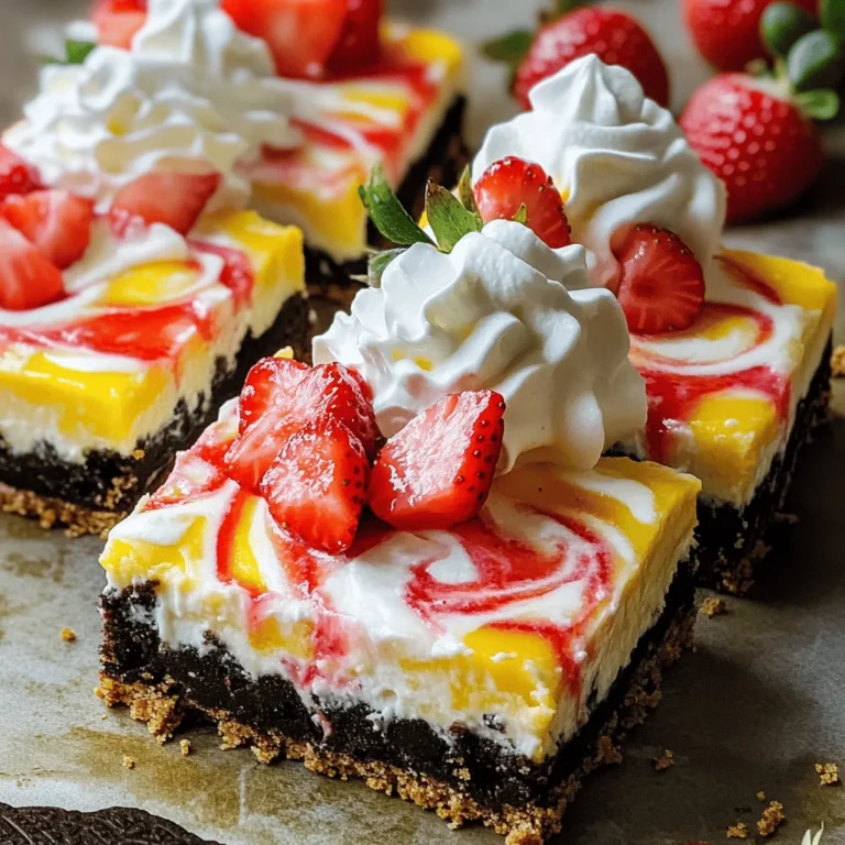 - 18 Golden Oreo cookies, finely crushed - 4 tablespoons unsalted butter, melted and slightly cooled - 16 oz cream cheese, softened to room temperature - 1 cup granulated sugar - 1 teaspoon pure vanilla extract - 2 large eggs, at room temperature - 1 cup fresh strawberries, hulled and chopped - 1 tablespoon fresh lemon juice - 1 tablespoon cornstarch - Whipped cream (for topping) - Extra strawberries, sliced, for garnish For the best taste, I recommend using Nabisco Golden Oreos. If you need a gluten-free option, use gluten-free cookies or almond flour for the crust. Cream cheese brands like Philadelphia work well. You can swap granulated sugar with coconut sugar for a different flavor. Each bar has about 250 calories. The macronutrient breakdown looks like this: - Fat: 15g - Carbohydrates: 28g - Protein: 4g This information is useful for anyone tracking their intake. Enjoy these bars as a treat, keeping in mind the balance of fun and nutrition. For the full recipe, check back to the earlier section! 1. Preheat your oven to 325°F (160°C). This helps cook your bars evenly. 2. Prepare an 8x8-inch baking pan. Line it with parchment paper. Leave some overhang to lift the bars out later. 1. In a medium bowl, mix 18 finely crushed Golden Oreo cookies with 4 tablespoons of melted butter. Stir until it looks like wet sand. 2. Press this mixture firmly into the bottom of the pan to form a crust. It should be even and compact. 3. Bake the crust for 10 minutes. This sets it nicely. Let it cool slightly while you make the filling. 1. In a large bowl, beat 16 ounces of softened cream cheese until smooth. This takes about 2-3 minutes. 2. Gradually add 1 cup of granulated sugar and 1 teaspoon of pure vanilla extract. Mix until creamy. 3. Add 2 large eggs one at a time. Mix on low speed after each egg. Don’t overmix; keep it smooth. 4. In a small bowl, combine 1 cup of chopped fresh strawberries, 1 tablespoon of lemon juice, and 1 tablespoon of cornstarch. Stir this mixture until the strawberries are coated. 5. Gently fold the strawberry mix into the cheesecake batter. Use a spatula to keep the strawberries intact. 6. Pour the filling over the cooled crust. Spread it out evenly with your spatula. 1. Bake the bars for 40-45 minutes. The edges should be set, but the center should still jiggle slightly. 2. After baking, remove the pan from the oven. Let it cool on a wire rack for about 1 hour. 3. Refrigerate the bars for at least 4 hours, or overnight if you can wait. This helps them set up nicely. 4. When ready, lift the bars out using the parchment overhang. Cut them into 9 equal squares. 5. Serve each bar with whipped cream on top and sliced strawberries for a treat that looks as good as it tastes. For the complete recipe, check the Full Recipe. To make your cheesecake smooth, avoid overmixing. After you add eggs, mix gently until just blended. This keeps the texture creamy. Use room temperature cream cheese. Cold cream cheese can create lumps. For a lovely presentation, slice the cheesecake into squares. Place them on a nice platter. Add a drizzle of strawberry sauce around the bars. Top each bar with whipped cream and fresh strawberries for a pop of color. One mistake is overbaking. If you bake too long, the cheesecake gets dry. Look for a slight jiggle in the center when done. Another tip is to check your crust. It should be firm but not hard. If it crumbles, it can ruin your bars. These tips will help you make the best Golden Oreo Strawberry Cheesecake Bars. For the full recipe, check the instructions above. {{image_4}} You can change the fruit in these bars. Try using blueberries or raspberries instead of strawberries. Each fruit brings its own flavor and color. For a fun twist, add a chocolate or caramel swirl. Simply melt chocolate or caramel and gently fold it into the cheesecake mix. This adds richness and a sweet surprise. If you want a vegan version, use dairy-free cream cheese and eggs. Replace eggs with flaxseed meal mixed with water. This keeps the texture smooth and tasty. You can also swap sugar with maple syrup or agave nectar for a sugar-free treat. Look for sugar-free cream cheese and ensure your cookies fit your diet. If you love these bars, try similar recipes. Look for other cheesecake bars like lemon or pumpkin. You can also find desserts using Golden Oreos. Think about Golden Oreo truffles or ice cream sandwiches. These recipes share that sweet, crunchy taste everyone loves. For the full recipe, check out the complete guide to making these delicious treats! Store leftover Golden Oreo strawberry cheesecake bars in the fridge. Place them in an airtight container to keep them fresh. They last about 5 days. Make sure to separate layers with parchment paper. This helps prevent sticking. If you cut them into squares, use a sharp knife for neat slices. You can freeze these cheesecake bars if you want to keep them longer. Wrap each piece in plastic wrap tightly. Then, place them in a freezer-safe bag. They will stay good for up to 3 months. When ready to eat, thaw them in the fridge overnight. This keeps them creamy and fresh. If you prefer to enjoy them warm, gently reheat in the microwave. Use a low setting and heat for just 10-15 seconds. Check often to avoid overheating. The goal is to warm them, not cook them again. Enjoy your cheesecake bars with a dollop of whipped cream for a sweet touch. Look for a few signs. The edges should be set, while the center may jiggle slightly. If you see this, it means they are ready. The bars will firm up as they cool. Trust your eyes; a golden hue on the edges shows they are cooked just right. Yes, you can prepare these bars ahead of time. Bake them and let them cool completely. Then, wrap them tightly and store them in the fridge. They taste even better after chilling overnight. This makes them a great option for parties or gatherings. For clean cuts, use a sharp knife. Dip the knife in hot water and wipe it dry before each cut. This method helps the knife glide through the bars easily. Cut into equal squares for a nice look. You can also use a ruler to measure if you like. No, these bars are not gluten-free. Golden Oreos contain wheat flour. If you need a gluten-free option, use gluten-free cookies. There are many brands that offer great alternatives. Be sure to check labels to ensure they meet your needs. Making Golden Oreo Strawberry Cheesecake Bars is fun and simple. We explored ingredients and steps needed, plus tips for perfect texture. Keeping your bars fresh is easy, whether storing or freezing. I shared ways to customize these desserts, ensuring they fit any diet or preference. With practice, you can create a treat that impresses everyone. Enjoy your sweet journey and share your delicious creations with friends!