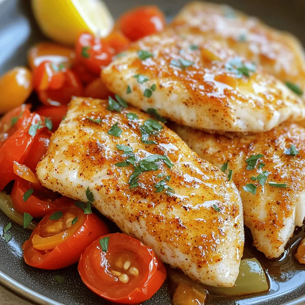 - 4 flounder fillets (approximately 6 ounces each) - 2 tablespoons Cajun seasoning - 2 tablespoons olive oil - 1 tablespoon unsalted butter - 2 cloves garlic, minced - 1 red bell pepper, thinly sliced - 1 cup cherry tomatoes, halved - 1/4 cup fresh parsley, finely chopped - Juice of 1 fresh lemon - Salt and pepper to taste Fresh ingredients make a big difference in your dish. The flounder should smell like the sea, and the veggies should feel crisp. Always choose bright, vibrant red bell peppers and ripe cherry tomatoes to give your meal that extra pop of flavor. Cajun seasoning is key for this recipe. It should be spicy but balanced. Look for one with a mix of paprika, garlic, and herbs. If you want it hotter, feel free to add more. If you prefer mild flavors, use less. Remember, the right seasoning can elevate your flounder to new heights. For the full recipe, check out the details above and get cooking! To start, dry the flounder fillets with a paper towel. This step helps the seasoning stick better. Next, season both sides of the fish with Cajun seasoning. Make sure to add a pinch of salt and pepper for more flavor. This simple prep makes a big difference in taste. Now, let’s heat the skillet! Use a large, non-stick skillet and add olive oil and unsalted butter. Turn the heat to medium-high. Wait until the butter melts and bubbles a bit before adding the fish. Place the fillets into the hot skillet. Cook each side for 3-4 minutes. You want a nice golden brown color. The fish should look opaque and flaky when done. Once cooked, move the flounder to a plate and cover it to keep warm. In the same skillet, lower the heat to medium. Add the minced garlic. Sauté it for about 30 seconds. Stir it often to stop it from burning. You want it fragrant, not browned. Next, add the thinly sliced red bell pepper. Cook for about 3 minutes until it softens but still has some crunch. Then, toss in the halved cherry tomatoes. Cook for another 2-3 minutes. The tomatoes will start to burst and add sweetness to the dish. Finally, gently add the cooked flounder back to the skillet. Spoon the sautéed veggies over the fish. Squeeze fresh lemon juice on top for a bright finish. Sprinkle chopped parsley for a pop of color. Your Skillet Cajun Spiced Flounder is now ready to enjoy! Check out the Full Recipe for all the details. To make your flounder just right, you can adjust the spiciness to fit your taste. If you like it milder, use less Cajun seasoning. If you crave heat, add a pinch of cayenne pepper. Cooking techniques also matter. For flaky fish, avoid overcooking. Cook the flounder for about 3-4 minutes on each side. When the fish is opaque and flakes easily with a fork, it’s done. Plating your dish well makes it look tasty. Serve the flounder on warm plates. Make sure each piece has a good amount of sautéed veggies on top. For garnish, sprinkle fresh parsley over the dish. Add lemon wedges on the side for a pop of color and flavor. This simple touch adds a fresh look. Pair flounder with tasty sides for a full meal. Good choices include rice, quinoa, or a crisp green salad. These sides balance the spices and add texture. For drinks, try a chilled white wine like Sauvignon Blanc. A nice sparkling water with a slice of lemon also works great. These drinks will enhance the flavors of your Cajun spiced flounder. For the full recipe, check out the Skillet Cajun Spiced Flounder. {{image_4}} You can change the flavor by swapping Cajun seasoning for Creole or blackening spice. Each option offers a unique twist. Creole spice adds a slight sweetness. Blackening spice brings a smoky heat. Both work well with flounder. Experiment based on your taste. You might find a new favorite! While skillet cooking is great, consider baking for a hands-off approach. Preheat your oven to 400°F. Place the seasoned flounder on a baking sheet. Bake for about 15 minutes. The fish will cook through and stay moist. You can also try an air fryer. It cooks quickly and gives a nice crisp. Set the air fryer to 375°F for about 10 minutes. You can use other fish like tilapia or sole instead of flounder. Salmon also works if you want a richer taste. Adding seasonal veggies makes the dish colorful. Try zucchini in summer or butternut squash in fall. These swaps keep the meal fresh and exciting. Don't hesitate to mix and match! For the full recipe, check the details above. To store leftovers, place the flounder in an airtight container. Add the sautéed veggies on top or in a separate container. This keeps the flavors fresh and the fish safe. You can keep it in the fridge for up to three days. Always check for any off smells before eating. If you want to save flounder for later, freeze it. Wrap each fillet tightly in plastic wrap. Place the wrapped fish in a freezer bag. For the veggies, freeze them separately in a container. This helps maintain their texture. When you are ready to use them, thaw the flounder in the fridge overnight. To reheat, you can place it in a skillet over low heat. This helps keep the flounder moist. To keep the flounder juicy, avoid the microwave. Instead, use a skillet. Heat a little olive oil over low heat. Place the flounder in the pan and cover it. Cook until warm, about 5 minutes. This helps maintain the fish’s texture. Enjoy your meal! For more details, check the Full Recipe. You can tell flounder is cooked by its color and texture. The flesh should turn opaque and firm. When you flake it with a fork, it should break apart easily. If it looks shiny and translucent, it needs more time. Cook until the fillets are golden brown and fully opaque. Yes, you can use frozen flounder. Just make sure to thaw it properly. Place the fillets in the fridge overnight or run them under cold water for quicker thawing. Adjust your cooking time slightly. Frozen fillets may need an extra minute or two to cook through. Cajun spiced flounder pairs well with many sides. Here are some great options: - Steamed rice or quinoa for a hearty base - Roasted vegetables for a colorful plate - A fresh salad with mixed greens and a light vinaigrette - Crispy potatoes or fries for a satisfying crunch For a full experience, check out the Full Recipe for more tips! In this blog post, we covered how to make Cajun spiced flounder. We explored the list of fresh ingredients, step-by-step cooking instructions, and tips for perfecting the dish. I shared alternatives for seasoning and cooking methods, along with storage tips for leftovers. Remember, using fresh ingredients makes a big difference. Whether you serve it with rice or a fresh salad, this flounder recipe is sure to impress. Enjoy trying this delicious dish in your kitchen!