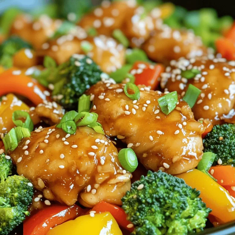 - 1 lb (450g) boneless, skinless chicken thighs - 2 tablespoons honey - 3 tablespoons soy sauce - 1 tablespoon rice vinegar - 4 cloves garlic, minced - 1 tablespoon fresh ginger, grated - 2 cups mixed vegetables (bell peppers, broccoli, and carrots) - 2 tablespoons sesame oil - 1 tablespoon cornstarch (dissolved in 2 tablespoons water) - Salt and pepper to taste - 2 green onions, chopped - Sesame seeds When making honey garlic chicken stir fry, you need fresh and high-quality ingredients. The chicken thighs give you juicy meat, while honey adds sweetness. Soy sauce brings depth, and rice vinegar adds a nice tang. For flavor, minced garlic and grated ginger are key. They fill your dish with warmth. The mixed vegetables add color and crunch. I like bell peppers, broccoli, and carrots for a balanced bite. Sesame oil gives a rich, nutty finish. The cornstarch helps thicken the sauce, making it cling to your chicken and veggies. Finally, salt and pepper bring everything together. The green onions and sesame seeds add a pop of freshness and texture. For the full recipe, check out the details above. Enjoy crafting this tasty dish! To start, grab a mixing bowl. In it, mix 2 tablespoons of honey, 3 tablespoons of soy sauce, and 1 tablespoon of rice vinegar. Then, add 4 minced garlic cloves and 1 tablespoon of grated ginger. Whisk all these ingredients together. This creates a sweet and tangy sauce that adds flavor to your dish. Next, heat 2 tablespoons of sesame oil in a large skillet or wok over medium-high heat. Once the oil is hot, add 1 pound of boneless, skinless chicken thighs cut into bite-sized pieces. Season with salt and pepper. Sauté the chicken for about 5 to 7 minutes. Stir occasionally until the chicken turns golden brown and is fully cooked. After the chicken is cooked, it’s time for the veggies. Add 2 cups of mixed vegetables, like bell peppers, broccoli, and carrots, to the skillet. Stir-fry these for another 3 to 4 minutes. You want the vegetables to stay tender-crisp, adding color and nutrition to your meal. Now, pour the prepared sauce over the chicken and vegetables. Toss everything together gently. Make sure all the ingredients get a nice coat of sauce. This will help blend the flavors and make the dish shine. To thicken the sauce, mix 1 tablespoon of cornstarch with 2 tablespoons of water. Gradually add this mixture to the stir-fry. Stir continuously for 1 to 2 minutes. This will help the sauce become glossy and thick. You can adjust the thickness to your liking. Finally, remove the skillet from the heat. Transfer the stir-fry to a serving dish. For a nice touch, garnish with 2 chopped green onions and a sprinkle of sesame seeds. This adds a pop of color and extra flavor. Enjoy your Honey Garlic Chicken Stir Fry as a quick and tasty meal. For the complete recipe, check the Full Recipe section. Using a large skillet or wok is key for this stir fry. A wok’s shape helps heat spread evenly. If you use a skillet, choose one with a heavy bottom. This helps prevent burning. Stir-frying requires high heat, so turn your burner to medium-high. This high heat gives the chicken a nice sear and keeps veggies crisp. To make your dish even better, try adding spices like red pepper flakes or black pepper. You can also toss in some chopped fresh herbs like cilantro or basil for freshness. If you want a sweeter taste, add a little more honey. For saltiness, splash in more soy sauce. Taste as you go to find the right balance. If you want a different protein, swap chicken for shrimp or beef. Tofu is a great option for a vegan dish. Just make sure to press it to remove excess water. For vegetables, use your favorites like snap peas or zucchini. You can really mix it up based on what you have on hand. This makes the recipe flexible and fun! For the full recipe, check out the [Full Recipe]. {{image_4}} You can switch chicken for shrimp or tofu. Shrimp cooks fast, just like chicken. It adds a nice texture. Tofu is great for a vegan option. Press the tofu to remove water, then cut it into cubes. Sauté it until golden brown before adding the sauce. Both options give you a tasty twist on this dish. Feel free to mix in other vegetables. Snow peas, bok choy, or zucchini work well. Broccoli and bell peppers bring crunch and color. You can use whatever you have on hand. This makes the dish more nutritious and colorful. Try adding spinach or kale for extra vitamins. You can spice things up with a hot sauce or chili flakes. For a different taste, try a teriyaki-style sauce. Just mix soy sauce, honey, and a splash of mirin. This gives a sweet and savory flavor. Experimenting with sauces can change the whole dish. Check the Full Recipe for more ideas and tips! To keep your Honey Garlic Chicken Stir Fry fresh, store leftovers in an airtight container. Make sure to cool it to room temperature before sealing. Place it in the fridge within two hours of cooking. This way, your stir fry can stay fresh and tasty for up to three days. It’s best to reheat it in a skillet for even warmth. If you want to save the stir fry for later, freezing is a great option. Let it cool completely, then transfer it to a freezer-safe bag or container. Remove as much air as possible to prevent freezer burn. You can freeze the stir fry for up to three months. To reheat, simply thaw it in the fridge overnight. Warm it in a skillet over medium heat until it’s hot throughout. When stored properly, your Honey Garlic Chicken Stir Fry can last in the fridge for about three days. If you freeze it, the quality stays good for three months. After that, it’s still safe to eat, but the taste may not be as great. Always check for any signs of spoilage before eating. Enjoy your flavorful meal again with confidence! For the complete cooking method, refer to the Full Recipe. To add heat to your dish, try these ideas: - Add red pepper flakes for instant spice. - Mix in some fresh sliced jalapeños. - Use a spicy soy sauce for extra kick. - Drizzle sriracha or chili paste into the sauce. These tips will give your stir fry a flavorful boost without losing its essence. Yes, you can use frozen vegetables! Here are some tips: - Thaw them before adding to the stir fry. - Cook them a bit longer to ensure they heat through. - Fresh veggies are crispier, but frozen saves time. Using frozen veggies is a great shortcut for busy days. Here are some tasty side dish ideas: - Serve over steamed rice for a classic pairing. - Try quinoa for a healthy option. - Pair with a fresh green salad for some crunch. - Noodles are also a fun way to enjoy the meal. These sides will complement the flavors of your stir fry beautifully. This blog post detailed a tasty Honey Garlic Chicken Stir Fry. We covered key ingredients, from chicken thighs to mixed veggies. You learned simple steps for cooking and tips for perfecting flavors. We also explored variations, ingredient swaps, and storage tips to keep meals fresh. In closing, this dish is quick, adaptable, and satisfying. Give it a try and enjoy a meal that pleases everyone at the table.