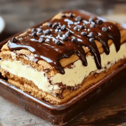 - 2 packages (3.4 oz each) instant vanilla pudding mix - 3 cups cold milk - 1 container (8 oz) whipped topping (such as Cool Whip) - 1 package (14.1 oz) graham crackers - 1 cup semi-sweet chocolate chips - 2 tablespoons unsalted butter - 1/4 cup milk (for chocolate glaze) - 1/2 teaspoon vanilla extract - A pinch of salt For this no-bake chocolate éclair cake, you will need: - Instant vanilla pudding mix: 2 packages (3.4 oz each) - Cold milk: 3 cups - Whipped topping: 1 container (8 oz) - Graham crackers: 1 package (14.1 oz) - Semi-sweet chocolate chips: 1 cup - Unsalted butter: 2 tablespoons - Milk for glaze: 1/4 cup - Vanilla extract: 1/2 teaspoon - Salt: A pinch You can make this dessert even more suited to your taste or dietary needs. For whipped topping, you can use homemade whipped cream or a dairy-free alternative. If you need gluten-free options, simply choose gluten-free graham crackers. This way, everyone can enjoy the cake! To start, grab a large mixing bowl. Combine 2 packages of instant vanilla pudding mix with 3 cups of cold milk. Whisk it for about 2 minutes. You want a smooth and slightly thickened mix. Next, carefully fold in 1 container of whipped topping. Use a spatula to blend gently. This makes the pudding light and fluffy. No lumps should remain. Now, take a 9x13 inch baking dish. Lay down a single layer of graham crackers. Cover the base completely. Then, evenly spread half of your pudding mixture on top. Smooth it out with the back of a spoon. Place another layer of graham crackers on the pudding. Spread the rest of the pudding mixture over these crackers. Make sure they are fully covered. Finally, add one more layer of graham crackers on top. For the glaze, melt 1 cup of semi-sweet chocolate chips with 2 tablespoons of unsalted butter in a small saucepan. Use low heat and stir constantly. This helps you achieve a smooth texture. Once melted, take it off the heat. Stir in 1/4 cup of milk, 1/2 teaspoon of vanilla extract, and a pinch of salt. Mix until it looks glossy and lump-free. Drizzle the chocolate glaze over the top layer of graham crackers. Use a spatula to spread it evenly. Chill the dish in the fridge for at least 4 hours, or overnight if you can. This helps all the flavors meld together. Enjoy your delightful no-bake chocolate éclair cake! For the full recipe, check the link. To get the best texture for your no-bake chocolate eclair cake, chilling time is key. The longer you chill, the better the layers meld together. Aim for at least four hours, but overnight is best. This allows the graham crackers to soften and soak up the flavors. When folding the whipped topping into the pudding mix, do it gently. Use a spatula and lift the mixture instead of stirring in circles. This keeps the mixture light and fluffy. You want a smooth blend without lumps. For an elegant look, presentation matters. Dust the top with cocoa powder or add chocolate shavings before serving. Fresh berries on the plate can add a nice pop of color. Arrange them around the cake slices for a beautiful display. You can also serve each slice with a drizzle of extra chocolate glaze. This makes each bite even richer. Consider using a sprig of mint for a fresh touch on top. One mistake to avoid is overmixing the pudding. If you whisk too much after adding the whipped topping, it can lose its airy texture. Mix just until smooth and fluffy. Another error is skipping the chilling step. If you serve the cake too soon, the layers won't set right. It may end up runny or messy. Patience is key for a perfect dessert. For the full recipe, check out the detailed instructions. {{image_4}} You can make this cake even more fun! Try adding fruit layers. Slices of bananas or fresh strawberries add a bright taste. They also give a lovely color. You can mix the fruit right into the pudding. Or, layer them between the graham crackers. You can also switch up the chocolate. Use dark chocolate for a richer flavor. White chocolate can add a sweet twist. You can even try flavored chocolate like caramel or mint. These changes keep this dessert exciting and fresh. If you're vegan, you can still enjoy this cake. Use plant-based pudding mix and whipped topping. Almond or soy milk works great too. This way, you can keep the creamy texture without dairy. For those watching sugar, there are options. Use sugar-free pudding mix and whipped topping. You can also replace graham crackers with low-sugar cookies. These swaps help cut down on sugar while keeping the taste delicious. This recipe is flexible! You can easily scale it up or down. If you need more servings, double the recipe. You can use a larger baking dish to fit more layers. If you want a smaller dessert, halve the ingredients. A smaller dish will work just fine. This way, you can enjoy this treat anytime, no matter the crowd size. For the full recipe, check out the No-Bake Chocolate Éclair Cake section above. To keep your No-Bake Chocolate Éclair Cake fresh, use these tips: - Refrigeration: Store your cake in the fridge. Cover it tightly with plastic wrap. This keeps it moist and prevents odors from other foods. It tastes best if eaten within 3-4 days. - Freezing Options: You can freeze this cake for longer storage. Cut it into squares first. Wrap each piece in plastic wrap, then place them in a freezer-safe bag. It stays good for up to 2 months. When stored properly, your No-Bake Chocolate Éclair Cake lasts about 3-4 days in the fridge. If you freeze it, it stays fresh for 2 months. After thawing, enjoy the cake within 1-2 days for the best taste. You don’t need to reheat this cake. Serve it cold right from the fridge. If you freeze it, let it thaw in the fridge overnight. This keeps the texture nice and creamy. Enjoy each slice chilled for a refreshing dessert experience. No-bake chocolate eclair cake is a delicious dessert that requires no baking. It features layers of graham crackers, creamy vanilla pudding, and rich chocolate glaze. The texture is smooth and creamy, with a slight crunch from the crackers. This dessert looks fancy but is simple to make. It’s perfect for gatherings, and everyone loves it! Yes, you can use homemade pudding. However, instant pudding sets faster. If you choose homemade, let it cool before using. You’ll need to let it thicken on the stove first. This may take a bit more time. But the flavor can be richer and creamier if made fresh! To keep graham crackers crisp, layer them carefully. Make sure each layer of pudding is even. Avoid letting the pudding sit too long on the crackers. Chilling the cake in the fridge helps, too. You can even add a layer of chocolate glaze between layers for extra protection! Yes, you can prepare this dessert a day ahead. It actually tastes better when chilled overnight. Just keep it covered in the fridge until you’re ready to serve. This way, the flavors meld beautifully, and the texture remains perfect. Enjoy it fresh and cold! We covered how to make a delicious no-bake chocolate eclair cake. You learned about the key ingredients, measurement details, and easy steps to assemble the cake. I shared tips to avoid common mistakes for the best results and offered storage tips for leftovers. You can even try different flavors or dietary options to make this dessert your own. Enjoy making this treat, and impress your friends and family with your skills!