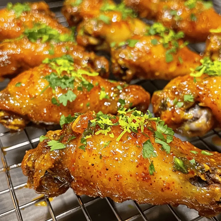 Here’s what you need for crispy baked chicken wings: - 2 lbs chicken wings - 2 tablespoons baking powder - 1 teaspoon garlic powder - 1 teaspoon onion powder - 1 teaspoon smoked paprika - 1 teaspoon salt - 1/2 teaspoon black pepper - 1/4 teaspoon cayenne pepper (optional) - 1/3 cup sweet chili sauce - Zest of 1 lime - 1 tablespoon fresh lime juice - Chopped fresh cilantro for garnish These ingredients create a mix of flavors. The baking powder helps the wings get crispy. Garlic and onion powder add depth. Smoked paprika gives a nice smoky taste, while lime adds freshness. You can adjust cayenne for more heat. For the sauce, sweet chili, lime zest, and juice blend perfectly. This makes a tangy and sweet coating for the wings. Make sure to gather these items before you start cooking. For the full recipe with instructions, check out the Full Recipe. - Preheat the oven to 425°F (220°C). - Line a baking sheet with aluminum foil and place a wire rack on top. This setup helps the wings cook evenly. The hot air will circulate, making them crispy. - Pat chicken wings dry with paper towels. - Combine dry ingredients and coat chicken wings. Dry wings help them crisp up better. For the coating, mix baking powder, garlic powder, onion powder, smoked paprika, salt, black pepper, and cayenne in a bowl. Toss the wings in this mix until they are fully coated. - Bake chicken wings for 30 to 35 minutes, flipping halfway. - Prepare sauce and toss wings before serving. Place the wings on the rack and bake. Flip them halfway for even cooking. Meanwhile, mix sweet chili sauce with lime zest and juice. When the wings are golden brown, toss them in the sauce. Enjoy these crispy baked chicken wings as a perfect snack or meal. You can find the complete recipe for the crispy baked chicken wings [here](Full Recipe). To get your wings crispy, start by patting them dry. This step is key. Moisture on the skin will make them soggy instead of crispy. Use paper towels to absorb all that extra water. Next, baking powder is your friend. It helps create a crunchy texture. When mixed with the spices, it makes a great coating. This simple ingredient works wonders for crispiness. Using a wire rack is also important. Place the wings on the rack instead of directly on the baking sheet. This allows hot air to circulate all around the wings. Good air flow helps them cook evenly and stay crisp. For spices, feel free to get creative. You can use garlic powder, onion powder, and smoked paprika. These add great flavor. Add cayenne pepper if you want some heat. Dips and sauces can take your wings to the next level. Sweet chili sauce is a favorite. You can also try ranch or blue cheese dressing. They add a tasty touch to each bite. For the full recipe, check out the Crispy Baked Chicken Wings with Sweet Chili & Lime Zest. Enjoy your cooking! {{image_4}} You can change the taste of your crispy baked chicken wings with some fun flavors. Here are two popular styles: - Buffalo style chicken wings: Toss your wings in buffalo sauce after baking. This sauce is spicy and tangy. It has vinegar and hot sauce. If you like heat, this style is for you. - Honey BBQ chicken wings: Mix honey and barbecue sauce for a sweet twist. Brush this sauce on your wings after baking. It gives a nice glaze and adds a rich, sweet flavor. If you want a lighter option, try these two ideas: - Air fryer version of crispy baked wings: Use an air fryer instead of the oven. This method uses less oil and cooks faster. You still get that crispy skin, but with fewer calories. - Low-sodium options: Cut back on salt and use herbs for flavor. Try garlic, onion powder, or smoked paprika. This way, you keep the taste but lower the sodium. You can find the full recipe to start your crispy baked chicken wing journey. To keep your crispy baked chicken wings fresh, first let them cool down. Place them on a wire rack to cool. This prevents steam from making them soggy. After they cool, store the wings in an airtight container. Glass or plastic containers work well. If you’re saving them for later, use wax paper or parchment paper between layers. This keeps them from sticking together. When you’re ready to enjoy leftovers, reheating is key. The oven works best for crispiness. Preheat your oven to 375°F (190°C). Place the wings on a baking sheet and heat for about 10 to 15 minutes. This will help them regain their crunch. If you’re in a hurry, you can use a microwave. However, this method may make them soft. If you want crispy wings, stick with the oven. For more tips, check out the full recipe for crispy baked chicken wings. To make chicken wings extra crispy, start by patting them dry. This removes moisture, which helps the skin crisp up. Next, use baking powder in your seasoning mix. It raises the pH of the skin, allowing it to brown better. Bake the wings on a wire rack. This lets the hot air circulate, ensuring crispiness all around. Flip the wings halfway through cooking for even browning. For an extra crunch, broil them for a few minutes at the end. Yes, you can use frozen chicken wings. However, you must thaw them first. Place the wings in the fridge overnight to defrost. If you're short on time, you can also run them under cold water for faster thawing. Make sure to pat them dry before applying your seasoning mix. This helps achieve that crispy texture you desire. Crispy baked chicken wings pair well with a variety of dips. Classic ranch dressing is a favorite. Blue cheese dip also works well for a rich flavor. If you love spice, try buffalo sauce or sriracha. Sweet chili sauce complements the wings nicely, especially with the lime zest. You can even make a yogurt-based dip with herbs for a refreshing twist. Crispy baked chicken wings last about 3 to 4 days in the fridge. Make sure to store them in an airtight container. This keeps them fresh and prevents them from drying out. If you want them to stay crispy longer, reheat them in the oven instead of the microwave. The best way to serve chicken wings is hot and fresh out of the oven. Arrange them on a large platter for sharing. Garnish with chopped fresh cilantro for a pop of color. Serve with lime wedges on the side for a zesty touch. You can also set out a few dipping choices to enhance the flavor. For a complete meal, offer sides like celery sticks or carrot sticks. For the full recipe, check the earlier section. In this post, we explored making crispy baked chicken wings with tasty flavors. We covered ingredients, step-by-step instructions, and tips for perfect wings. You learned how to enhance flavors and keep your wings crispy. Remember, the right cooking method matters for great results. Try different spices and sauces for fun twists. Follow these steps, and you’ll impress everyone who tries your wings. Enjoy this easy recipe, and happy cooking!