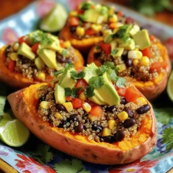 Savory stuffed sweet potatoes are a delight to make and eat. Here’s what you need to get started: - Sweet Potatoes - 4 medium-sized sweet potatoes - Stuffing Components - 1 cup cooked quinoa - 1 can (15 oz) black beans, rinsed and drained - 1 cup corn kernels (fresh or frozen) - 1 red bell pepper, diced into small cubes - Seasonings and Garnishes - 1 teaspoon ground cumin - 1 teaspoon smoked paprika - ½ teaspoon garlic powder - ½ teaspoon onion powder - Salt and freshly ground black pepper to taste - 1 ripe avocado, diced (for topping) - Fresh cilantro, finely chopped (for garnish) - Lime wedges (for serving) These ingredients come together to create a meal that is both tasty and good for you. The blend of sweet potatoes, quinoa, and beans packs a punch of nutrients. Each bite bursts with flavor while keeping things simple. You can find the full recipe above for detailed steps and tips. Enjoy this healthy dish at any meal! - Washing and Poking Holes Rinse the sweet potatoes under cold water. Scrub off any dirt with your hands. Pat them dry with a paper towel. Use a fork to poke several holes in each potato. This helps steam escape while they roast. - Roasting in the Oven Preheat your oven to 400°F (200°C). Place the sweet potatoes on a baking sheet lined with parchment paper. Make sure they do not touch each other. Roast for 45 to 50 minutes. They should be tender when pierced with a fork. - Mixing the Quinoa Mixture In a large bowl, mix 1 cup of cooked quinoa with one can of black beans. Add 1 cup of corn kernels and 1 diced red bell pepper. Stir in 1 teaspoon ground cumin, 1 teaspoon smoked paprika, ½ teaspoon garlic powder, and ½ teaspoon onion powder. - Seasoning the Filling Add salt and freshly ground black pepper to taste. Mix all the ingredients well. This filling is full of flavor and nutrients. - Slicing and Opening the Potatoes When the sweet potatoes are done, take them out of the oven. Let them cool for a few minutes. Slice each potato lengthwise down the center. Be careful not to cut all the way through. Gently squeeze the ends to open the cavity. - Filling Technique Use a spoon to fill each potato with the quinoa mixture. Pack it generously into the opening. This makes for a hearty meal. Enjoy the colors and textures of your stuffed sweet potatoes. For the full recipe, check [here](#). - Choosing the Right Sweet Potatoes Select medium-sized sweet potatoes. Look for ones that are smooth and firm. Avoid any with soft spots or blemishes. They should feel heavy for their size. This means they are fresh and full of flavor. - Ensuring Even Cooking Poke several holes in each sweet potato with a fork. This allows steam to escape during cooking. Arrange them on a baking sheet so they are not touching. This helps them cook evenly and stay tender. - Recommended Seasonings Use ground cumin and smoked paprika for a warm flavor. Garlic powder and onion powder add depth. Salt and black pepper elevate all the flavors. Adjust these seasonings to your taste for the perfect dish. - Additional Toppings Suggestions Top your stuffed sweet potatoes with diced avocado. Fresh cilantro adds a nice touch, too. You can also sprinkle feta cheese for a salty bite. Lime wedges on the side brighten every bite. - Plating Techniques Use a colorful serving platter to showcase your sweet potatoes. Place each one in a way that shows off the filling. This makes your dish look inviting and fun. - Garnishing Ideas Garnish with extra cilantro sprigs for a fresh look. Scatter lime wedges around the platter for color. This adds a playful touch and invites guests to add some zest. For the full recipe, check out Savory Stuffed Sweet Potatoes. {{image_4}} Savory stuffed sweet potatoes are a great base for many flavors. You can change them up easily. Here are some fun variations. Alternative Vegetables You can swap out some veggies in your stuffing. Try using spinach, kale, or zucchini. These add color and taste. They also boost nutrition. Each option pairs well with sweet potatoes. Cheese Additions Add cheese for a creamy touch. Feta, goat cheese, or cheddar work well. Mix cheese into the filling or top the potatoes after baking. This adds rich flavor and protein. Adding Ground Meat For meat lovers, ground meat is a great choice. Use beef, turkey, or chicken. Brown the meat before adding it to the filling. This adds heartiness and makes the dish filling. Including Tofu or Tempeh For a plant-based option, try tofu or tempeh. Cube and sauté them with spices. Both options take on flavors well and add protein. They help make the meal more balanced. Spicy Options Want some heat? Add jalapeños or hot sauce to the filling. You can also use spicy seasoning blends. This gives your sweet potatoes a kick and makes them exciting. Mediterranean Twist For a fresh twist, think Mediterranean. Use olives, sun-dried tomatoes, or fresh herbs like parsley and oregano. This gives a bright, zesty flavor. It’s a tasty way to change up your dish. Explore these variations to find your favorite style! Each option makes your savory stuffed sweet potatoes unique and delightful. For the complete cooking guide, check out the Full Recipe. After enjoying your savory stuffed sweet potatoes, store leftovers properly. Place them in an airtight container. These can last in the fridge for up to four days. Make sure they cool down before sealing. This helps keep the flavor fresh. For long-term storage, freezing is a great option. Wrap each stuffed sweet potato tightly in plastic wrap. Then, place them in a freezer-safe bag. They can stay in the freezer for up to three months. When you’re ready to eat, just thaw in the fridge overnight. The best methods for reheating stuffed sweet potatoes are the oven or microwave. Using the oven keeps them crispy. Preheat your oven to 350°F (175°C). Place the stuffed sweet potatoes on a baking sheet. Heat them for about 15-20 minutes, or until warm. If you’re short on time, the microwave works too. Place one potato on a microwave-safe plate. Heat on high for about 2-3 minutes. Check to see if it’s hot. If not, heat in 30-second intervals until ready. Following these tips will keep your savory stuffed sweet potatoes delicious and nutritious! To reheat stuffed sweet potatoes, I recommend using the oven. Heat your oven to 350°F (175°C). Place the stuffed sweet potatoes on a baking sheet. Cover them with foil to keep moisture in. Heat for about 20 minutes or until warm. This method keeps the sweet potatoes soft and tasty. You can also use a microwave. Simply place one stuffed sweet potato on a plate and heat for 1-2 minutes. Check that it is hot all the way through. Yes, you can make stuffed sweet potatoes ahead of time. You can prepare the filling and roast the sweet potatoes a day in advance. Store the sweet potatoes in the fridge after they cool. Keep the filling in a separate container. When you are ready to eat, reheat both. Stuff the sweet potatoes just before serving. This method saves time and keeps flavors fresh. You can use many different ingredients to stuff sweet potatoes. Here are some ideas: - Cooked rice or farro - Sautéed spinach or kale - Diced tomatoes or zucchini - Feta cheese or goat cheese - Cooked ground turkey or beef These options add new flavors and textures to your dish. Don't be afraid to get creative with your stuffing! Cooking sweet potatoes takes about 45 to 50 minutes in the oven at 400°F (200°C). The time may vary based on the size of the potatoes. To check if they are done, pierce them with a fork. If it goes in easily, they are ready. You can also boil or microwave sweet potatoes if you need a quicker option. Cooking them in the microwave takes about 8-10 minutes, depending on their size. Stuffed sweet potatoes are delicious and versatile. We covered ingredients like sweet potatoes, stuffing components, and seasonings. I walked you through prepping, filling, and cooking them. You learned tips for cooking, enhancing flavor, and presenting these dishes. Plus, we explored variations and how to store leftovers. In closing, stuffed sweet potatoes make a tasty meal. They are fun to customize. Enjoy making these for yourself or to share!