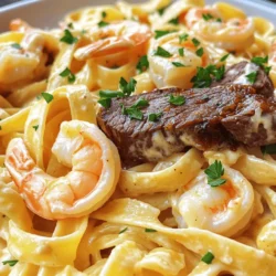 To make Cajun Shrimp and Steak Alfredo, you need: - 8 oz fettuccine pasta - 1 lb shrimp, peeled and deveined - 1 lb flank steak, sliced into thin strips - 2 tablespoons Cajun seasoning - 3 tablespoons olive oil, divided - 4 cloves garlic, minced - 1 cup heavy cream - 1 cup grated Parmesan cheese - Salt and pepper, to taste - Fresh parsley, chopped (for garnish) You can change some ingredients to suit your taste or needs. For pasta, try penne or gluten-free pasta. If you want a different protein, chicken or tofu work well. For a dairy-free option, use coconut cream and nutritional yeast instead of heavy cream and Parmesan. When buying shrimp, look for ones that smell fresh and are firm to the touch. Clear, shiny shells mean they are fresh. For flank steak, choose a cut that is bright red with some marbling. This marbling gives the meat flavor. Use a good Parmesan cheese for the best taste. Aged Parmesan has a stronger flavor, which enhances the dish. Before you start cooking Cajun Shrimp and Steak Alfredo, it’s key to prep all your ingredients. This makes cooking smooth and fun. Gather everything you need. It saves time and helps you avoid mistakes. Chop your garlic, measure your cream, and season your proteins. Having everything ready keeps your kitchen tidy and organized. 1. Prepare the Pasta: Boil salted water in a large pot. Add the fettuccine and cook until al dente. Reserve 1 cup of pasta water before draining. Set the pasta aside in a large bowl. 2. Season the Shrimp and Steak: In one bowl, mix the shrimp with 1 tablespoon of Cajun seasoning. In another bowl, coat the flank steak with the rest of the Cajun seasoning. Make sure they are well covered. 3. Cook the Steak: Heat 1 tablespoon of olive oil in a large skillet over medium-high heat. Add the steak in a single layer and cook for 3-4 minutes on each side until browned. Remove the steak and place it on a plate. 4. Sauté the Shrimp: In the same skillet, add another tablespoon of olive oil and the minced garlic. Sauté for about 30 seconds until fragrant. Then, add the shrimp and cook for 2-3 minutes until pink and opaque. Remove the shrimp and set aside with the steak. 5. Prepare the Alfredo Sauce: Lower the heat and pour in the heavy cream. Stir gently to warm the cream. Gradually add the Parmesan cheese while stirring until melted. If it’s too thick, use some reserved pasta water to thin it out. 6. Combine Everything: Add the drained fettuccine to the skillet with the Alfredo sauce. Toss well to coat the pasta evenly. Gently fold in the shrimp and steak, mixing them into the pasta. 7. Season and Serve: Taste the dish and adjust with salt and pepper if needed. Serve in bowls, garnished with chopped parsley for a fresh look. When you plate your Cajun Shrimp and Steak Alfredo, make sure every piece of pasta is nicely coated with sauce. This gives every bite a burst of flavor. Arrange the shrimp and steak on top for a beautiful presentation. Enjoy the rich, creamy sauce and the spicy kick from the Cajun seasoning. This dish is not just food; it’s an experience! For the complete cooking process, refer to the Full Recipe. To make your Cajun shrimp and steak Alfredo just right, adjust the spice levels. You can add more Cajun seasoning if you like heat. If you want it milder, reduce the amount. Start with one tablespoon and taste as you go. This way, the dish suits your taste. You can also add garlic powder or onion powder for extra depth. Want a smoky touch? Try adding smoked paprika. This adds another layer of flavor without overpowering the dish. A creamy Alfredo sauce is key to this dish. To avoid separation, heat the cream gently. Don’t boil it. Stir in the cheese slowly. This helps it melt evenly and keeps the sauce smooth. If the sauce gets too thick, use some reserved pasta water. This not only thins the sauce but also helps it cling to the pasta better. Aim for a coating that feels rich without being heavy. For a stunning look, serve your dish in shallow bowls. This allows the colors to shine. Sprinkle extra Parmesan cheese on top for a nice touch. Add a few whole shrimp or steak strips for a gourmet feel. Finish with a light drizzle of olive oil. This not only adds shine but enhances flavor too. You can also garnish with fresh parsley for a pop of color. These small touches make your meal feel special and inviting. For the full recipe, check the detailed instructions provided earlier. {{image_4}} You can change this dish in fun ways. Try adding vegetables like bell peppers or spinach. These add color and nutrients. You can also use different proteins. Chicken or scallops work well with the Cajun spices too. For pasta, fettuccine is great, but you can swap it for penne or gluten-free options. This keeps the dish fresh and exciting. If you need gluten-free options, use gluten-free pasta. There are many types available. For a dairy-free version, swap heavy cream with coconut milk or a nut-based cream. You can also use nutritional yeast instead of Parmesan cheese for a cheesy flavor without dairy. These changes let everyone enjoy this dish. Make this dish your own by adding local flavors. For example, you can use local spices or herbs that match your area. If you're in the Southwest, add some chipotle for a smoky kick. In the Northeast, a splash of white wine can brighten the sauce. These regional twists add a unique touch to Cajun Shrimp and Steak Alfredo. To store Cajun Shrimp and Steak Alfredo, first let it cool to room temperature. Place the dish in an airtight container. This helps keep the flavors fresh. You can refrigerate it for up to three days. If you want to keep it longer, freeze it. Use freezer-safe bags or containers. Make sure to remove as much air as possible. This prevents freezer burn. When reheating, you want to keep the dish creamy. Use a skillet over low heat for best results. Add a splash of milk or cream to help bring back the sauce's texture. Stir often to avoid sticking. You can also use the microwave. Heat in short bursts, stirring in between. This helps distribute the heat evenly. Leftovers can be stored in the fridge for about three days. If frozen, you can keep them for up to three months. After this time, the dish can lose flavor and texture. Always check for signs of spoilage before consuming. If it smells off or looks strange, it’s best to toss it. Yes, you can use frozen shrimp. They are convenient and save time. Just thaw them first. Place the shrimp in a bowl of cold water for about 15 minutes. This helps them cook evenly. Cooking frozen shrimp takes a bit longer. Keep an eye on them to ensure they turn pink and opaque. If you don't have Cajun seasoning, you can mix your own. Combine paprika, garlic powder, onion powder, thyme, and cayenne pepper. Adjust the spice levels to fit your taste. You can also use taco seasoning for a similar flavor profile. To add heat, consider using more cayenne pepper in your seasoning mix. You can also include sliced jalapeños or crushed red pepper flakes when cooking. Taste as you go to find the right balance. Remember, you can always add more spice, but it's hard to take it away. Yes, Cajun Shrimp and Steak Alfredo works well for meal prep. Cook the pasta and proteins in advance, then store them separately. Keep the Alfredo sauce in a jar. This way, you can assemble the dish fresh each time. Store everything in airtight containers in the fridge for up to three days. In this blog post, we explored the key ingredients for Cajun Shrimp and Steak Alfredo, from pasta to spices. I shared steps for prepping and cooking to ensure perfect flavors. We covered tips to adjust spice levels and make creamy sauces. You also learned about fun variations and how to store leftovers safely. Cooking this dish will be an enjoyable experience. With the right ingredients and techniques, you can create a delicious meal. Enjoy making it your own!