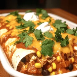 To make your enchiladas tasty and filling, gather these main ingredients: - 2 cups cooked chicken, shredded - 1 cup black beans, drained and rinsed - 1 cup corn kernels (fresh or frozen) - 1 cup shredded sharp cheddar cheese (divided) - 1 cup enchilada sauce (your choice of store-bought or homemade) - 8 small soft flour tortillas These items form the base of your dish. The shredded chicken brings protein and texture. Black beans add fiber and earthiness. Corn brings sweetness, while cheese offers creamy goodness. Feel free to add your twist with these optional ingredients: - Diced bell peppers - Jalapeños for heat - Sliced olives - Avocado for creaminess - Fresh tomatoes for brightness These extras can change the flavor and texture. For example, jalapeños add a spicy kick. Avocado gives a creamy touch, which balances the dish well. Seasonings can elevate your enchiladas to the next level. Include: - 1/2 teaspoon ground cumin - 1/2 teaspoon garlic powder - Salt and black pepper, to taste These spices add warmth and depth. Cumin brings a smoky note, while garlic gives a savory touch. Adjust salt and pepper to suit your taste. These small changes can create a big impact in flavor. For the full recipe, check out the detailed steps to make these easy chicken enchiladas. Enjoy creating a dish that pleases everyone! First, grab a large mixing bowl. Add 2 cups of shredded chicken. Then, mix in 1 cup of black beans and 1 cup of corn. Next, add half of the cheddar cheese, which is 1 cup. Sprinkle in 1/2 teaspoon of ground cumin and 1/2 teaspoon of garlic powder. Season with salt and black pepper to taste. Stir everything well until mixed. Now, take a 9x13 inch baking dish. Start by spreading about 1/4 cup of enchilada sauce on the bottom. This step keeps the tortillas from sticking. Take a soft flour tortilla and place 1/3 cup of the chicken mixture in the center. Roll it up tightly, making sure it is closed at one end. Place it seam-side down in the dish. Repeat this for all tortillas, filling the dish. Pour the rest of the enchilada sauce over the tortillas. Make sure they are well coated. Then, sprinkle the remaining cheddar cheese on top. Cover the baking dish with aluminum foil. Bake in a preheated oven at 350°F (175°C) for 20 minutes. After that, remove the foil and bake for another 10 minutes. Look for bubbling cheese that is lightly golden. Let the enchiladas rest for a few minutes. Garnish with chopped cilantro before serving. To keep your enchiladas from getting soggy, start with dry tortillas. Warm them briefly in a pan. This softens them but keeps them firm. Next, don’t oversaturate with sauce. Use just enough to coat without drowning the tortillas. When layering, use a thin sauce layer on the bottom of the dish. This helps absorb moisture while baking. Finally, bake covered for the first part, then uncover to let steam escape. If you have leftover chicken or beans, you can make a quick soup. Just add broth, seasoning, and vegetables. Another option is to create a chicken salad by mixing with mayo, herbs, and spices. You can also use leftover tortillas to make quesadillas. Fill them with cheese and any extra veggies. This way, you waste nothing and enjoy new meals! For perfect enchiladas, preheat your oven to 350°F (175°C). Cover with foil for the first 20 minutes. This helps heat through without burning. After that, bake uncovered for 10 more minutes. Keep an eye on the cheese. It should be bubbling and lightly golden. This cooking method ensures your enchiladas are warm and delicious. For more details, check the Full Recipe. {{image_4}} You can easily make a vegetarian version of chicken enchiladas. Swap out the chicken for two cups of cooked lentils or black beans. Use the same spices to keep the flavor strong. You can also add more veggies like bell peppers, zucchini, or spinach. This makes for a hearty filling that everyone will love. If you want dairy-free enchiladas, there are great options. Use a dairy-free cheese that melts well, like cashew cheese. Instead of sour cream, try a vegan sour cream or avocado for creaminess. Ensure your enchilada sauce is also dairy-free. This way, you keep the flavors while sticking to a dairy-free diet. To spice things up, add some heat to your chicken enchiladas. Mix in chopped jalapeños or a dash of cayenne pepper to the chicken filling. You can also use spicy enchilada sauce for an extra kick. If you want more flavor, add some chipotle peppers in adobo sauce. This will make your enchiladas bold and exciting. For the full recipe, check out the details above. You can store leftover enchiladas in an airtight container. Make sure they are cool before sealing. Place them in the fridge if you plan to eat them within three days. For longer storage, consider freezing them. They will taste great later on. To reheat your enchiladas, use the oven for the best taste. Preheat it to 350°F (175°C). Place the enchiladas in a baking dish and cover them with foil. Heat for about 15-20 minutes. This keeps them moist and prevents drying out. You can also microwave them for a quicker option. Just cover them with a damp paper towel to keep them soft. Freezing enchiladas is easy and smart! First, let them cool completely. Wrap each enchilada in plastic wrap. Then place them in a freezer-safe bag or container. They can last for up to three months in the freezer. To enjoy them later, thaw them in the fridge overnight before reheating. This method helps keep the texture nice. You can find the Full Recipe for these cheesy delights to ensure perfect results every time! Yes, you can use corn tortillas. Corn tortillas add a nice texture and flavor. They are smaller, so you may need more of them. Just remember to warm them up first. This helps prevent them from breaking. You can serve enchiladas with many tasty sides. Here are some great options: - Guacamole for creamy goodness - Salsa for a fresh kick - Mexican rice for a filling touch - Refried beans for extra protein - A simple salad for crunch These sides make your meal more fun and flavorful. Enchiladas can last for about 3 to 4 days in the fridge. Make sure you store them in an airtight container. This keeps them fresh and safe to eat. When you're ready to enjoy them again, simply reheat in the oven or microwave. They taste great even after a few days! For the full recipe, check out the details above. You’ve learned how to make easy chicken enchiladas, step by step. We covered key ingredients, preparation, and baking tips. You can customize these enchiladas with different flavors and variations. Remember to store any leftovers properly for the best taste later. With these simple tricks, you’ll impress family and friends alike. Enjoy experimenting with your own twist on this classic dish!