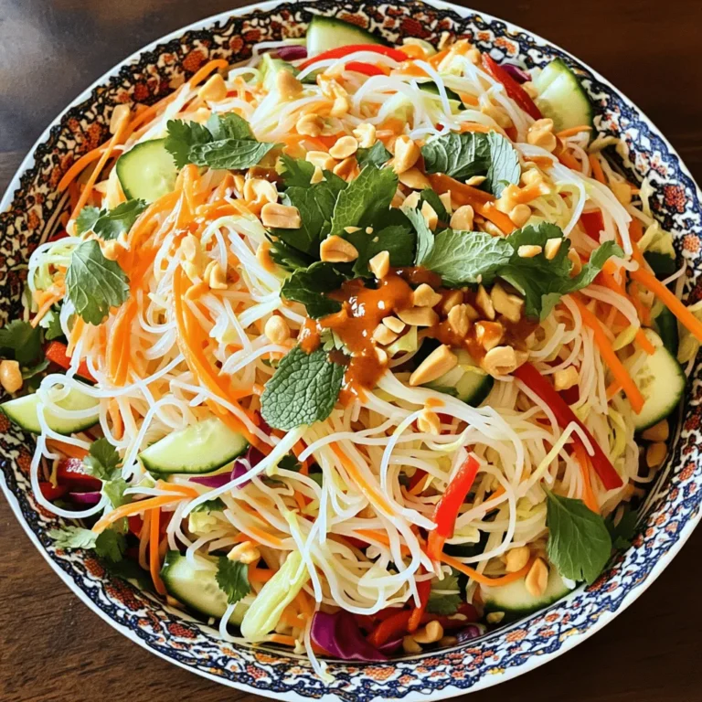 - 8 oz rice vermicelli noodles - 1 cup shredded carrots - 1 red bell pepper, thinly julienned - 1 cucumber, sliced into thin, decorative ribbons - 1 cup red cabbage, finely shredded - 1/2 cup fresh cilantro, coarsely chopped - 1/4 cup fresh mint leaves, coarsely chopped - 1/4 cup roasted peanuts, toasted and roughly chopped for garnish I love using rice vermicelli noodles in this salad. They soak up all the flavors. Fresh veggies add crunch and color. Carrots, bell peppers, cucumbers, and red cabbage make the dish pop. Cilantro and mint give it a fresh taste. You can also use other herbs if you like. - 3 tablespoons freshly squeezed lime juice - 2 tablespoons fish sauce (or soy sauce for a vegetarian option) - 1 tablespoon toasted sesame oil - 1 tablespoon granulated sugar or honey (your choice) - 1-2 teaspoons Sriracha sauce (adjust according to your heat preference) - 1 clove garlic, finely minced - 1 teaspoon fresh ginger, grated The dressing is key to the flavor. Lime juice adds tang. Fish sauce gives it depth, but soy sauce works too! Sesame oil brings a nutty taste. Sugar or honey balances the sour and salty. I like to add Sriracha for heat, but you can adjust it. Garlic and ginger add a nice kick. For the full recipe and step-by-step details, check out the [Full Recipe]. Start by boiling water in a large pot. Use enough water to cover the noodles well. Once the water boils, add the rice vermicelli noodles. Cook them for about 5 minutes. You want them tender, but still a little firm. After cooking, drain the noodles in a colander. Rinse them under cold water. This stops the cooking and keeps them fresh. In a medium bowl, mix the dressing ingredients. Combine lime juice, fish sauce (or soy sauce), sesame oil, and sugar (or honey). Add Sriracha, minced garlic, and grated ginger. Whisk everything until smooth. Taste the dressing. Adjust it to your liking. Add more spice or sweetness as needed. A good dressing makes the salad pop! In a large bowl, add the drained noodles. Then, toss in the fresh veggies: shredded carrots, red bell pepper, cucumber ribbons, and shredded red cabbage. Next, add the chopped cilantro and mint leaves. These herbs give the salad a bright flavor. Now, drizzle the spicy dressing over the noodle mix. Use tongs or salad servers to toss everything together gently. Make sure all the ingredients are coated well. The noodles should soak up the flavors. Finish by sprinkling the toasted peanuts on top. Give it a light toss again to mix. If you want, cover the salad and chill it for 15 to 30 minutes. This helps the flavors combine even better. For more detailed instructions, check the Full Recipe. To get the best texture for your noodles, cook them to al dente. This means they should be firm to the bite but not hard. Boil the rice vermicelli noodles for about five minutes. After that, drain them and rinse under cold water. This rinsing stops the cooking and keeps the noodles fresh and springy. If you skip this step, the noodles can become sticky. Adjust the dressing to suit your taste. You can add more lime juice for tang or more Sriracha for heat. The key is to taste as you mix. If you want to spice it up, consider adding red pepper flakes or crushed peanuts. Fresh herbs like basil or Thai basil can also boost flavor. These simple tweaks can make your salad even more vibrant. Serve your salad in a large, colorful bowl for a beautiful display. You can also portion it into smaller plates for individual servings. Garnish with extra roasted peanuts and a sprig of cilantro on top. This adds a pop of color and makes the dish look inviting. For a special touch, consider adding edible flowers or lime wedges on the side. Enjoy your vibrant and flavor-packed Spicy Thai Noodle Salad! For the complete guide, check out the Full Recipe. {{image_4}} If you want to make this dish vegetarian or vegan, it's easy! You can swap out the fish sauce for soy sauce. This simple change keeps the flavor strong without using fish. You can also add a little extra lime juice for zing. Some people like to add mushrooms or tofu for texture. They soak up the dressing well! Adding protein makes this salad heartier. You can mix in cooked chicken, shrimp, or tofu. If you choose chicken, use grilled or roasted for a nice flavor. Shrimp can be boiled or sautéed until pink. For a vegan option, use firm tofu, cubed and lightly fried. Each protein adds a different taste to the salad. The choice is all yours! You can play with flavors by trying different dressings or spices. For a sweeter touch, add a bit more sugar or honey. If you want more heat, use extra Sriracha or chili flakes. You could even try peanut sauce for a nutty twist. Each variation can change the whole vibe of your Spicy Thai Noodle Salad. Enjoy experimenting to find your favorite mix! To store your Spicy Thai Noodle Salad, place it in an airtight container. This keeps the salad fresh and tasty. Make sure to cover it well to avoid any odors from your fridge. The salad should stay good for about three days. If you have extra dressing, keep it separate to maintain the crunch of the veggies. Freezing this salad is not ideal because of the fresh ingredients. However, if you want to freeze it, try this: store the noodles and veggies separately. This way, they stay fresh. You can freeze cooked noodles for up to one month. For the veggies, they can last in the freezer for about two months. Just remember to let them thaw before serving. The shelf life of your salad depends on how you store it. When refrigerated, the salad lasts about three days. The noodles alone can last longer if kept in a dry place. Fresh veggies usually last about a week in your fridge. Always check for any signs of spoilage before eating. For the full recipe, check out the Spicy Thai Noodle Salad recipe above. To reduce the heat in your Spicy Thai Noodle Salad, adjust the dressing. Here are some tips for lowering the spice level: - Use less Sriracha: Start with just one teaspoon. You can always add more later. - Add more sugar or honey: Sweetness can balance out the heat. Try adding an extra half tablespoon. - Use less fish sauce: This sauce can add depth but can also increase heat. Use about half the amount. - Add creamy ingredients: A dollop of yogurt or a sprinkle of coconut cream can cool the dish down. Feel free to taste as you go. You want it spicy but not overwhelming. Yes, you can make this salad ahead of time. Here are some recommendations: - Prep the ingredients: You can chop the veggies and make the dressing a day in advance. Store them separately in the fridge. - Mix before serving: Combine the noodles and veggies just before serving. This keeps everything fresh and crunchy. - Marinate for flavor: If you want to mix it in advance, let it chill in the fridge for 15-30 minutes. This helps the flavors blend well. Pairing this salad with the right dishes can enhance your meal. Here are some great options: - Grilled chicken or shrimp: These proteins add a nice contrast to the salad. - Spring rolls: Fresh or fried spring rolls complement the flavors well. - Thai curry: A mild coconut curry works nicely with the salad's spice. - Vegetable stir-fry: This adds more veggies and texture to your meal. Spicy Thai Noodle Salad comes from Thailand. It reflects the country's love for bold flavors and fresh ingredients. This dish is common at markets and gatherings. It showcases the balance of sweet, sour, salty, and spicy. The use of rice vermicelli noodles shows how Thai cuisine uses rice in many forms. Enjoying this salad connects you to Thai culture and its vibrant culinary scene. This post explored how to make a fresh Spicy Thai Noodle Salad. We covered the ingredients, including rice vermicelli, crisp veggies, and flavorful dressing. I shared easy steps for cooking and mixing everything together. Plus, I provided tips for taste and how to store leftovers. You can customize this salad with proteins or different dressings. Enjoy creating a delicious dish that fits your taste. Remember, preparing food can be fun and rewarding!