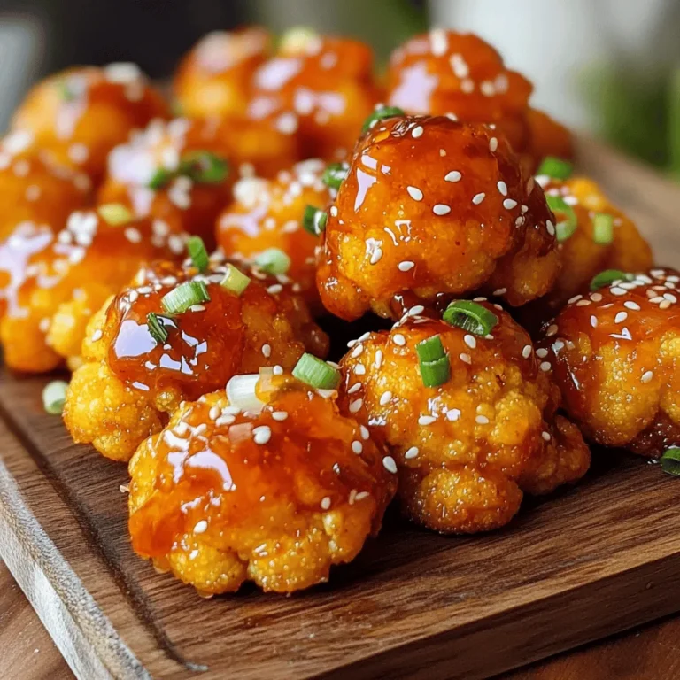 To make Sriracha Honey Cauliflower Bites, you will need: - 1 medium head of cauliflower, cut into bite-sized florets - 1/2 cup all-purpose flour (or gluten-free alternative for a gluten-free option) - 1/2 cup water - 1 teaspoon garlic powder - 1/2 teaspoon paprika - Salt and freshly ground black pepper to taste - 1/4 cup Sriracha sauce (adjust to your spice preference) - 2 tablespoons honey - 2 tablespoons extra virgin olive oil - 1 tablespoon apple cider vinegar - Chopped green onions for garnish - Toasted sesame seeds for garnish You can add extra flavors to your cauliflower bites: - A splash of soy sauce for a savory kick - A squeeze of lime juice for brightness - Chopped cilantro for freshness - Crushed red pepper for added heat If you have dietary needs, consider these swaps: - Use almond flour or chickpea flour instead of all-purpose flour for gluten-free. - Substitute agave syrup for honey to make it vegan. - Replace Sriracha with a milder hot sauce if spice is a concern. - Use coconut oil instead of olive oil for a different flavor profile. Now that you have the ingredients, you’re set to create these tasty bites! For the full recipe, check out the detailed instructions to get started. Start by preheating your oven to 425°F (220°C). Line a baking sheet with parchment paper. This step makes cleanup easy and helps your cauliflower bites crisp up nicely. In a large mixing bowl, whisk together the all-purpose flour, water, garlic powder, paprika, and a pinch of salt and pepper. Keep mixing until the batter is smooth and lump-free. It should be thick enough to coat the cauliflower but not too runny. Take each cauliflower floret and dip it into the batter. Make sure every piece is fully coated. Let the excess batter drip off before placing the florets on your lined baking sheet. Spread them out in a single layer to ensure they cook evenly. Put the baking sheet in your preheated oven. Bake for 20-25 minutes, flipping the florets halfway through. This helps them get nice and crispy. While they bake, mix the Sriracha sauce, honey, olive oil, and apple cider vinegar in a small bowl. Set this sauce aside until the cauliflower is done. After baking, take the cauliflower out of the oven. Drizzle or gently toss the Sriracha honey sauce over the hot bites. Make sure each piece is well-coated. Return them to the oven for another 5-10 minutes. This final bake lets the sauce caramelize, giving your bites a mouthwatering finish. Once done, let the bites cool for a few minutes before serving. For the full recipe, check out the details above! To make your cauliflower bites crispy, here are some simple tips: - Use high heat: Bake at 425°F for the best crunch. - Space the florets: Place them on the baking sheet with space in between. This helps them crisp up. - Flip halfway: Turn the cauliflower bites halfway through baking for even browning. - Dry before coating: Pat the cauliflower dry before dipping it in the batter. This helps the batter stick better. You can easily change the heat of your Sriracha honey cauliflower bites: - Less spice: Use less Sriracha in the sauce. Start with a tablespoon and taste. - More spice: Add extra Sriracha or a pinch of cayenne pepper. - Mild option: For a milder version, mix in some plain honey without Sriracha. Garnishing adds a nice touch to your dish. Here are some ideas: - Chopped green onions: Sprinkle them on top for color and taste. - Toasted sesame seeds: These add crunch and a nutty flavor. - Fresh herbs: Try cilantro or parsley for a bright finish. - Serve with dips: Pair with ranch or yogurt sauce for a cooling effect. For the full recipe of Sriracha honey cauliflower bites, check the [Full Recipe]. {{image_4}} You can change the sauce for more fun. Try using a sweet chili sauce instead. This gives a nice blend of heat and sweetness. If you love garlic, add minced garlic to the honey Sriracha mix. For a tangy twist, mix in lime juice. You can also use soy sauce for an umami kick. Each sauce adds a unique flavor to the bites. Cauliflower is great, but you can mix it up! Broccoli florets work well too. They crisp nicely and absorb flavors. Try Brussels sprouts for a different taste. If you want something crunchy, use carrots cut into sticks. You can even use zucchini, but bake them a bit less to avoid sogginess. Each veggie gives a new spin to this tasty snack. These bites shine as a snack or appetizer. Serve them with a cooling yogurt dip or ranch dressing. This helps balance the heat. For a fun twist, pair them with sushi rolls or fresh spring rolls. You can also serve them as a side with grilled meat. The contrast of flavors will impress your guests. For a full meal, add a side salad for crunch and freshness. Enjoy mixing and matching to find your favorite pairings! To store your Sriracha honey cauliflower bites, let them cool first. Place them in an airtight container. Keep them in the fridge for up to three days. This way, they stay fresh and tasty. Reheat your cauliflower bites in the oven for the best results. Preheat your oven to 350°F (175°C). Spread the bites on a baking sheet. Heat them for about 10-15 minutes. This makes them crispy again. You can also use an air fryer for a quick reheat. To freeze, first cool the bites completely. Then, place them in a single layer on a baking sheet. Freeze until solid, about an hour. After that, transfer them to a freezer-safe bag or container. They can last up to three months. When you're ready to eat, bake them straight from the freezer without thawing. Enjoy the same great flavor! For the full recipe, check the earlier section. Yes, you can easily make this recipe gluten-free. Just swap the all-purpose flour with a gluten-free flour blend. Many brands offer great options that work well in batters. This way, you can enjoy the same tasty bites without gluten. The spice level depends on how much Sriracha you use. The recipe calls for 1/4 cup Sriracha, which gives a nice kick. If you prefer less heat, reduce the Sriracha to suit your taste. You can also try adding a bit of honey for sweetness to balance the heat. These bites pair well with many side dishes. Here are some ideas: - Creamy ranch dip - Cool yogurt sauce - Fresh vegetable sticks - Rice or quinoa salad These options add variety and balance to your meal. You can store leftover bites in the fridge for up to 3 days. Place them in an airtight container to keep them fresh. When ready to eat, reheat them in the oven for the best texture. This helps them regain their crispiness. For the full recipe, check the details above. This blog post showed you how to make delicious Sriracha Honey Cauliflower Bites. You learned about the key ingredients, how to customize them, and options for different diets. I provided step-by-step instructions to create the perfect bites. You also got tips for achieving crispy results and exciting variations to try. Finally, I shared storage info to keep your leftovers tasty. Make these bites your own, and enjoy serving them at your next meal. Happy cooking!