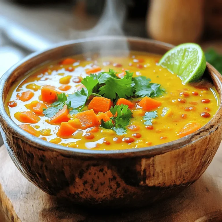 To make Coconut Curry Lentil Soup, you need these simple ingredients: - 1 cup red lentils, thoroughly rinsed - 1 can (14 oz) creamy coconut milk - 4 cups vegetable broth, preferably low-sodium - 1 tablespoon coconut oil - 1 medium onion, finely diced - 2 cloves garlic, minced - 1 tablespoon fresh ginger, peeled and grated - 2 tablespoons yellow curry powder - 1 teaspoon turmeric powder - 1 teaspoon ground cumin - 1 medium carrot, peeled and diced - 1 bell pepper, diced (any color for a vibrant look) - 1 cup fresh or frozen spinach - 2 tablespoons fresh lime juice - Salt and black pepper to taste - Fresh cilantro leaves for garnishing If you have allergens, here are some easy swaps: - Use olive oil instead of coconut oil for a nut-free option. - Swap coconut milk with almond or soy milk for a lighter soup. - Replace lentils with chickpeas for a different texture. To make your soup even better, try these toppings: - A drizzle of coconut cream for extra richness. - Sliced jalapeños for a bit of heat. - Toasted coconut flakes for a crunchy bite. - A sprinkle of sesame seeds for added flavor. Feel free to experiment with these options to find your favorite combination. This Coconut Curry Lentil Soup is sure to be a hit, and you can find the Full Recipe for more detailed steps. To make Coconut Curry Lentil Soup, gather your ingredients first. You will need red lentils, coconut milk, vegetable broth, coconut oil, onion, garlic, ginger, spices, and vegetables. This soup takes about 30 minutes from start to finish. 1. In a large pot, heat the coconut oil over medium heat. Wait until it shimmers. 2. Add the diced onion. Sauté for 5-7 minutes. The onion should become soft and clear. 3. Mix in minced garlic and grated ginger. Cook for another 1-2 minutes. You want it to smell great. 4. Stir in the yellow curry powder, turmeric, and ground cumin. Toast the spices for about 1 minute. This makes the flavors pop. 5. Add the diced carrot and bell pepper. Stir often for 5 minutes. The veggies should be a bit soft. 6. Pour in the vegetable broth and turn up the heat. Bring it to a boil. 7. Once boiling, add the rinsed red lentils. Lower the heat to a simmer and cover. Cook for 15-20 minutes. The lentils should be tender. 8. After cooking, stir in the coconut milk and spinach. Cook for 2 more minutes. The spinach should wilt nicely. 9. Take the pot off the heat. Add fresh lime juice, salt, and black pepper. Mix well. 10. If you want a creamier soup, blend part of it with an immersion blender. For a smooth texture, blend some of the soup after cooking. You can also adjust the amount of coconut milk based on your taste. If you prefer a chunkier soup, skip the blending step. Serve it hot in cozy bowls. This dish is all about comfort and warmth. For the full recipe, check out the detailed steps and ingredients. Enjoy your cooking! Store leftover Coconut Curry Lentil Soup in an airtight container. It stays fresh in the fridge for up to four days. If you want to keep it longer, freeze it. Use freezer-safe containers or bags. When freezing, leave some room for expansion. This soup is great for meal prep. To reheat, place the soup in a pot over low heat. Stir it often to prevent sticking. You can also use a microwave. Heat it in short bursts, stirring in between. Make sure it's hot all the way through before serving. Add a splash of water or broth if it thickens too much. Want to boost the flavor? Add a pinch of salt or extra lime juice. Fresh herbs like basil or mint can add brightness. Consider stirring in some cooked protein like chicken or tofu. For a kick, add a dash of hot sauce or red pepper flakes. Each tweak brings new joy to every bowl. {{image_4}} Coconut Curry Lentil Soup is naturally vegan and gluten-free. The ingredients are all plant-based. You can enjoy this soup without worry. Use vegetable broth, as it keeps the soup vegan. This dish is perfect for everyone, even those with dietary restrictions. To make this soup heartier, you can add protein. If you like chicken, use cooked, shredded chicken. Stir it in after cooking the lentils. For a plant-based option, use tofu. Press and cube firm tofu, then sauté it before adding it to the soup. Both options enhance flavor and make the meal filling. You can easily adjust the spice level in this soup. If you prefer mild flavors, use less curry powder. For a spicier kick, add red pepper flakes or diced chilies. Start slow and taste as you go. This way, you can get the perfect heat level for your palate. Coconut curry lentil soup is best with warm, crusty bread. It soaks up the rich soup. You can also serve it with fluffy rice for a filling meal. A side salad with fresh greens adds a nice crunch. Try a simple cucumber salad with a squeeze of lime. The coolness of the cucumber balances the warm spices. For drinks, a light herbal tea works well. Mint or chamomile tea can soothe your palate. You can also enjoy this soup with a cold glass of coconut water. It enhances the coconut flavor and keeps things refreshing. If you like wine, a fruity white wine pairs nicely. It complements the spices without overpowering them. Serve the soup hot in cozy bowls for the best experience. A sprinkle of fresh cilantro adds color and flavor. Place a lime wedge on the side for a zesty touch. You can also drizzle a bit of coconut milk on top for a creamy look. This adds extra richness and makes the dish look beautiful. Coconut Curry Lentil Soup can last up to five days in the fridge. Store it in an airtight container. If you notice any change in smell or color, it's best to toss it out. For best taste, eat it within three days. Yes, you can freeze this soup! It stays good in the freezer for about three months. Just make sure to cool it down first and then transfer it to a freezer-safe container. Label the container with the date. When ready to eat, thaw it in the fridge overnight before reheating. If you need a substitute for coconut milk, almond or soy milk works well. You can also use cashew cream for a similar texture. Keep in mind that these options will change the flavor a bit. Adding a bit of extra seasoning may help with this. Absolutely! This soup is perfect for meal prep. You can make a big batch and portion it out. It tastes even better the next day. Just remember to keep it in the fridge or freezer, depending on when you plan to eat it. Check the Full Recipe for more cooking tips! Coconut Curry Lentil Soup is fun to make and easy to enjoy. We covered ingredients, substitutions, and optional toppings. You learned step-by-step cooking instructions and tips for the best flavor. I shared ways to store and reheat leftovers. You can also explore variations to fit your needs. Serve it with your favorite sides and drinks for a great meal. Remember, this soup is perfect for meal prep. Enjoy creating and sharing this warm, delicious dish anytime!
